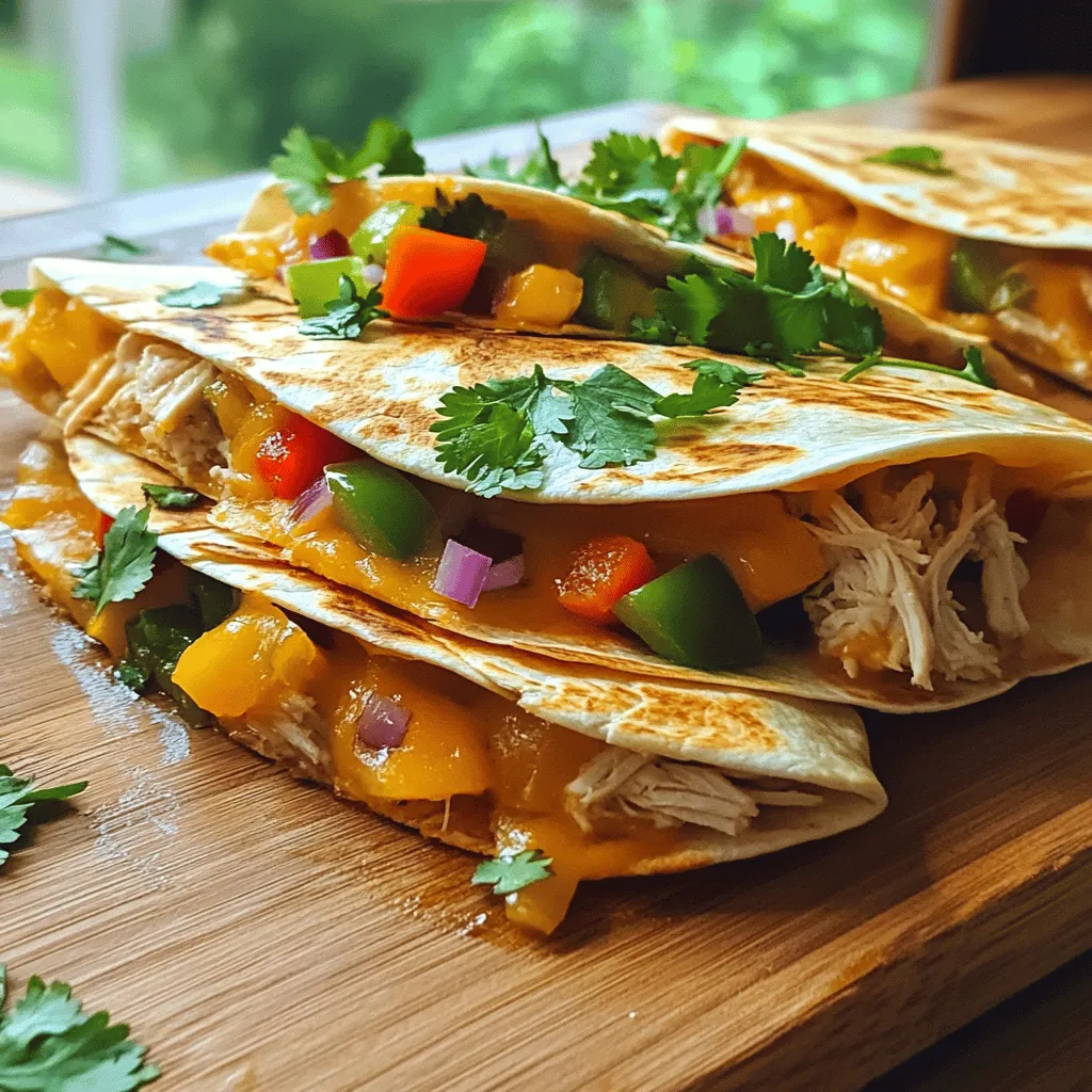 To make classic chicken quesadillas, you need a few key ingredients: - 2 cups cooked chicken, shredded - 1 cup shredded sharp cheddar cheese - 1 cup shredded Monterey Jack cheese - 1/2 cup bell peppers, diced (choose a mix for color) - 1/2 cup red onion, finely chopped - 2 tablespoons fresh cilantro, chopped - 1 teaspoon taco seasoning - 4 large flour tortillas - 2 tablespoons olive oil - Salt and black pepper to taste These ingredients work together to create a tasty dish. The chicken gives protein, while the cheeses melt into a gooey delight. The veggies add crunch and flavor, and the spices bring it all together. If you want to make your quesadillas even better, consider these add-ins and toppings: - Avocado slices for creaminess - Jalapeños for heat - Corn for sweetness - Black beans for extra fiber - Salsa or pico de gallo for freshness - Sour cream or guacamole for dipping Feel free to mix and match these options. Tailor the recipe to your taste, and have fun with it! You’ll need a few tools to make your quesadillas: - Large mixing bowl - Large skillet - Spatula - Cutting board - Knife Having the right equipment makes cooking easier. The skillet is key for getting that crispy texture. A sharp knife helps with chopping veggies quickly. With these tools, you’ll be ready to create your delicious meal. For the full recipe, check the recipe section above. First, gather your ingredients. You’ll need chicken, cheese, peppers, onion, and spices. In a large bowl, mix these items. Use 2 cups of cooked, shredded chicken. Add 1 cup of sharp cheddar and 1 cup of Monterey Jack cheese. Next, toss in 1/2 cup of diced bell peppers and 1/2 cup of finely chopped red onion. Finally, add 2 tablespoons of chopped cilantro and 1 teaspoon of taco seasoning. Season with salt and black pepper to taste. Mix it all well to coat everything with the spices. Now, heat 1 tablespoon of olive oil in a skillet over medium heat. When the oil is hot, lay one tortilla in the skillet. On one half, add 1/4 cup of cheddar and 1/4 cup of Monterey Jack cheese. Spoon your chicken mixture on top of the cheese. Fold the tortilla in half and press down with a spatula. Cook for 3-4 minutes until golden brown. Flip the quesadilla and cook for another 3-4 minutes. The tortilla should be crispy, and the cheese should melt. Remove it from the skillet and let it cool for a minute. Slice it into wedges and repeat with the other tortillas. Serve your quesadilla wedges on a platter. You can pair them with fresh salsa, sour cream, or guacamole. For a nice touch, arrange the wedges in a circle. Garnish with lime wedges and extra cilantro. This adds color and freshness to your meal. Enjoy your delicious chicken quesadillas! To get that perfect crisp, heat your skillet before adding the oil. Use medium heat to avoid burning. Add just enough oil to coat the pan. Too much oil can make your quesadilla soggy. Cook each side for about 3-4 minutes until golden brown. Press down gently with a spatula while cooking. This helps the cheese melt and bond the quesadilla. You can make your quesadilla unique by changing the filling. Try adding black beans, corn, or jalapeños for more flavor. For a twist, use different meats like beef or shrimp. You can also add fruits like pineapples for a sweet touch. Be creative and mix flavors that you love. Don’t forget to adjust the seasoning to match your taste. Dipping sauces can take your quesadilla to the next level. Fresh salsa is a classic choice, adding a fresh kick. Creamy sour cream cools down spicy flavors. Guacamole adds a rich, buttery taste. You can also try chipotle sauce for a smoky flavor. Mix and match these sauces to find your favorite combination. Enjoy the full recipe for more ideas! {{image_4}} You can easily make a tasty vegetarian version of chicken quesadillas. Swap out the chicken for black beans or sautéed mushrooms. You can also add more veggies, like zucchini or corn. These swaps keep the meal filling and flavorful. If you love heat, try adding jalapeños or diced green chilies to your quesadilla mix. You can also sprinkle hot sauce on the filling for more spice. These spicy additions will bring a delightful kick to your dish. Cheese is key to great quesadillas. While I love sharp cheddar and Monterey Jack, you can mix it up. Try pepper jack for a spicy twist or feta for a tangy flavor. Combining different cheeses can create a rich and unique taste. These variations will make each bite exciting. Feel free to explore these options and make your quesadillas your own. For the classic version, check out the Full Recipe. To store leftover quesadillas, let them cool first. Then, wrap each quesadilla in plastic wrap or foil. Place them in an airtight container. This keeps them fresh. You can store them in the fridge for up to three days. When reheating, I recommend using a skillet. Heat it over medium heat. Place the quesadilla in the skillet for about three minutes. Flip it and heat for another two minutes. This keeps the tortilla crispy and the cheese melty. You can also use a microwave, but it may make the tortilla soft. Freezing quesadillas is easy. Wrap each one in plastic wrap, then foil. Store them in a freezer bag. They can last for up to three months. When ready to eat, thaw them in the fridge overnight. Reheat in the skillet for the best taste. For the full recipe, check out the details above. Yes, you can use many types of tortillas. Flour, corn, or whole grain work well. Flour tortillas give a soft and chewy texture. Corn tortillas are firmer and add a nice crunch. Whole grain tortillas offer a healthy twist. Choose based on your taste and texture preference. To make quesadillas on a grill, preheat it to medium heat. Use a grill-safe pan or place the quesadilla directly on the grates. Cook for about 3-4 minutes on each side. Check for a crispy outside and melted cheese inside. This method adds a nice smoky flavor. You can use many proteins in quesadillas. Try beef, pork, shrimp, or tofu for variety. Each protein adds a unique taste. For a vegetarian option, black beans or lentils make great choices. Mix and match to find your favorite combination. Many sides go well with chicken quesadillas. Fresh salsa adds a zesty touch. Guacamole provides a creamy contrast. You can also serve with a side salad or chips. Sour cream is a classic dip that enhances the flavors. Choose sides that balance the meal. For the full recipe, check out the Classic Chicken Quesadillas guide. You learned about classic chicken quesadillas, from key ingredients to tasty variations. With step-by-step instructions, you now know how to prepare, cook, and serve them. Remember the tips for perfect crispiness and customizing flavors. Don't forget to try different cheeses or add spice for a kick. Finally, store your leftovers properly for future meals. Enjoy making this dish for family and friends. Your quesadilla journey starts now!