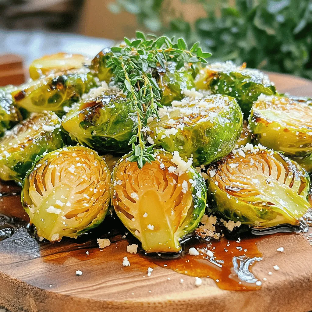 - 1.5 pounds fresh Brussels sprouts, trimmed and halved - 1/4 cup high-quality balsamic vinegar - 2 tablespoons honey, preferably raw for richer flavor - 3 tablespoons extra-virgin olive oil - 1 teaspoon garlic powder - Salt and freshly ground black pepper, to taste - 1/4 cup grated parmesan cheese (optional for a cheesy twist) - Fresh thyme sprigs, for garnish Balsamic roasted Brussels sprouts are simple yet packed with flavor. Fresh Brussels sprouts are the star of this dish. When you choose them, look for bright green, firm sprouts. Halve them for even cooking. Balsamic vinegar adds tang and sweetness, while honey enhances the natural flavors. Extra-virgin olive oil helps with roasting. It adds richness and keeps the sprouts from sticking. For seasoning, garlic powder gives a nice kick. Salt and pepper bring out the taste. If you want a cheesy touch, parmesan cheese is a great option. It melts beautifully and adds depth. Fresh thyme sprigs are perfect for garnish. They add a pop of color and a hint of herbal aroma. This recipe is easy to follow. You can find the full recipe above. Enjoy making this delightful side dish! Start with fresh Brussels sprouts. Trim the ends and remove any yellow leaves. Cut each sprout in half. This helps them cook evenly. Next, preheat your oven to 425°F (220°C). A hot oven gives us great roasting results. In a large bowl, add the halved Brussels sprouts. Pour in 3 tablespoons of extra-virgin olive oil. Add 1/4 cup of balsamic vinegar and 2 tablespoons of honey. Sprinkle in 1 teaspoon of garlic powder. Season with salt and pepper to taste. Toss everything together. Make sure each sprout gets coated well with the mixture. Spread the Brussels sprouts on a baking sheet in a single layer. Avoid overlapping them. This helps them roast evenly. Place the sheet in the preheated oven. Roast for about 20 to 25 minutes. Halfway through, toss them to ensure even caramelization. If you want, add 1/4 cup of grated parmesan cheese during the last 5 minutes. This gives a nice cheesy flavor. When they’re done, let them cool a bit before serving. Garnish with fresh thyme for a lovely touch. For the full recipe, check out the details above! To achieve optimal crispiness with your Brussels sprouts, spread them out evenly on the baking sheet. Avoid overcrowding them. This allows hot air to circulate around each sprout, making them crisp and golden. Toss the sprouts halfway through cooking. This step helps ensure all sides get that perfect caramelization. To check for doneness, look for a deep golden color. The sprouts should be tender but not mushy. You can test one by piercing it with a fork. If it goes in easily, they are ready! If you want a cheesy twist, add the grated parmesan cheese during the last five minutes of roasting. This way, the cheese melts slightly and coats the sprouts. The result is a rich, savory flavor that pairs perfectly with the balsamic glaze. Make sure to use freshly grated parmesan for the best taste. It melts better and adds a nice texture. For plating, use a large white platter to really make the sprouts stand out. Arrange them in a neat pile or in a circle for visual appeal. To elevate your dish, drizzle some balsamic glaze over the top just before serving. This adds extra flavor and makes the dish look restaurant-quality. A few sprigs of fresh thyme can add a nice touch too! {{image_4}} You can easily change the taste of balsamic roasted Brussels sprouts. Adding spices like cayenne pepper or paprika gives a nice kick. If you want a sweet and savory mix, try adding a splash of maple syrup. This adds depth and balances the flavors. For a healthier option, swap out honey for maple syrup. It offers a similar sweetness with fewer calories. Additionally, using a low-sodium balsamic vinegar helps you cut back on salt. This way, you can enjoy a tasty dish without worrying too much about sodium intake. Balsamic roasted Brussels sprouts pair well with many main dishes. They complement chicken, fish, or even a hearty veggie burger. You can also toss them into a salad. This adds a warm element and a burst of flavor. For the full recipe, check the section above. To keep your leftover balsamic roasted Brussels sprouts fresh, store them in the fridge. Use an airtight container for the best results. These sprouts taste great for up to 3 days. Make sure to cool them down before sealing. This helps keep them crisp and delicious. You can reheat Brussels sprouts in a few ways. The oven works best. Preheat it to 350°F (175°C). Spread the sprouts on a baking sheet and heat for about 10 minutes. This keeps them crispy. You can also use the microwave. Heat them in short bursts of 30 seconds. Stir between each burst to avoid sogginess. If you want to save them longer, freezing is an option. First, cool the sprouts completely. Then, place them in a freezer-safe bag. Remove as much air as you can. They can last up to 3 months in the freezer. When you're ready to eat, thaw them in the fridge overnight. Reheat as usual for a tasty side dish later. For the full recipe, check out the details above. Yes, you can use frozen Brussels sprouts. They save time and can be just as tasty. Here are a few tips: - Thaw First: Thaw them in the fridge overnight or use the microwave. - Drain Well: Make sure to drain any excess water. This helps them roast better. - Roasting Time: Increase cooking time by 5-10 minutes since frozen sprouts are colder. Using frozen Brussels sprouts can still yield a delightful dish, especially when you follow these steps. To make balsamic roasted Brussels sprouts vegan, simply substitute a couple of ingredients: - Honey: Use maple syrup or agave nectar instead. Both add sweetness. - Parmesan Cheese: Skip it or use a vegan cheese alternative. Nutritional yeast also adds a cheesy flavor. These simple swaps keep your dish plant-based while still being delicious. Balsamic roasted Brussels sprouts pair well with many dishes. Here are a few ideas: - Roasted Chicken: The savory notes complement the sprouts nicely. - Grilled Fish: Light fish enhances the meal without overpowering it. - Quinoa Salad: A hearty salad adds texture and makes it filling. These options create a balanced meal that everyone will enjoy. To avoid bitterness in Brussels sprouts, follow these tips: - Trim Properly: Cut off the ends and remove any yellow leaves. - Season Generously: Use salt, pepper, and a good balsamic vinegar. These enhance flavor. - Roast Well: Proper roasting brings out their natural sweetness, reducing bitterness. With these steps, you will get delicious, flavorful Brussels sprouts every time. For the full recipe, click here: [Full Recipe]. This recipe for balsamic roasted Brussels sprouts combines fresh ingredients for a delicious dish. You learned how to cut, season, and roast them for optimal taste. We also explored tips for perfecting your sprouts and variations to keep meals exciting. Remember, you can store leftovers easily or make them vegan. Enjoy these delicious sprouts with your favorite meals or salads. Experiment and find the flavors that you love most. Happy cooking!