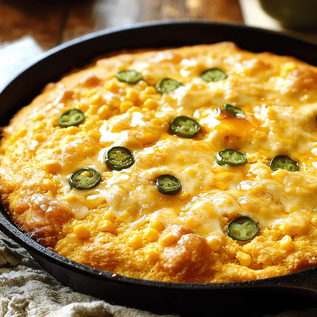 - 1 cup cornmeal - 1 cup all-purpose flour - 1 cup buttermilk (or 1 cup milk with 1 tablespoon vinegar) - 2 large eggs, lightly beaten - 1/4 cup unsalted butter, melted - 1 cup shredded sharp cheddar cheese - 1/2 cup pickled jalapeños, finely chopped - 1/3 cup corn kernels (fresh or frozen) - 1 tablespoon baking powder - 1/2 teaspoon salt - 1/4 teaspoon cayenne pepper When I prepare Cheesy Jalapeño Cornbread, I always start with the main ingredients. I find that using fresh cornmeal and quality flour makes a big difference. Buttermilk gives it a nice tang, while eggs and melted butter create a rich base. Next, I add flavor boosters. Sharp cheddar cheese is my go-to for that cheesy kick. Pickled jalapeños bring heat and a bit of tang. I also like to toss in corn kernels for sweetness and texture. Lastly, I mix in my dry ingredients. Baking powder helps the cornbread rise. Salt enhances all the flavors while cayenne pepper adds a fun, spicy twist. You can find the complete recipe for this delightful dish in [Full Recipe]. - Preheat oven to 400°F (200°C). - Grease a 9-inch square baking dish or cast-iron skillet. Start by heating your oven. This step ensures your cornbread bakes evenly. While it warms up, grab your baking dish. Greasing your dish well helps the cornbread come out easily after baking. - Sift cornmeal, all-purpose flour, baking powder, salt, and cayenne pepper. - Whisk until well combined. In a large bowl, use a sifter for the dry ingredients. This helps mix them well and adds air, making the cornbread fluffy. After sifting, whisk everything together. You want no lumps in your mix to ensure a smooth batter. - Whisk buttermilk, eggs, honey, and melted butter until smooth. - Pour wet ingredients into dry ingredients and mix gently. In a separate bowl, combine the buttermilk, eggs, honey, and melted butter. Whisk until smooth. Then, pour this mix into your dry ingredients. Be gentle when mixing. Too much stirring can make your cornbread tough. - Fold in cheddar cheese, jalapeños, and corn until even. - Transfer batter to the prepared baking dish. Now it’s time for the fun part! Gently fold in the cheddar cheese, jalapeños, and corn. This adds great flavor and texture. Once everything is mixed evenly, pour the batter into your greased baking dish. Spread it out evenly with a spatula. - Bake for 20-25 minutes until golden brown. - Cool in pan for 10 minutes before slicing. Place the dish in the oven and bake. Check after 20 minutes. When the top is golden brown, it’s ready. To make slicing easier, let it cool for about 10 minutes in the pan. Now, your cheesy jalapeño cornbread is ready to enjoy! For the full recipe, see above. To get a fluffy cornbread, avoid overmixing the batter. When you combine wet and dry ingredients, stir just until mixed. This keeps the cornbread light and airy. If you mix too much, it can become tough. After baking, let the cornbread cool for about 10 minutes. This cooling time helps with slicing and keeps it moist. You can make this cornbread even tastier by trying different types of cheese. A mix of cheddar and pepper jack adds a fun twist. You can also change how many jalapeños you use. If you want it mild, use less. For more heat, add extra jalapeños. Adjusting the spice level can make it perfect for your taste. Serve the cornbread warm for the best taste. Top it with melted cheese and a drizzle of honey. This adds a nice sweetness that balances the spice. For a pop of color, garnish with slices of pickled jalapeños. This not only looks good but also adds more flavor. For the full recipe, check out the earlier sections. {{image_4}} You can easily modify this recipe for special diets. For a gluten-free option, use gluten-free flour instead of regular flour. This keeps the texture light while avoiding gluten. If you want a vegan version, replace the eggs with flax eggs. Mix one tablespoon of ground flaxseed with three tablespoons of water. Let it sit for a few minutes to thicken. Also, use plant-based milk instead of buttermilk. These swaps keep the cornbread tasty and friendly for all diets. Get creative with your cornbread by adding fresh herbs. Chopped cilantro or chives give it a fresh taste. You can also mix in other fun ingredients. Try sun-dried tomatoes for a tangy kick. Bacon bits add a savory crunch. These mix-ins can change the flavor and keep your cornbread exciting. Cheesy jalapeño cornbread is great on its own, but it shines when paired with other dishes. It goes perfectly with chili or barbecue. The heat from the jalapeños adds a nice touch to hearty meals. You can also serve it as a side for soups or salads. The cornbread adds texture and flavor to any meal. For a full recipe, check out the [Full Recipe]. You can store leftover Cheesy Jalapeño Cornbread in an airtight container. Keep it at room temperature for up to 3 days. This way, it stays fresh and delicious for your next meal or snack. For longer storage, refrigerate the cornbread. It lasts up to a week in the fridge. If you want to store it even longer, freeze it for up to 3 months. Wrap it well in plastic wrap or foil to prevent freezer burn. When you're ready to enjoy it, reheat the cornbread in the oven or microwave. This keeps it soft and tasty, just like when it was fresh. Yes, you can make Cheesy Jalapeño Cornbread ahead of time. Just bake it and let it cool. Once cool, wrap it tightly or store it in a container. When you're ready to eat, just reheat it in the oven. This keeps all the flavors fresh and tasty. To check if the cornbread is done, insert a toothpick in the center. If it comes out clean, it's ready. The top should also be golden brown. If it’s still wet, bake it a few more minutes. Keep an eye on it to avoid burning. Cheesy Jalapeño Cornbread works great with many dishes. It pairs well with soups and stews. You can also enjoy it as a tasty snack by itself. It’s perfect for any meal or just for munching. Yes, you can use fresh jalapeños. Just chop them finely and add them to the mix. If you prefer less heat, remove the seeds. Adjust the amount based on how spicy you like it. Fresh jalapeños give a nice crunch and flavor. This blog post covered how to make Cheesy Jalapeño Cornbread. You learned about key ingredients, step-by-step instructions, and useful tips. I shared ideas for dietary swaps and ways to store your cornbread. Remember, tweaking flavors keeps it fun. You can serve this dish with many meals or enjoy it on its own. Now, grab your ingredients and start baking. Enjoy the warm, cheesy taste and share it with friends and family!