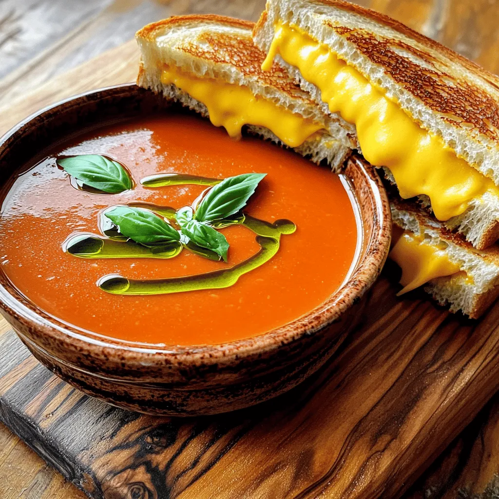 - 4 cups ripe tomatoes, chopped (or 2 cans of whole peeled tomatoes) - 1 medium onion, finely diced - 2 cloves garlic, minced - 2 tablespoons extra virgin olive oil - 1 teaspoon dried basil (or fresh if available) - 1 cup vegetable broth or stock - 1 teaspoon sugar (to balance the acidity) - Salt and freshly cracked black pepper, to taste - 1/2 cup heavy cream (optional for added creaminess) Tomatoes form the base of your soup. Fresh tomatoes offer bright flavors. Canned tomatoes provide convenience and still taste great. The onion and garlic bring depth. They make the soup rich and tasty. Olive oil adds smoothness and a lovely aroma. Basil gives a hint of earthiness. Vegetable broth enhances the soup's overall flavor. - 4 slices of your favorite bread (sourdough or whole grain recommended) - 4 slices of cheddar cheese (or gouda or mozzarella) - Butter, for grilling For grilled cheese, pick the right bread. Sourdough gives a crunchy crust. Whole grain adds a nutty taste. Choose cheese that melts well. Cheddar is classic, while gouda offers a sweet touch. Mozzarella gives a gooey, stretchy bite. Butter is key for golden, crispy sandwiches. - Heavy cream for creaminess - Sugar to balance acidity Want to make the soup creamier? Heavy cream will do the trick. It adds a rich texture. A little sugar helps cut the acidity of the tomatoes. This makes the soup smoother and more balanced. You can adjust these according to your taste. For the full recipe, please check the provided link. First, heat 2 tablespoons of olive oil in a large pot over medium heat. Add 1 finely diced onion. Sauté for about 5 minutes until it turns clear. Then, stir in 2 minced garlic cloves. Cook for 1 more minute. This helps blend the flavors. Next, add either 4 cups of chopped fresh tomatoes or 2 cans of whole peeled tomatoes. Mix in 1 teaspoon of dried basil and 1 teaspoon of sugar. The sugar helps balance the tomato’s acidity. Let this simmer for 10 minutes. The tomatoes should soften nicely. Now, pour in 1 cup of vegetable broth. Bring the mixture to a gentle boil. Reduce the heat, and let it simmer uncovered for 15 minutes. This step deepens the flavors. After that, use an immersion blender to puree the soup until it is smooth. If you prefer, you can blend it in batches using a regular blender. If you want creaminess, gently fold in ½ cup of heavy cream after blending. Taste the soup and add salt and pepper to your liking. Keep it warm as you make the grilled cheese. For the sandwiches, gather 4 slices of your favorite bread, like sourdough or whole grain. Start by melting a small amount of butter in a skillet over medium heat. Place one slice of bread in the skillet. Add a slice of cheddar cheese on top. Finish with another slice of bread to form a sandwich. Grill each side for 3 to 4 minutes. The bread should turn golden brown, and the cheese must be melted and bubbly. Repeat this for the other sandwiches. To serve, ladle the warm tomato soup into bowls. Pair it with the grilled cheese sandwiches cut diagonally for easy dipping. For a lovely presentation, drizzle some high-quality olive oil on top of the soup. You can also garnish with torn basil leaves or a sprinkle of crushed red chili flakes. Serve the sandwiches on a rustic wooden board beside the soup. This creates a cozy and inviting meal. For the complete recipe, check out the [Full Recipe]. Using fresh tomatoes gives a bright taste. They add sweetness and depth. If fresh ones are not available, canned tomatoes work well, too. Opt for whole peeled tomatoes for rich flavor. Balancing seasoning is key. A pinch of sugar cuts the acidity of the tomatoes. Salt enhances the taste. It brings the flavors together. Always taste your soup before serving. Adjust the sugar and salt to your liking. Choosing the right cheese makes a difference. Cheddar melts well and has great flavor. Gouda adds a creamy touch, while mozzarella gives a stretchy texture. Use a mix for a fun twist. Grilling at the right temperature is vital. Medium heat works best for even cooking. If it’s too hot, the bread burns before the cheese melts. Grill for 3 to 4 minutes on each side. Look for a golden brown color and melting cheese. Garnishes make your soup look special. A drizzle of olive oil adds shine and flavor. Fresh basil leaves give a pop of color. A dash of crushed red chili flakes adds spice and interest. Pairing drinks elevates the meal. A simple sparkling water refreshes your palate. For something cozy, try hot tea or a light red wine. Each sip complements the soup and grilled cheese perfectly. For the full recipe, check out [Full Recipe]. {{image_4}} You can spice up your classic tomato soup in fun ways. One great option is to make a spicy tomato soup by adding chili flakes. Just sprinkle in some flakes while the soup simmers. This adds a nice kick without overpowering the tomatoes. Another tasty twist is roasted tomato soup. Roasting the tomatoes brings out a deeper, sweeter flavor. Simply roast halved tomatoes in the oven with a bit of olive oil. Blend these roasted tomatoes into your soup for a rich taste. Grilled cheese sandwiches are endlessly fun to customize. Try adding vegetables like fresh spinach or sliced tomatoes to your sandwich. This not only adds color but also boosts nutrition. You can also experiment with different cheese blends. Mix sharp cheddar with creamy gouda or even mozzarella for a unique flavor. Each cheese adds its own charm to the sandwich. If you're short on time, consider using an Instant Pot for the tomato soup. This method cooks the soup quickly while keeping all the rich flavors. Just follow the same steps in the pot, and you’ll have soup ready in no time. For the grilled cheese, an air fryer works wonders too. It crisps the bread perfectly without much fuss. Set your air fryer to 375°F and cook the sandwiches for about 5-7 minutes. This method gives you a delicious crunch with less oil. Try these variations and methods to find your favorite version of this timeless dish. For the full recipe, check out the Heavenly Tomato Comfort with Grilled Cheese Delight section! To store leftover tomato soup, let it cool first. Use an airtight container for best results. Keep it in the fridge for up to four days. If you want longer storage, you can freeze it. Pour the soup into freezer-safe bags or containers. Make sure to leave some space for expansion. Tomato soup can last up to six months in the freezer. When ready to eat, thaw it in the fridge overnight before reheating. Storing grilled cheese sandwiches is simple. Let them cool on a wire rack to avoid sogginess. Wrap each sandwich tightly in plastic wrap or foil. This helps keep them fresh. In the fridge, they will last for about two days. For the best taste, reheat them in a skillet. Heat each side until golden brown and the cheese melts. This keeps the sandwich crispy and delicious. When stored properly, tomato soup stays good in the fridge for four days. Grilled cheese sandwiches have a shorter shelf life. They last about two days in the fridge. After that, they may lose texture and taste. Always check for any signs of spoilage before eating leftovers. Enjoying them fresh is best, but knowing how to store them helps you make the most of your cooking. You can reduce acidity by adding sugar or baking soda. A teaspoon of sugar works well. It balances the natural tartness of tomatoes. Baking soda neutralizes acidity, so just a pinch will do. Stir it in while cooking, and taste as you go. Yes, fresh herbs add great flavor. I recommend using fresh basil for tomato soup. You can also try parsley or thyme. Fresh herbs have a brighter taste. Use double the amount of fresh herbs compared to dried. Popular choices for grilled cheese include sourdough, whole grain, and rye. Sourdough has a nice tang and crisp crust. Whole grain adds nuttiness and fiber. Rye gives a unique flavor that pairs well with cheese. Absolutely! You can make tomato soup a day or two in advance. Store it in an airtight container in the fridge. Reheat it on the stove, adding a splash of broth if needed. This allows the flavors to meld even more. You can add meats like turkey, ham, or bacon for extra protein. Alternatively, try legumes like chickpeas or lentils. These options boost nutrition and flavor. Layer them inside the sandwich before grilling for a tasty twist. You learned how to make classic tomato soup and grilled cheese. The key ingredients enhance flavor and texture. I shared helpful tips for perfecting both dishes. You can explore variations to suit your taste. Remember to store leftovers properly for future meals. Each recipe gives you room to play and create. Enjoy these comfort foods together, as they make a delightful meal. Get ready to impress your family and friends with your new skills!