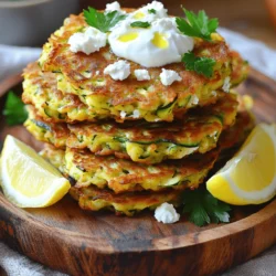 - 2 medium zucchinis, grated - 1 teaspoon salt - 1 cup all-purpose flour - 1/2 cup crumbled feta cheese - 2 large eggs, beaten - 1/4 cup green onions, finely chopped - 1/4 cup fresh parsley, chopped - 1 teaspoon garlic powder - 1/2 teaspoon freshly ground black pepper - 1/4 cup olive oil (for frying) - Greek yogurt (for serving) - Lemon wedges (for garnish) Zucchini fritters need simple, fresh ingredients. I love using two medium zucchinis, as they give great flavor. Grating the zucchini breaks it down nicely. Salt helps draw out the moisture, which is key for crispiness. Next, I add all-purpose flour for the perfect texture. Crumbled feta cheese adds a tangy kick. For richness, I use two large eggs. Green onions and parsley provide freshness. Garlic powder and black pepper add depth. I fry the fritters in olive oil. This gives them a lovely golden color. To serve, I top them with Greek yogurt. A squeeze of lemon brightens the dish. You can find the full recipe for these tasty fritters to make it at home. Enjoy! Grate the zucchinis using a box grater or food processor. Place the grated zucchini in a large bowl. Sprinkle 1 teaspoon of salt over the zucchini. Let it rest for 10 to 15 minutes. This step helps draw out excess moisture. After resting, take a clean kitchen towel and squeeze the zucchini tightly. Remove as much moisture as you can. This step is key for crispy fritters. In a separate bowl, combine the drained zucchini with the following ingredients: - 1 cup all-purpose flour - 2 large eggs, beaten - 1/2 cup crumbled feta cheese - 1/4 cup finely chopped green onions - 1/4 cup chopped fresh parsley - 1 teaspoon garlic powder - 1/2 teaspoon freshly ground black pepper Stir everything together until well mixed. Make sure all ingredients combine evenly. Heat 1/4 cup of olive oil in a large skillet over medium heat. Once the oil is hot, take about 2 tablespoons of the zucchini mixture. Shape it into a small patty and place it in the skillet. Cook each fritter for about 3 to 4 minutes on each side. Look for a golden brown color. If needed, work in batches to avoid crowding the pan. This helps each fritter cook evenly. Once cooked, remove the fritters from the skillet. Place them on a plate lined with paper towels to absorb extra oil. For the full recipe, check out the detailed instructions provided above. To make your zucchini fritters crispy, you must remove excess moisture. After grating the zucchinis, sprinkle them with salt. Let them rest for 10-15 minutes. This process draws out water. Next, take a clean kitchen towel and squeeze the zucchini firmly. Get rid of as much liquid as you can. This step is vital. Too much moisture leads to soggy fritters. Cooking in batches also helps achieve crispiness. If you overcrowd the skillet, the temperature drops. This can steam the fritters instead of frying them. Fry only a few at a time, and give them space to cook evenly. This will lead to perfectly golden fritters. Now let's think about toppings. The best way to serve zucchini fritters is with Greek yogurt. It adds a tangy flavor that complements the fritters. You can also use a sprinkle of fresh herbs, like parsley or dill. This adds color and flavor. As for side dishes, a fresh salad pairs well. A simple cucumber and tomato salad is refreshing. You can also serve roasted vegetables for a heartier meal. These sides balance the fritters nicely and make the meal more filling. Plating is important for a great meal. Start by stacking your fritters on a nice platter. They look more inviting this way. Drizzle a bit of extra olive oil on top. This adds shine and flavor. Finish with freshly cracked black pepper to make them pop. For a splash of color, add a sprinkle of herbs. Fresh parsley or chives add a vibrant touch. You can also garnish with lemon wedges. This not only looks good but gives a zesty hint when served. These small changes make your dish stand out and look appetizing. {{image_4}} You can easily jazz up your zucchini fritters with spices or herbs. Consider adding a pinch of smoked paprika for a gentle smokiness. Fresh herbs like dill or basil can also brighten the flavor. If you love cheese, try adding shredded cheddar or pepper jack for a creamy texture. Mixing in different cheeses can add a fun twist to your dish. If you need to avoid gluten, gluten-free flour works great. Almond flour or chickpea flour can also give a nice flavor and texture. For those with egg allergies, you can use flaxseed meal mixed with water as a binder. This mixture mimics the binding power of eggs and keeps your fritters together. Zucchini fritters make a versatile dish. You can serve them as a tasty appetizer or a light main course. Top them with a dollop of Greek yogurt for extra creaminess. They pair well with dips like tzatziki or spicy salsa. You can also enjoy them with a squeeze of fresh lemon for a zesty kick. To store leftover zucchini fritters, let them cool first. Place the fritters in a single layer on a plate. If you stack them, they may get soggy. Use an airtight container to keep them fresh. Glass or plastic containers work well. If you have parchment paper, place it between layers for extra protection. When reheating, you want to keep them crispy. The best way is to use an oven. Preheat it to 350°F (175°C). Place the fritters on a baking sheet. Bake them for about 10 minutes. You can also use a skillet. Heat over medium heat and add a little oil. Cook each side for about 2-3 minutes until crispy again. To freeze fritters, let them cool completely. Arrange them in a single layer on a baking sheet. Freeze until solid, about 1-2 hours. Once frozen, transfer them to a freezer-safe bag or container. They can last up to three months. When you want to eat them, thaw in the fridge overnight. Reheat in the oven or skillet for the best results. If your fritters are soggy, don’t worry! Here are some tips to fix them: - Squeeze out moisture: After grating, let the zucchini rest with salt. Then, squeeze the excess water out with a towel. - Cook longer: If they are undercooked, give them more time in the pan. They should be golden brown and crispy. - Fry in batches: Avoid overcrowding. This helps them cook evenly and get that nice crunch. Managing moisture is key. The more water you remove from the zucchini, the crispier your fritters will be. Yes, you can prepare zucchini fritters ahead of time! Here’s how: - Prep the mixture: You can mix the ingredients and store them in the fridge for a day. - Cook when ready: Fry the fritters just before serving to keep them crisp. - Reheat carefully: If you need to reheat, warm them in a skillet on low heat. This helps them stay crispy. Making fritters in advance saves time. You can enjoy them fresh and hot with ease. Dips can enhance your fritters! Here are some easy options: - Greek yogurt: A simple dollop adds a creamy touch. - Tzatziki: Mix yogurt, cucumber, garlic, and herbs for a fresh taste. - Sour cream: A classic choice for a rich flavor. If you prefer store-bought, look for garlic aioli or spicy salsa. Both pair nicely with zucchini fritters. For the full recipe to make these delicious zucchini fritters, refer to the [Full Recipe]. These zucchini fritters are tasty and easy to make. We covered the ingredients, step-by-step cooking, and tips for crispiness. Don't forget storage methods to keep leftovers fresh. You can also try different flavors and fillings to mix things up. Zucchini fritters work great as snacks, sides, or main dishes. Enjoy making these delicious bites and impress your family and friends with your cooking skills. Happy cooking!
