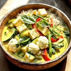- 1 tablespoon coconut oil - 1 medium onion, thinly sliced - 3 cloves garlic, minced - 1 tablespoon fresh ginger, grated - 2-3 tablespoons Thai green curry paste - 1 can (400ml) full-fat coconut milk - 2 cups vegetable broth - 1 medium zucchini, chopped - 1 red bell pepper, thinly sliced - 1 cup green beans, trimmed - 1 cup cauliflower florets - 1 cup firm tofu, cubed - 2 tablespoons soy sauce - 1 tablespoon fresh lime juice - Fresh basil leaves for garnish - Cooked jasmine rice or quinoa for serving Each ingredient plays a key role in the dish. Coconut oil gives a rich flavor. Fresh vegetables like zucchini and red bell pepper add color and crunch. Aromatics such as onion, garlic, and ginger create a fragrant base. Thai green curry paste brings heat and depth. Coconut milk adds creaminess, while vegetable broth enhances the overall flavor. Tofu provides protein and absorbs the curry's spices well. Soy sauce and lime juice add umami and brightness. Finally, fresh basil leaves and a side of jasmine rice or quinoa complete the dish. For the full recipe, check out the detailed cooking instructions and tips that follow. Start by gathering your ingredients. This makes cooking easier. Chop the vegetables and cube the tofu. You should have: - 1 tablespoon coconut oil - 1 medium onion, thinly sliced - 3 cloves garlic, minced - 1 tablespoon fresh ginger, grated - 2-3 tablespoons Thai green curry paste - 1 can (400ml) full-fat coconut milk - 2 cups vegetable broth - 1 medium zucchini, chopped - 1 red bell pepper, thinly sliced - 1 cup green beans, trimmed - 1 cup cauliflower florets - 1 cup firm tofu, cubed - 2 tablespoons soy sauce - 1 tablespoon fresh lime juice - Fresh basil leaves for garnish - Cooked jasmine rice or quinoa for serving Now, heat coconut oil in a large pot or deep skillet over medium heat. First, add the sliced onion to the pot. Sauté it for about five minutes. The onion should be soft and clear. Next, mix in the minced garlic and grated ginger. Cook this for one more minute. You want the kitchen to smell great! Then, stir in the Thai green curry paste. Cook and stir for about two to three minutes. This helps the flavors blend well. Gradually pour in the coconut milk and vegetable broth. Stir until everything is smooth and mixed. Now, add in the chopped zucchini, sliced bell pepper, green beans, and cauliflower florets. Turn the heat up a bit to bring everything to a gentle simmer. Let it cook for about 10 to 15 minutes. The veggies should be tender but still bright in color. Once the veggies are ready, fold in the cubed tofu. Let it heat for another five minutes. Be gentle so that the tofu stays intact. Finally, add the soy sauce and fresh lime juice. Taste your curry and adjust the seasoning as needed. When ready, take the pot off the heat. Let it sit for a few minutes. This helps the flavors mix even better. Serve the curry over jasmine rice or quinoa. For a nice touch, sprinkle fresh basil leaves on top. If you want, add lime wedges on the side for a zesty kick. Enjoy your vegan Thai green curry! For the full recipe, refer to the details above. To make your Vegan Thai Green Curry shine, focus on flavor balance. Start by using fresh ingredients. Fresh vegetables bring life to every bite. Always taste as you cook. Adjust seasoning to suit your palate. This simple step can elevate your dish. For perfect vegetable doneness, cut the veggies evenly. This ensures they cook at the same rate. Add harder vegetables first, like carrots or cauliflower. Softer ones, like bell peppers, should come later. This keeps them bright and crisp. If you need gluten-free options, use tamari instead of soy sauce. It provides the same rich flavor without gluten. For vegetables, feel free to swap based on what's in your fridge. Broccoli, snap peas, or even sweet potatoes work well here. If you're out of zucchini, try yellow squash or even eggplant. Each adds a unique taste and texture. Use what you have. Cooking should be fun and flexible. Adjusting spice levels is easy. If you prefer milder flavors, use less curry paste. Start with one tablespoon and add more if needed. You can also add a pinch of sugar to balance heat. For a spicier kick, add more curry paste. Fresh chili peppers or chili flakes can also enhance the heat. Remember, you can always add more spice, but it's hard to take it away. Taste your curry as you tweak it. Enjoy the process! {{image_4}} You can change the protein in your vegan Thai green curry. Instead of tofu, try chickpeas or tempeh. Chickpeas add a nutty flavor and a good bite. They are also high in protein and fiber. Tempeh gives a unique texture and a rich taste. Both options work well with the curry sauce. The beauty of this dish lies in its versatility. Use seasonal vegetables to keep things fresh. In spring, try asparagus or snap peas. In summer, add bell peppers and corn. For fall, use sweet potatoes or carrots. You can also mix in leafy greens like spinach or kale. These greens add texture and boost nutrition. They help make your meal colorful and healthy. You can elevate the taste of your curry with different herbs and spices. Fresh cilantro or mint can add a bright twist. Try adding a splash of lime or lemon for a zing. You could also use a dash of turmeric for warmth. Each addition can make your curry unique. Experiment with flavors to find what you love best. For the full recipe, check out the detailed instructions above. Store your Vegan Thai Green Curry in an airtight container. This keeps it fresh and tasty. Your curry will last for about 3 to 4 days in the fridge. Make sure it cools down to room temperature first. This step prevents condensation, which can lead to sogginess. If you want to save your curry for later, freezing is a great option. First, let it cool completely. Then, scoop it into freezer-safe containers or bags. Leave some space at the top for expansion. Your curry will keep well for up to 2 months in the freezer. Thaw it overnight in the fridge before reheating. When it's time to enjoy your curry again, use gentle heat. The best way is on the stove over medium heat. Stir often to keep it from sticking. You can add a splash of vegetable broth or coconut milk to help it stay creamy. Avoid high heat, as this can change the texture of the tofu and veggies. Can I make this curry in advance? Yes, you can prepare Vegan Thai Green Curry ahead of time. Just cook it, let it cool, and store it in the fridge. It tastes even better the next day as the flavors meld. What can I serve with Vegan Thai Green Curry? Serve it over jasmine rice or quinoa. You can also pair it with steamed veggies or a light salad. These sides complement the rich flavors of the curry. How long will leftovers last? Leftovers stay fresh for about 3 to 5 days in the fridge. Store it in an airtight container to keep it tasting great. Can I make the curry spicier? Yes, you can add more Thai green curry paste or some sliced fresh chili. Adjust the spice to fit your taste. Start with a little and taste as you go. This curry is packed with health benefits. - Coconut milk provides healthy fats for energy. - Tofu offers protein, making it filling. - Fresh vegetables add vitamins, minerals, and fiber. Each serving has about 300 calories. This makes it a great option for a satisfying meal without overindulging. Vegan Thai Green Curry has roots in Thailand. It is a staple in Thai cuisine, known for its bold flavors and bright colors. The dish often highlights the use of fresh herbs and spices, which reflect the country's rich agricultural heritage. Traditionally, this curry uses meat, but the vegan version is just as tasty. It showcases how plant-based cooking can honor cultural traditions while providing a delicious option for all. This blog post covered how to make a delicious vegan Thai green curry. We explored the key ingredients, cooking steps, and tips for great flavor. You can use different proteins and veggies based on your taste. Storing and reheating leftovers is easy with the right methods. Now, you can enjoy a tasty, healthy dish anytime. Get creative, and adjust the recipe to fit your needs. Your kitchen adventure awaits with this vibrant curry!