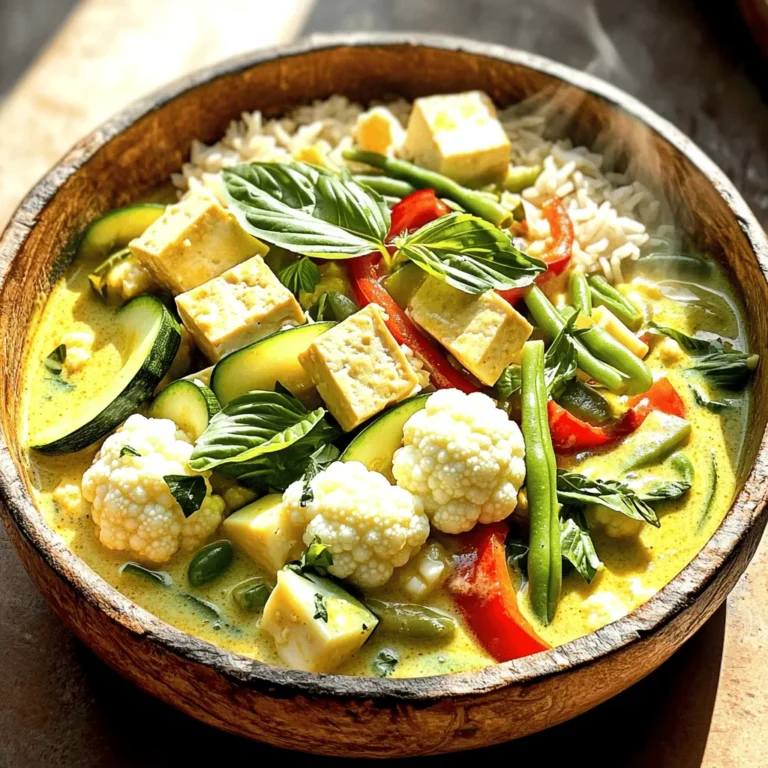 - 1 tablespoon coconut oil - 1 medium onion, thinly sliced - 3 cloves garlic, minced - 1 tablespoon fresh ginger, grated - 2-3 tablespoons Thai green curry paste - 1 can (400ml) full-fat coconut milk - 2 cups vegetable broth - 1 medium zucchini, chopped - 1 red bell pepper, thinly sliced - 1 cup green beans, trimmed - 1 cup cauliflower florets - 1 cup firm tofu, cubed - 2 tablespoons soy sauce - 1 tablespoon fresh lime juice - Fresh basil leaves for garnish - Cooked jasmine rice or quinoa for serving Each ingredient plays a key role in the dish. Coconut oil gives a rich flavor. Fresh vegetables like zucchini and red bell pepper add color and crunch. Aromatics such as onion, garlic, and ginger create a fragrant base. Thai green curry paste brings heat and depth. Coconut milk adds creaminess, while vegetable broth enhances the overall flavor. Tofu provides protein and absorbs the curry's spices well. Soy sauce and lime juice add umami and brightness. Finally, fresh basil leaves and a side of jasmine rice or quinoa complete the dish. For the full recipe, check out the detailed cooking instructions and tips that follow. Start by gathering your ingredients. This makes cooking easier. Chop the vegetables and cube the tofu. You should have: - 1 tablespoon coconut oil - 1 medium onion, thinly sliced - 3 cloves garlic, minced - 1 tablespoon fresh ginger, grated - 2-3 tablespoons Thai green curry paste - 1 can (400ml) full-fat coconut milk - 2 cups vegetable broth - 1 medium zucchini, chopped - 1 red bell pepper, thinly sliced - 1 cup green beans, trimmed - 1 cup cauliflower florets - 1 cup firm tofu, cubed - 2 tablespoons soy sauce - 1 tablespoon fresh lime juice - Fresh basil leaves for garnish - Cooked jasmine rice or quinoa for serving Now, heat coconut oil in a large pot or deep skillet over medium heat. First, add the sliced onion to the pot. Sauté it for about five minutes. The onion should be soft and clear. Next, mix in the minced garlic and grated ginger. Cook this for one more minute. You want the kitchen to smell great! Then, stir in the Thai green curry paste. Cook and stir for about two to three minutes. This helps the flavors blend well. Gradually pour in the coconut milk and vegetable broth. Stir until everything is smooth and mixed. Now, add in the chopped zucchini, sliced bell pepper, green beans, and cauliflower florets. Turn the heat up a bit to bring everything to a gentle simmer. Let it cook for about 10 to 15 minutes. The veggies should be tender but still bright in color. Once the veggies are ready, fold in the cubed tofu. Let it heat for another five minutes. Be gentle so that the tofu stays intact. Finally, add the soy sauce and fresh lime juice. Taste your curry and adjust the seasoning as needed. When ready, take the pot off the heat. Let it sit for a few minutes. This helps the flavors mix even better. Serve the curry over jasmine rice or quinoa. For a nice touch, sprinkle fresh basil leaves on top. If you want, add lime wedges on the side for a zesty kick. Enjoy your vegan Thai green curry! For the full recipe, refer to the details above. To make your Vegan Thai Green Curry shine, focus on flavor balance. Start by using fresh ingredients. Fresh vegetables bring life to every bite. Always taste as you cook. Adjust seasoning to suit your palate. This simple step can elevate your dish. For perfect vegetable doneness, cut the veggies evenly. This ensures they cook at the same rate. Add harder vegetables first, like carrots or cauliflower. Softer ones, like bell peppers, should come later. This keeps them bright and crisp. If you need gluten-free options, use tamari instead of soy sauce. It provides the same rich flavor without gluten. For vegetables, feel free to swap based on what's in your fridge. Broccoli, snap peas, or even sweet potatoes work well here. If you're out of zucchini, try yellow squash or even eggplant. Each adds a unique taste and texture. Use what you have. Cooking should be fun and flexible. Adjusting spice levels is easy. If you prefer milder flavors, use less curry paste. Start with one tablespoon and add more if needed. You can also add a pinch of sugar to balance heat. For a spicier kick, add more curry paste. Fresh chili peppers or chili flakes can also enhance the heat. Remember, you can always add more spice, but it's hard to take it away. Taste your curry as you tweak it. Enjoy the process! {{image_4}} You can change the protein in your vegan Thai green curry. Instead of tofu, try chickpeas or tempeh. Chickpeas add a nutty flavor and a good bite. They are also high in protein and fiber. Tempeh gives a unique texture and a rich taste. Both options work well with the curry sauce. The beauty of this dish lies in its versatility. Use seasonal vegetables to keep things fresh. In spring, try asparagus or snap peas. In summer, add bell peppers and corn. For fall, use sweet potatoes or carrots. You can also mix in leafy greens like spinach or kale. These greens add texture and boost nutrition. They help make your meal colorful and healthy. You can elevate the taste of your curry with different herbs and spices. Fresh cilantro or mint can add a bright twist. Try adding a splash of lime or lemon for a zing. You could also use a dash of turmeric for warmth. Each addition can make your curry unique. Experiment with flavors to find what you love best. For the full recipe, check out the detailed instructions above. Store your Vegan Thai Green Curry in an airtight container. This keeps it fresh and tasty. Your curry will last for about 3 to 4 days in the fridge. Make sure it cools down to room temperature first. This step prevents condensation, which can lead to sogginess. If you want to save your curry for later, freezing is a great option. First, let it cool completely. Then, scoop it into freezer-safe containers or bags. Leave some space at the top for expansion. Your curry will keep well for up to 2 months in the freezer. Thaw it overnight in the fridge before reheating. When it's time to enjoy your curry again, use gentle heat. The best way is on the stove over medium heat. Stir often to keep it from sticking. You can add a splash of vegetable broth or coconut milk to help it stay creamy. Avoid high heat, as this can change the texture of the tofu and veggies. Can I make this curry in advance? Yes, you can prepare Vegan Thai Green Curry ahead of time. Just cook it, let it cool, and store it in the fridge. It tastes even better the next day as the flavors meld. What can I serve with Vegan Thai Green Curry? Serve it over jasmine rice or quinoa. You can also pair it with steamed veggies or a light salad. These sides complement the rich flavors of the curry. How long will leftovers last? Leftovers stay fresh for about 3 to 5 days in the fridge. Store it in an airtight container to keep it tasting great. Can I make the curry spicier? Yes, you can add more Thai green curry paste or some sliced fresh chili. Adjust the spice to fit your taste. Start with a little and taste as you go. This curry is packed with health benefits. - Coconut milk provides healthy fats for energy. - Tofu offers protein, making it filling. - Fresh vegetables add vitamins, minerals, and fiber. Each serving has about 300 calories. This makes it a great option for a satisfying meal without overindulging. Vegan Thai Green Curry has roots in Thailand. It is a staple in Thai cuisine, known for its bold flavors and bright colors. The dish often highlights the use of fresh herbs and spices, which reflect the country's rich agricultural heritage. Traditionally, this curry uses meat, but the vegan version is just as tasty. It showcases how plant-based cooking can honor cultural traditions while providing a delicious option for all. This blog post covered how to make a delicious vegan Thai green curry. We explored the key ingredients, cooking steps, and tips for great flavor. You can use different proteins and veggies based on your taste. Storing and reheating leftovers is easy with the right methods. Now, you can enjoy a tasty, healthy dish anytime. Get creative, and adjust the recipe to fit your needs. Your kitchen adventure awaits with this vibrant curry!