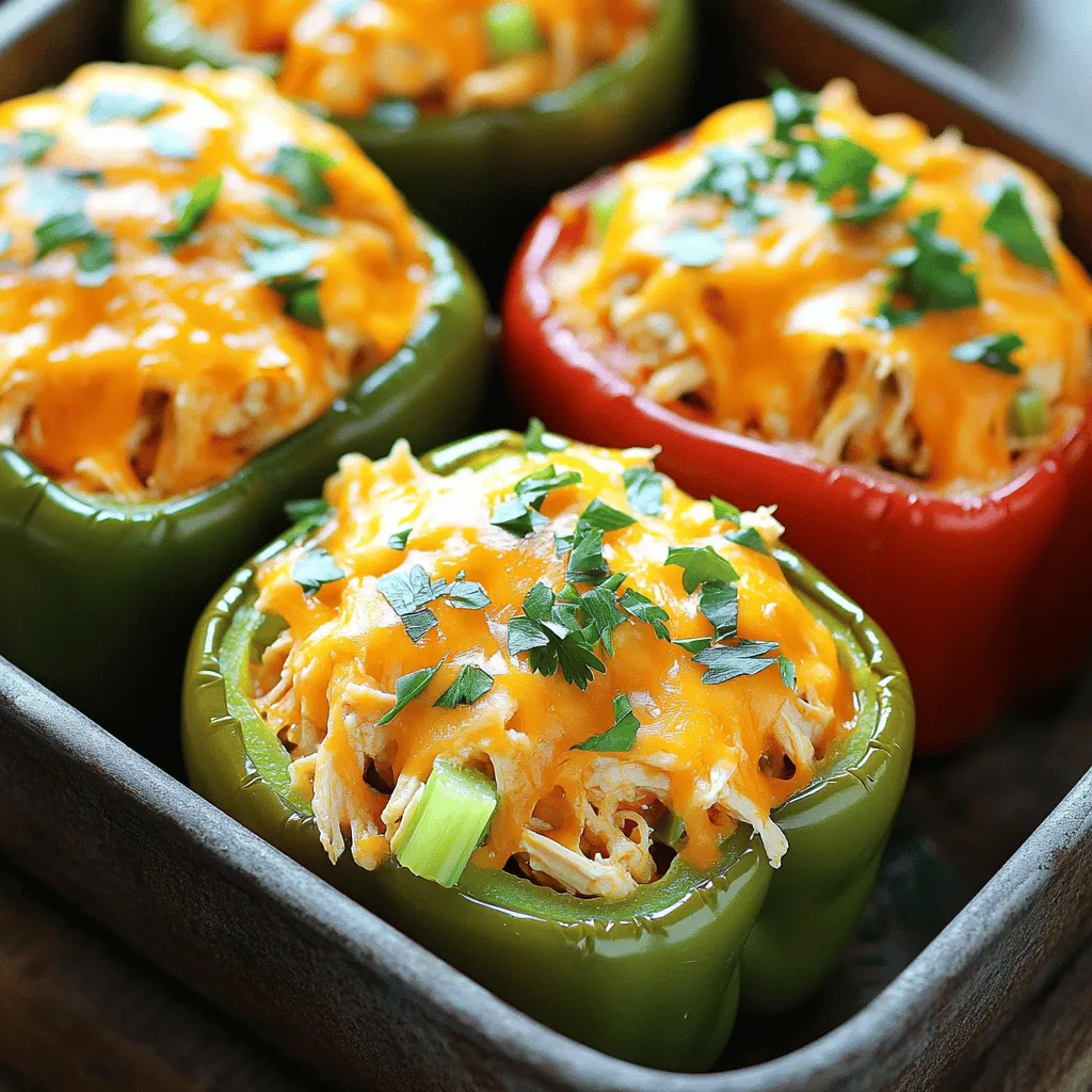 - 4 large bell peppers (choose any vibrant color for a beautiful presentation) - 2 cups cooked chicken, shredded (rotisserie chicken works great) - 1/2 cup buffalo sauce (adjust to your spice preference, mild or hot) - 1 cup cream cheese, softened (bring to room temperature for easier mixing) - 1 cup shredded cheddar cheese (plus extra for topping) - 1/2 cup celery, diced (adds crunch) - 1/4 cup green onions, sliced (for a fresh kick) - Salt and pepper to taste - Fresh parsley, chopped (for garnish) You can swap ingredients to fit your taste. If you don't have cooked chicken, try canned chicken. For a lighter option, use Greek yogurt instead of cream cheese. If you want a different cheese, use mozzarella or pepper jack for a kick. For a lower-carb meal, use zucchini or eggplant instead of bell peppers. You can also skip the buffalo sauce if you prefer a milder flavor. Buffalo chicken stuffed peppers burst with flavor. The spicy buffalo sauce brings heat, while the cream cheese adds richness. Shredded chicken provides a hearty texture, and cheddar cheese creates a cheesy crust. Celery offers crunch, and green onions add a fresh note. Together, they create a balance of spice, creaminess, and crunch. Each bite is satisfying and delicious. Enjoy this savory dish that is both simple and fun to make! For the full recipe, check the section above. First, preheat your oven to 375°F (190°C). This step is key for even cooking. Next, take four large bell peppers. Cut the tops off and scoop out the seeds. Keep the peppers upright in a baking dish. This will help hold the filling later. Make sure they look colorful and ready to shine on your table! In a large mixing bowl, add 2 cups of shredded chicken. Rotisserie chicken is perfect for this. Pour in 1/2 cup of buffalo sauce. Adjust this based on your spice level. Then, add 1 cup of softened cream cheese. This makes the filling creamy. Toss in 1 cup of shredded cheddar cheese, 1/2 cup of diced celery, and 1/4 cup of sliced green onions. Don't forget a pinch of salt and pepper! Mix everything well until it’s all combined. This filling is the heart of your dish! Now, take a spoon and fill each pepper with the buffalo chicken mixture. Pack it in well so the peppers are full. Sprinkle some extra cheddar cheese on top for a tasty crust. Cover the baking dish with aluminum foil. Place it in the oven and bake for 25 minutes. After that, remove the foil and bake for another 10-15 minutes. Watch for the cheese to get bubbly and golden brown. Once done, let them cool for a few minutes. Garnish with fresh parsley before serving. Your Buffalo Chicken Stuffed Peppers are ready to impress! To get the best flavor in your Buffalo chicken stuffed peppers, use fresh ingredients. Fresh herbs like parsley add a nice touch. Rotisserie chicken gives great taste and saves time. Adjust the buffalo sauce based on your spice level. If you like it mild, use less sauce. If you want heat, go for more sauce. Mix thoroughly to ensure every bite is full of flavor. To get the perfect texture, don’t overcook your peppers. They should be tender but still hold their shape. Bake them covered for the first part to keep moisture in. This helps the filling cook nicely without drying out. For a crispy top, uncover the dish for the last 10-15 minutes of baking. This adds a nice golden crust to the cheese. Serve your stuffed peppers on a colorful platter. This makes them look even more appealing. You can drizzle extra buffalo sauce over the top for added flavor. Pair your dish with a simple salad or some crunchy veggies. This adds freshness to the meal. If you want, serve with ranch or blue cheese dressing on the side. {{image_4}} You can easily make this dish meat-free. Use lentils or chickpeas instead of chicken. Mix in your favorite veggies like spinach or mushrooms. Replace the cream cheese with a vegan alternative. There are great brands that taste just as creamy. For the cheese, try vegan cheese shreds. This way, you keep all the flavor while making it plant-based. Buffalo chicken flavors are bold, but you can switch things up. Try using chipotle sauce for a smoky kick. Sriracha can add a sweet heat that many love. If you want it milder, go with ranch seasoning or barbecue sauce. The spice level and flavor can change with each sauce. Don’t hesitate to experiment with your favorites! You can stuff peppers with various fillings. Try ground turkey or beef for a heartier meal. Quinoa or rice can also be a great base for the filling. Mix in black beans for protein and fiber. You can even add corn for a sweet crunch. Each filling will give you a unique twist on the classic recipe. After you enjoy your Buffalo Chicken Stuffed Peppers, store any leftovers in an airtight container. This keeps them fresh for up to three days. Make sure the peppers cool down before you seal them. You can also place them in the fridge for easy access later. To reheat, simply place the stuffed peppers on a baking sheet. Preheat your oven to 350°F (175°C). Heat for about 15-20 minutes or until warm. You can also use a microwave for quicker reheating. Just cover the peppers with a damp paper towel and heat for 2-3 minutes. If you want to save some for another day, freezing is a great option. Wrap each stuffed pepper tightly in plastic wrap. Then, place them in a freezer-safe bag or container. They can last up to three months in the freezer. When ready to eat, thaw in the fridge overnight before reheating. This method helps keep their flavor and texture intact. Enjoy your meal prep! To reduce the heat, use mild buffalo sauce. You can also mix in more cream cheese. This addition will cool down the spice level. If you want, add more celery or diced carrots for crunch without heat. These changes keep the dish tasty while making it easier to enjoy. Yes, you can use different peppers! Bell peppers work well, but jalapeños add a kick. Poblano peppers are another great choice. They offer a smoky flavor and are easy to stuff. Just remember to adjust cooking time based on the pepper size. Buffalo chicken flavors come from Buffalo, New York. A bar called Anchor Bar created the dish in 1964. They mixed chicken wings with hot sauce and butter. This tasty combo quickly gained popularity. Now, Buffalo flavor appears in many dishes, like our stuffed peppers. You can find the full recipe with detailed steps for Buffalo Chicken Stuffed Peppers in the earlier sections. Enjoy cooking and have fun with this flavorful dish! You now have all the tools to make delicious Buffalo Chicken Stuffed Peppers. We covered the ingredients, how to prep and bake, plus tips for great flavor. You can even explore variations to suit your tastes. Remember, cooking should be fun! Don't hesitate to mix up the spices or try other fillers. Enjoy creating a meal that impresses your friends and family. Happy cooking!