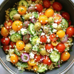 - 1 cup couscous - 1 1/4 cups vegetable broth - 1/2 cup cherry tomatoes, halved - 1/2 cucumber, peeled and diced - 1/4 red onion, finely chopped - 1/2 cup Kalamata olives, pitted and sliced - 1/2 cup feta cheese, crumbled - 1/4 cup fresh parsley, chopped - 1/4 cup extra virgin olive oil - 2 tablespoons freshly squeezed lemon juice - 1 teaspoon dried oregano - Salt and freshly ground black pepper, to taste Using good ingredients makes a big difference. Fresh vegetables make the salad bright and tasty. High-quality olive oil adds richness. Feta cheese gives a creamy texture, while Kalamata olives add a salty bite. Each part together creates a balanced flavor. Don't skip on these; they are key to the dish. - Couscous: A great source of carbs, giving you energy. - Vegetable broth: Low in calories, full of flavor. - Cherry tomatoes: Packed with vitamins A and C, plus antioxidants. - Cucumber: Hydrating and low in calories, perfect for summer. - Red onion: Offers heart health benefits and adds natural sweetness. - Kalamata olives: Good fats that support heart health. - Feta cheese: Provides protein and calcium, which help bones. - Fresh parsley: Adds vitamins K and C, and acts as an antioxidant. - Extra virgin olive oil: Contains healthy fats and antioxidants. - Lemon juice: High in vitamin C, boosting your immune system. - Oregano: Has anti-inflammatory properties and is a great flavor. - Salt and pepper: Enhances taste and helps balance flavors. These ingredients not only make your salad delicious but also healthy. Enjoy the flavors and the benefits! For the complete recipe, check out the Full Recipe. To start, grab a medium saucepan. Pour in 1 1/4 cups of vegetable broth and set the heat to medium-high. Wait until the broth boils. Once it's bubbling, add 1 cup of couscous. Stir it quickly to keep it from clumping. Cover the pot and take it off the heat. Let it sit for about 5 minutes. This lets the couscous soak up all the broth. After 5 minutes, use a fork to fluff it. Break up any clumps and set it aside to cool. Next, take a large mixing bowl. In it, combine the following ingredients: - 1/2 cup cherry tomatoes, halved - 1/2 cucumber, peeled and diced - 1/4 red onion, finely chopped - 1/2 cup Kalamata olives, pitted and sliced - 1/2 cup feta cheese, crumbled - 1/4 cup fresh parsley, chopped Toss these ingredients gently to mix them well. Now, grab a small bowl for the dressing. Add in: - 1/4 cup extra virgin olive oil - 2 tablespoons freshly squeezed lemon juice - 1 teaspoon dried oregano - Salt and freshly ground black pepper, to taste Whisk these ingredients together until they blend nicely. Once your couscous has cooled a bit, it's time to combine. Transfer the couscous into the bowl with the veggies. Drizzle the dressing over everything. Use a gentle folding motion to mix all the ingredients. Make sure everything is coated well. After mixing, taste the salad. You can add more salt or lemon juice if you want. For the best flavor, let the salad sit at room temperature for 15 minutes. This helps the tastes blend together. Enjoy your Mediterranean couscous salad! For the full recipe, check out the earlier section. To make a tasty couscous salad, use high-quality broth. The broth adds depth to the dish. I recommend using vegetable broth for a rich flavor. Also, let the couscous cool before mixing. This step keeps the salad from getting mushy. Fresh herbs are key! Parsley brightens each bite and adds freshness. Don't skimp on the lemon juice either; it balances the flavors. One common mistake is overcooking the couscous. Follow the cooking time closely to keep it fluffy. Another mistake is not letting it cool. If you mix it while hot, the veggies can wilt. Be careful with salt too. Feta and olives are salty, so taste before adding more. Lastly, don’t skip the resting time. Allowing the salad to sit helps the flavors blend. Presentation can make your salad pop! Serve it in a large bowl or on plates. A colorful dish is more inviting. Garnish the salad with extra parsley and a sprinkle of feta. You can also drizzle a bit more olive oil on top before serving. This adds shine and flavor. For a fun twist, use small bowls for individual servings. A touch of color and texture will impress your guests. {{image_4}} You can change this salad to fit your taste. Try adding roasted red peppers for a sweet kick. Artichoke hearts can bring a nice briny flavor. For crunch, toss in some toasted pine nuts or sliced almonds. You can also swap feta cheese for goat cheese or even skip cheese altogether. This flexibility makes the salad your own. If you need a vegan option, just omit the feta cheese. You can replace it with avocado for creaminess. Use vegetable broth instead of chicken broth to keep it vegan. For a gluten-free version, replace couscous with quinoa or rice. Both options work well and keep the salad delicious. Seasonal ingredients can brighten your salad. In summer, add fresh corn or bell peppers for color. In fall, roasted butternut squash adds a sweet touch. Winter greens, like kale or spinach, can make it hearty. Choose fruits like pomegranates in the fall or citrus in winter for a fresh burst of flavor. Each season offers a chance to reinvent this dish. To keep your Mediterranean couscous salad fresh, store it in an airtight container. This helps prevent the salad from drying out or absorbing other odors. Place it in the fridge as soon as you finish your meal. If you have leftover dressing, store it separately. It can last longer that way. When stored properly, this salad can last up to three days in the fridge. The couscous and veggies hold up well. However, the feta cheese may start to lose its texture after a day or two. To keep things fresh, check for any signs of spoilage before serving. If your salad seems a bit dry after storage, don't worry. Just add a splash of olive oil or lemon juice to revive the flavors. Toss it gently to mix everything again. This little step will bring back its freshness. You can also add some fresh herbs or extra veggies to brighten it up. This Mediterranean couscous salad is delightful and easy to prepare. You can find the full recipe to enjoy it at its best. Mediterranean couscous salad lasts up to three days in the fridge. Store it in an airtight container. The flavors will blend and improve over time, making it taste even better. Just keep an eye on the veggies. If they start to look sad, it’s time to toss the salad. Yes, you can prepare this salad a day in advance. Just make sure to dress it right before serving. If you dress it too early, the couscous may soak up too much dressing. This can make it soggy. Mixing in the dressing last keeps it fresh and tasty. This salad pairs well with grilled chicken, fish, or shrimp. You can also serve it as a side with pita bread and hummus. For a lighter meal, enjoy it on its own or with a drizzle of extra virgin olive oil and lemon. It’s versatile and fits many meals. Yes, you can substitute feta cheese if you prefer. Try goat cheese or a dairy-free cheese for a vegan option. These alternatives will change the flavor, but they still taste great. Just make sure to adjust the amount based on your choice. This blog post covered how to create a tasty Mediterranean couscous salad. I shared key ingredients and their health benefits. You learned step-by-step instructions for making it perfect. Tips helped you avoid common mistakes and enhance your dish. Variations allow for personalization and dietary needs. Finally, we discussed storage tips to keep your salad fresh. Embrace these ideas and enjoy your delicious, colorful salad!