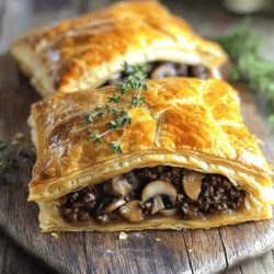 - 1 lb ground beef - 8 oz mushrooms, diced - 1 medium onion, chopped - 2 cloves garlic, minced - 2 tablespoons olive oil - 1 cup beef broth - 1 tablespoon Worcestershire sauce - 1 teaspoon dried thyme - 1 teaspoon dried rosemary - 1 tablespoon cornstarch - 2 tablespoons water - Salt and pepper to taste - 1 sheet puff pastry (thawed if frozen) - 1 egg, beaten (for egg wash) Making a savory beef and mushroom pie starts with good ingredients. Each one plays a role in the pie's rich flavor. Ground beef gives the filling a hearty base. Diced mushrooms add earthiness and moisture. Chopped onion and garlic provide sweetness and depth. Olive oil helps to sauté these veggies, making them tender. You'll need beef broth for a flavorful sauce. Worcestershire sauce adds a touch of umami. Dried thyme and rosemary bring warmth and herbal notes. Cornstarch thickens the filling, making it satisfying. You can adjust the salt and pepper to your liking. The puff pastry is the star for the crust. It puffs up beautifully while baking. Finally, the egg wash makes the top golden and shiny. With these ingredients, you create a dish that comforts and delights. For the full recipe, check out the provided link. - Preheat the oven to 400°F (200°C) to prepare for baking. - In a large skillet, heat 2 tablespoons of olive oil over medium heat. - Add 1 medium onion, chopped, and 2 cloves of minced garlic. Sauté for 2-3 minutes. - Cook until the onion becomes soft and fragrant. - Introduce 1 lb of ground beef to the skillet. Brown the beef for about 5-7 minutes. - Break the beef apart with a spatula as it cooks. Drain any excess fat to keep the filling lean. - Add 8 oz of diced mushrooms, cooking for about 5 minutes until they shrink. - Pour in 1 cup of beef broth and 1 tablespoon of Worcestershire sauce. - Sprinkle in 1 teaspoon of dried thyme and 1 teaspoon of dried rosemary. - Season the filling with salt and pepper to taste. - Mix 1 tablespoon of cornstarch with 2 tablespoons of water to make a slurry. - Stir the slurry into the filling. Let it thicken for 2-3 minutes, then remove from heat. - On a floured surface, roll out 1 sheet of puff pastry. Make it large enough for your pie dish. - Place the pastry into the dish, lining the bottom and sides. - Spoon the savory beef and mushroom filling into the pastry. - Fold the edges over the filling to seal it. - Brush the top of the pie with 1 beaten egg for a golden finish. - Cut several small slits into the top of the pastry. This allows steam to escape while baking. - Place the pie in the oven and bake for 25-30 minutes. Look for a golden brown color on the pastry. - Once done, let the pie cool for 5-10 minutes before slicing and serving. For the complete recipe, refer to the Full Recipe section. - Best practices for refrigeration: Store any leftover pie in an airtight container. This keeps it fresh and tasty. You can keep it in the fridge for up to three days. - Reheating tips: When reheating, use the oven for the best results. Preheat it to 350°F (175°C). Place the pie on a baking sheet and heat for about 15-20 minutes. This helps restore the crispiness of the pastry. - Additional herbs and spices: Want to spice things up? Try adding a pinch of smoked paprika or a dash of cayenne pepper for heat. Fresh herbs like parsley or chives also brighten the flavor. - Pairing suggestions for sides: Serve your pie with a simple green salad or creamy mashed potatoes. Both options balance the rich filling and make it a complete meal. - Overbaking the pastry: Keep an eye on the pie as it bakes. Overbaking can lead to a tough and dry crust. Look for a golden brown color. - Not draining excess fat: After browning the beef, be sure to drain off any extra fat. This keeps the filling from becoming greasy and makes the pie more enjoyable. Using these tips will help you create a savory beef and mushroom pie that you and your guests will love. For the complete process, check out the Full Recipe. {{image_4}} You can make a tasty vegetarian pie by using lentils or mushrooms instead of beef. Lentils provide protein and a nice texture. Use cooked green or brown lentils, as they hold their shape well. For mushrooms, use a mix of types like portobello and cremini for added flavor. You can also sauté onions and garlic with the mushrooms to enhance the taste. This makes a hearty, filling dish that everyone can enjoy. If you want a twist, try using other meats. Chicken and lamb work great in this recipe. For chicken, use cooked and shredded meat to keep it tender. Lamb adds a unique flavor that pairs well with mushrooms. Just make sure to adjust the cooking time based on what meat you choose. Each option brings its own special taste to the pie. Adding cheese or different sauces can take your pie to the next level. For cheese, try sharp cheddar or creamy goat cheese. These add richness and depth. You can also experiment with sauces. A spoonful of barbecue sauce or a dash of hot sauce can add a fun kick. Mix and match to find your favorite flavor combination. The possibilities are endless! For the full recipe, check out the Savory Beef and Mushroom Pie recipe. To keep your savory beef and mushroom pie fresh, store it in the fridge. You can safely eat it within 3-4 days after cooking. Make sure to cover the pie well with plastic wrap or foil. This keeps it from drying out and preserves the flavor. If you want to save some pie for later, freezing is a great option. First, let the pie cool completely. Then, wrap it tightly in plastic wrap and place it in a freezer bag. It can stay frozen for up to 3 months. When you’re ready to enjoy it, defrost it in the fridge overnight. After that, heat it in the oven at 350°F (175°C) until hot. For leftovers, use airtight containers. Glass or plastic containers work well. They keep the pie fresh and make reheating easy. If you store single slices, you can use small containers or wrap each slice in foil. This makes grabbing a quick meal simple and keeps the flavors intact. For the full recipe, check the earlier section. To make this tasty pie, follow these steps: 1. Preheat the oven to 400°F (200°C). 2. Heat olive oil in a skillet over medium heat. 3. Add chopped onion and minced garlic. Cook until they turn soft. 4. Stir in ground beef. Cook until it is brown and crumbly. 5. Add diced mushrooms. Cook until they shrink down. 6. Pour in beef broth and Worcestershire sauce. Mix in thyme and rosemary. 7. Season with salt and pepper. Stir well. 8. Mix cornstarch and water in a bowl. Add to the beef mix and stir until thick. 9. Roll out puff pastry on a floured surface. Place it in a pie dish. 10. Fill the pastry with the beef mix. Fold over the edges to seal. 11. Brush the top with beaten egg. Cut slits for steam to escape. 12. Bake for 25-30 minutes until golden brown. This full recipe gives you all the details you need to create this pie. You can serve several sides with this pie: - Mashed potatoes for creaminess. - Steamed green beans for crunch. - A fresh green salad for brightness. - Roasted carrots for sweetness. - Coleslaw for a crunchy contrast. These sides will enhance the meal and add more flavors. Yes, you can use store-bought pie crust. Advantages: - Saves time, making cooking easy. - Consistent texture and flavor. Disadvantages: - May not taste as fresh. - Limited control over ingredients. If you're in a hurry, store-bought is a good choice. Check for these signs: - The crust should be golden brown. - The filling should bubble slightly. - A knife inserted in the filling should come out hot. These visual cues tell you the pie is ready. Enjoy your cooking! This article showed you how to make a Savory Beef and Mushroom Pie. We covered the key ingredients, step-by-step preparation, cooking tips, and creative variations. Remember to follow the instructions carefully for the best results. Keeping common mistakes in mind will ensure your pie turns out great every time. Enjoy exploring different flavors and sharing this comforting dish with friends and family. By storing leftovers properly, you can savor your pie longer. Happy cooking!