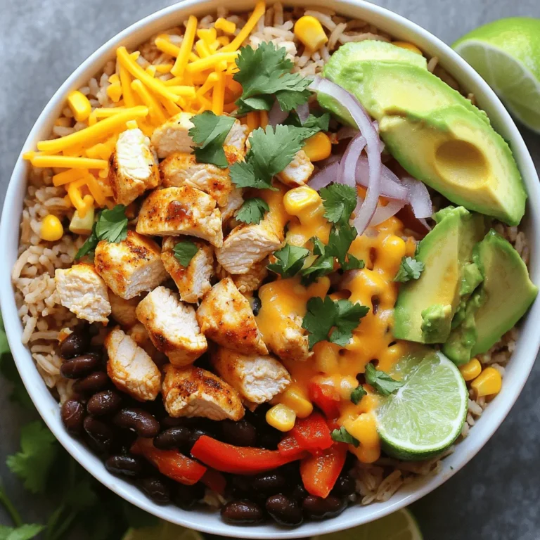 - 2 cups cooked brown rice - 1 pound boneless, skinless chicken breasts, diced into bite-sized pieces - 1 tablespoon olive oil - 1 tablespoon taco seasoning (store-bought or homemade) - 1 can (15 oz) black beans, drained and rinsed thoroughly - 1 cup corn kernels (fresh, frozen, or canned) - 1 red bell pepper, diced - 1 small red onion, finely diced - 1 ripe avocado, sliced into wedges - 1 cup of your favorite salsa (mild or spicy) - 1 cup shredded cheddar cheese - Fresh cilantro leaves, for garnish - Salt and pepper to taste - Lime wedges, for serving This list covers all the basics you need for a tasty chicken and rice burrito bowl. You can customize it by adding or swapping ingredients. For instance, try using quinoa instead of rice, or add jalapeños for some heat. Each serving of this burrito bowl has a balanced mix of nutrients. - Calories: Approximately 550 - Protein: 35 grams - Carbohydrates: 65 grams - Fats: 20 grams This meal is perfect for lunch or dinner. It is filling and packed with flavors, making it a great choice for any day of the week. Enjoy the mix of textures and tastes, plus the healthy benefits of the ingredients. For the full recipe, check out the complete details provided earlier. To start, you need to cook the chicken. I use taco seasoning for great flavor. Heat olive oil in a large skillet over medium heat. Add the diced chicken and season with taco seasoning, salt, and pepper. Cook the chicken for about 6-8 minutes. Stir often until it turns golden brown and no longer pink inside. This ensures it is safe to eat. Once cooked, remove the skillet from the heat and let the chicken cool a bit. Now, let’s prepare the vegetables. In the same skillet, add the diced red onion and bell pepper. Sauté these for about 3-4 minutes. You want the onion to become soft and clear. This step adds texture and flavor to your bowl. Next, mix in the black beans and corn. Cook this for another 2-3 minutes to heat everything through. It’s time to put your burrito bowl together! Start by layering the cooked brown rice in a large bowl. Next, add the chicken mixture on top. Don't forget to add spoonfuls of your favorite salsa. Finally, finish with avocado slices. For a tasty touch, sprinkle shredded cheddar cheese on top and add fresh cilantro for garnish. Serve with lime wedges on the side for a zesty kick. For a fun twist, use colorful bowls to make your meal look even better. To ensure even cooking of your chicken, cut it into uniform pieces. This way, they cook at the same rate. Always preheat your skillet before adding the chicken. It helps achieve a nice sear. For flavor enhancement, marinate the chicken in lime juice and taco seasoning. This also adds a zesty kick. Visual appeal can elevate your dish. Layer the ingredients in the bowl for a colorful display. Start with rice, add chicken, then beans, corn, and veggies. Finish with avocado and cilantro on top. Use bright bowls to make the dish pop. You can also serve with tortilla chips for added crunch. Make-ahead components save time. Cook your rice and chicken in advance. Store them in separate containers in the fridge. For leftovers, keep the ingredients separate to maintain freshness. When ready to eat, just reheat and assemble. Enjoy your tasty meal with minimal effort! {{image_4}} You can easily change the protein in your burrito bowl. If you want, use turkey instead of chicken. It has a similar taste and works well with taco seasoning. You can also try tofu for a vegetarian option. Tofu soaks up flavors nicely and adds protein. For the base, consider swapping out brown rice. Quinoa is a great choice as it is light and packed with protein. Cauliflower rice is another option for a low-carb meal. It adds a nice texture and absorbs flavors well. To make your burrito bowl spicy, add diced jalapeños or hot salsa. You can also top it with sliced pickled onions for an extra kick. If you prefer a milder flavor, use avocado and sour cream to balance the heat. For a vegetarian burrito bowl, skip the chicken. Load up on beans, corn, and veggies instead. You can add grilled zucchini or roasted peppers for more depth. A drizzle of lime juice will brighten up the flavors. Explore the [Full Recipe] to get inspired by these variations. Each option helps you create a dish that fits your taste perfectly. To keep your chicken and rice burrito bowl fresh, you need to store it right. First, let the bowl cool down to room temperature. Then, scoop the leftovers into an airtight container. This helps to keep the flavors and moisture locked in. If you have different layers, like the chicken and rice, you can store them separately. This way, you preserve the textures of each ingredient. If you want to save your burrito bowl for longer, freezing is a great option. To do this, divide the bowl into smaller portions. Use freezer-safe containers or bags. Remove as much air as you can to prevent freezer burn. You can freeze it for up to three months. In the fridge, your chicken and rice burrito bowl can last for about three to four days. Make sure to check for any signs of spoilage before eating. If you see any mold, or if the bowl smells off, it's best to throw it away. A simple rule is to trust your senses. If the chicken feels slimy or the rice looks dry, that's a sign it's time to toss it. Always prioritize your health and safety with leftovers. How do I make chicken and rice burrito bowls ahead of time? You can prepare the chicken and rice burrito bowls ahead. Cook the chicken and rice, then cool them. Store them in separate containers in the fridge. When ready to eat, just heat them up. Add fresh toppings like avocado and salsa right before serving. This keeps everything tasty and fresh. Can I substitute brown rice with white rice or other grains? Yes, you can use white rice instead of brown rice. Quinoa or cauliflower rice are also great choices. Each grain changes the taste slightly, so pick what you like best. Just be sure to adjust cooking times according to the grain you choose. What to do if the chicken is dry? If your chicken is dry, you can add some broth or a small amount of salsa to it. Stir well to let the moisture soak in. You can also try cooking it for less time next time. Chicken can dry out quickly if overcooked. How to adjust if the dish is too spicy? If your burrito bowl is too spicy, add a dollop of sour cream or yogurt. This will help cool the heat. You can also mix in some extra rice or beans to balance the spice. Remember, it's all about finding the right mix for your taste. What complements a chicken and rice burrito bowl well? This dish pairs well with a side of tortilla chips or a fresh salad. You can also serve it with guacamole or more salsa for extra flavor. Fresh lime juice adds a nice zing too. Can this recipe be served in a tortilla? Absolutely! You can wrap the chicken and rice mixture in a tortilla for a tasty burrito. Just warm the tortilla slightly before filling it for an easy-to-eat meal. It’s a fun way to enjoy the flavors in a different style. For the complete chicken and rice burrito bowl experience, check out the Full Recipe. This blog post covers how to create delicious chicken and rice burrito bowls. We explored the right ingredients and their nutritional value. I detailed easy step-by-step instructions for cooking and assembling your bowl. I shared tips for cooking, presentation, and meal prep to elevate your dish. Remember, you can always customize toppings and swap ingredients to match your tastes. Now it’s time to enjoy your creation and impress others with your skills!