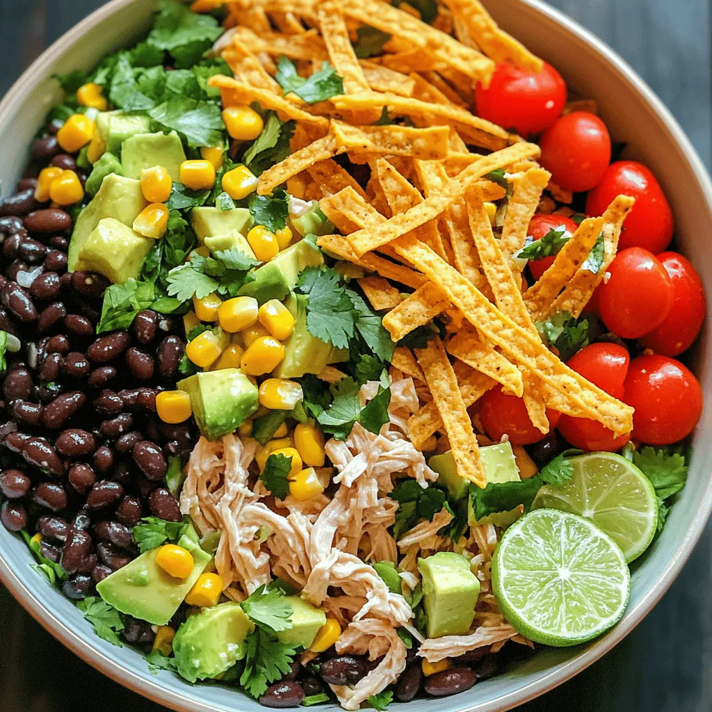 - 2 cups cooked chicken breast, shredded - 1 cup black beans, rinsed and drained - 1 cup corn (fresh or frozen, thawed if using frozen) - 1 red bell pepper, finely diced - 1 ripe avocado, diced - 1 cup cherry tomatoes, halved - 1/4 cup red onion, finely chopped - 1/2 cup fresh cilantro, chopped The main ingredients are what make this salad so tasty. I love the mix of flavors and colors. The shredded chicken gives protein. Black beans add fiber. Corn brings sweetness. Each ingredient plays its part. - Juice of 2 limes (about 1/4 cup) - 1 tablespoon olive oil - 1 teaspoon ground cumin - 1 teaspoon smoked paprika - Salt and freshly cracked black pepper to taste The dressing is simple yet full of flavor. Lime juice adds zest. Olive oil gives richness. Cumin and smoked paprika add warmth. A pinch of salt and pepper brings everything together. - Tortilla strips for garnish Garnishes are key for fun texture. Crispy tortilla strips add a great crunch. They also make the salad look beautiful. Don’t skip this step! For the full recipe, check out the [Full Recipe]. Enjoy making this fresh and flavorful Southwest Chicken Salad! - In a large bowl, combine the cooked chicken, black beans, corn, red bell pepper, avocado, cherry tomatoes, and red onion. - Mix the ingredients well to spread them evenly. - In a smaller bowl, whisk together lime juice, olive oil, cumin, smoked paprika, salt, and pepper. - Drizzle the dressing over your salad mixture. - Add the chopped cilantro for freshness. - Gently toss everything together. Be careful not to mash the avocado. - Chill the salad in the fridge for at least 20 minutes. - Serve with crispy tortilla strips on top for a nice crunch. This Southwest chicken salad bursts with flavor. You can find the full recipe with all the details above. Enjoy! You can switch up the protein in this salad. Grilled shrimp or tofu works great instead of chicken. This keeps the dish fresh and exciting. You can also add more veggies. Try cucumber or shredded carrots for crunch and color. To make the salad even better, play with the dressing. Adding ranch or chipotle sauce gives it a new twist. You might also like fresh lime zest. It adds a bright burst of flavor to each bite. For serving, choose a large, shallow bowl. This shows off the salad's colors and textures. Garnish with extra cilantro and tortilla strips. This not only makes it look pretty but adds a nice crunch, too. For the full recipe and step-by-step guide, check out the [Full Recipe]. {{image_4}} You can serve this salad in a bowl over mixed greens or quinoa. This gives it a fresh base and adds more nutrition. The greens add crunch, while quinoa brings a nutty flavor. Both options make the salad more filling and fun! If you like heat, add diced jalapeños or a spicy salsa. This small change gives the salad a nice kick and bright flavor. You can adjust the spice level to fit your taste. Just remember, a little goes a long way! For a quick meal, wrap the salad in a tortilla. This is perfect for lunch on the go. Just place the salad inside the tortilla, roll it up, and enjoy. It's easy to make and even easier to eat. The flavors stay just as fresh. For the full recipe, check the Southwest Fiesta Chicken Salad above! You can store your Southwest Chicken Salad easily. Cover the salad well and keep it in the refrigerator. It will stay fresh for up to 2 days. For long-term storage, I recommend keeping the dressing separate. This helps the salad stay fresh for longer. You can also freeze portions of the salad for up to 1 month. Just remember to leave out any garnishes like the avocado or tortilla strips. If you need to reheat the chicken, do it gently. This keeps it juicy and tender. Make sure not to reheat the avocado, as it can turn mushy and lose flavor. Enjoy your fresh and tasty salad! For the full recipe, check the earlier section. Yes, you can make this salad a day in advance. Just remember to add the avocado just before serving. This keeps the avocado fresh and green. If you mix it in too early, it will turn brown. You can pair it with tortilla chips, cornbread, or a light soup. These sides make your meal complete. They add nice textures and flavors. You get crunch from the chips and warmth from the soup. To make this salad healthier, choose grilled chicken breast. It has less fat than fried chicken. Use low-fat dressing to cut calories. Also, add more vegetables like cucumbers or spinach. This boosts fiber and nutrients. A few simple swaps can make a big difference. This blog provided a simple and tasty recipe for Southwest chicken salad. You learned how to mix fresh ingredients like chicken, black beans, and corn. We discussed the easy dressing and tips to customize your salad. You can also store it for later and enjoy it fresh. This salad is a great choice for any meal. It’s healthy, colorful, and fun. Get creative with the ingredients to make it your own! Enjoy every bite and share it with friends.