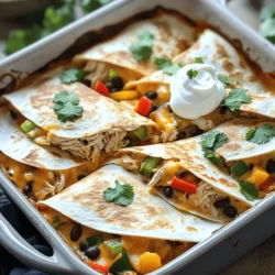 - 2 cups cooked chicken, shredded - 1 cup shredded cheddar cheese - 1 cup shredded mozzarella cheese - 1 cup bell peppers, diced - 1 small onion, finely chopped - 1 cup canned black beans, rinsed and drained - Ground cumin, smoked paprika, garlic powder, chili powder - 8 large flour tortillas - ½ cup sour cream (optional) - Fresh cilantro, chopped When I make chicken and cheese quesadillas bake, I love using fresh ingredients. The shredded chicken gives the dish a hearty base. I often use rotisserie chicken for speed and flavor. The mix of cheddar and mozzarella cheeses adds creaminess and stretch. Adding colorful bell peppers and onions not only enhances taste but also makes the dish pop visually. Black beans add protein and fiber, making this meal more filling. The spices, like cumin and smoked paprika, lend warmth and depth. It’s these small details that bring the dish to life. For the tortillas, I prefer large flour ones for easy folding. They hold the filling well and crisp up perfectly in the oven. You can serve the quesadillas with sour cream. Fresh cilantro on top adds a nice finish. To find the complete recipe, check out the Full Recipe section. To make this Chicken and Cheese Quesadillas Bake, follow these simple steps. - Preheat oven to 375°F (190°C). - Grease a large baking dish with cooking spray or olive oil. - Combine chicken, cheeses, bell peppers, onion, black beans, and spices in a bowl. - Stir until evenly mixed. - Spoon filling onto tortillas and fold in half. - Arrange folded tortillas in the baking dish. - Cover with aluminum foil and bake for 20 minutes. - Remove foil and bake for an additional 10-15 minutes. - Let cool slightly, cut into triangles, and garnish with cilantro. This recipe makes sharing easy and fun. You can find the full recipe above. Enjoy your meal! - Use rotisserie chicken for convenience. This saves time and effort. - Shred chicken evenly for consistent flavor. Even pieces ensure every bite is tasty. - Experiment with different cheese combinations. Mix cheddar, mozzarella, or even gouda. - Consider using pepper jack for extra spice. It adds a nice kick to the dish. - Monitor the quesadillas to avoid burning. Keep an eye on them as they cook. - Adjust baking time based on your oven's performance. Every oven heats differently, so check for doneness. These tips will make your Chicken and Cheese Quesadillas Bake even better. For the full recipe, check out the details above. {{image_4}} You can add more flavors to your quesadillas. Consider incorporating jalapeños for a spicy kick. They bring a nice heat that many love. Corn also adds sweetness and crunch. You can mix in fresh spinach, too. It gives a healthy twist and bright color. All these ingredients make your meal more exciting. If you need a gluten-free version, don’t worry. Just use gluten-free tortillas instead of regular ones. They taste great and hold everything together well. This way, everyone can enjoy this tasty dish without worry. Want to skip the chicken? No problem! You can use sautéed mushrooms or extra vegetables. Try bell peppers, zucchini, or even butternut squash. These swaps create a delicious and hearty meal. Plus, you still get that cheesy goodness in every bite! Store leftovers in an airtight container in the refrigerator. They taste best when used within 3-4 days. This way, your quesadillas stay fresh and flavorful. Reheat in the oven for a crispy texture. Simply warm them at 350°F (175°C) for about 10-15 minutes. Microwaving is a quick option but may soften the tortillas, making them less crunchy. You can freeze uncooked assembled quesadillas for later use. Place them in an airtight container or freezer bag. When ready to bake, just add extra baking time. Bake directly from frozen at 375°F (190°C) for about 30-35 minutes. To make chicken and cheese quesadillas bake, start by preheating your oven to 375°F. Grease a large baking dish. Mix cooked chicken, cheddar cheese, mozzarella cheese, bell peppers, onions, black beans, and spices in a bowl. Spoon this mixture onto flour tortillas, fold them, and place them in the baking dish. Cover with foil and bake for 20 minutes. Remove the foil and bake for an extra 10 to 15 minutes until golden. That’s it! For the full recipe, check out the details provided above. Yes, you can swap cheeses! Feel free to use pepper jack for a spicy kick. Monterey Jack or gouda work well too. Mixing cheeses can enhance flavor and texture. Try blending different kinds for a unique taste. Each cheese brings its own charm, creating a richer experience. Great sides include fresh guacamole, salsa, or a simple salad. Corn on the cob or Mexican rice also complements the quesadillas nicely. You can serve chips with salsa for extra crunch. These sides add color and flavor, making your meal even more enjoyable. Absolutely! You can prep the filling and store it in the fridge for a day. Assemble the quesadillas and bake them when ready to eat. You can also freeze them before baking. Just add a bit more time in the oven if baking from frozen. Look for a golden color on the tortillas and bubbling cheese. The edges should crisp up nicely. You can also test by gently pressing on the quesadillas. They should feel hot and firm. If you see melted cheese oozing, you’re in good shape! Yes, this recipe is great for kids! The flavors are mild and cheesy, which most children enjoy. You can adjust spice levels by reducing or omitting certain seasonings. Feel free to add their favorite veggies for extra nutrition without fuss. In this post, we explored how to make easy chicken and cheese quesadillas. We covered the main ingredients, step-by-step instructions, and useful tips. You can customize this dish with different flavors and options, like gluten-free or vegetarian choices. Storing leftovers is simple, too. Enjoy experimenting with this recipe to suit your taste! Quesadillas are fun to make and perfect for any occasion. Happy cooking!