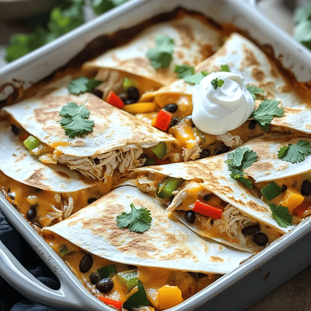 - 2 cups cooked chicken, shredded - 1 cup shredded cheddar cheese - 1 cup shredded mozzarella cheese - 1 cup bell peppers, diced - 1 small onion, finely chopped - 1 cup canned black beans, rinsed and drained - Ground cumin, smoked paprika, garlic powder, chili powder - 8 large flour tortillas - ½ cup sour cream (optional) - Fresh cilantro, chopped When I make chicken and cheese quesadillas bake, I love using fresh ingredients. The shredded chicken gives the dish a hearty base. I often use rotisserie chicken for speed and flavor. The mix of cheddar and mozzarella cheeses adds creaminess and stretch. Adding colorful bell peppers and onions not only enhances taste but also makes the dish pop visually. Black beans add protein and fiber, making this meal more filling. The spices, like cumin and smoked paprika, lend warmth and depth. It’s these small details that bring the dish to life. For the tortillas, I prefer large flour ones for easy folding. They hold the filling well and crisp up perfectly in the oven. You can serve the quesadillas with sour cream. Fresh cilantro on top adds a nice finish. To find the complete recipe, check out the Full Recipe section. To make this Chicken and Cheese Quesadillas Bake, follow these simple steps. - Preheat oven to 375°F (190°C). - Grease a large baking dish with cooking spray or olive oil. - Combine chicken, cheeses, bell peppers, onion, black beans, and spices in a bowl. - Stir until evenly mixed. - Spoon filling onto tortillas and fold in half. - Arrange folded tortillas in the baking dish. - Cover with aluminum foil and bake for 20 minutes. - Remove foil and bake for an additional 10-15 minutes. - Let cool slightly, cut into triangles, and garnish with cilantro. This recipe makes sharing easy and fun. You can find the full recipe above. Enjoy your meal! - Use rotisserie chicken for convenience. This saves time and effort. - Shred chicken evenly for consistent flavor. Even pieces ensure every bite is tasty. - Experiment with different cheese combinations. Mix cheddar, mozzarella, or even gouda. - Consider using pepper jack for extra spice. It adds a nice kick to the dish. - Monitor the quesadillas to avoid burning. Keep an eye on them as they cook. - Adjust baking time based on your oven's performance. Every oven heats differently, so check for doneness. These tips will make your Chicken and Cheese Quesadillas Bake even better. For the full recipe, check out the details above. {{image_4}} You can add more flavors to your quesadillas. Consider incorporating jalapeños for a spicy kick. They bring a nice heat that many love. Corn also adds sweetness and crunch. You can mix in fresh spinach, too. It gives a healthy twist and bright color. All these ingredients make your meal more exciting. If you need a gluten-free version, don’t worry. Just use gluten-free tortillas instead of regular ones. They taste great and hold everything together well. This way, everyone can enjoy this tasty dish without worry. Want to skip the chicken? No problem! You can use sautéed mushrooms or extra vegetables. Try bell peppers, zucchini, or even butternut squash. These swaps create a delicious and hearty meal. Plus, you still get that cheesy goodness in every bite! Store leftovers in an airtight container in the refrigerator. They taste best when used within 3-4 days. This way, your quesadillas stay fresh and flavorful. Reheat in the oven for a crispy texture. Simply warm them at 350°F (175°C) for about 10-15 minutes. Microwaving is a quick option but may soften the tortillas, making them less crunchy. You can freeze uncooked assembled quesadillas for later use. Place them in an airtight container or freezer bag. When ready to bake, just add extra baking time. Bake directly from frozen at 375°F (190°C) for about 30-35 minutes. To make chicken and cheese quesadillas bake, start by preheating your oven to 375°F. Grease a large baking dish. Mix cooked chicken, cheddar cheese, mozzarella cheese, bell peppers, onions, black beans, and spices in a bowl. Spoon this mixture onto flour tortillas, fold them, and place them in the baking dish. Cover with foil and bake for 20 minutes. Remove the foil and bake for an extra 10 to 15 minutes until golden. That’s it! For the full recipe, check out the details provided above. Yes, you can swap cheeses! Feel free to use pepper jack for a spicy kick. Monterey Jack or gouda work well too. Mixing cheeses can enhance flavor and texture. Try blending different kinds for a unique taste. Each cheese brings its own charm, creating a richer experience. Great sides include fresh guacamole, salsa, or a simple salad. Corn on the cob or Mexican rice also complements the quesadillas nicely. You can serve chips with salsa for extra crunch. These sides add color and flavor, making your meal even more enjoyable. Absolutely! You can prep the filling and store it in the fridge for a day. Assemble the quesadillas and bake them when ready to eat. You can also freeze them before baking. Just add a bit more time in the oven if baking from frozen. Look for a golden color on the tortillas and bubbling cheese. The edges should crisp up nicely. You can also test by gently pressing on the quesadillas. They should feel hot and firm. If you see melted cheese oozing, you’re in good shape! Yes, this recipe is great for kids! The flavors are mild and cheesy, which most children enjoy. You can adjust spice levels by reducing or omitting certain seasonings. Feel free to add their favorite veggies for extra nutrition without fuss. In this post, we explored how to make easy chicken and cheese quesadillas. We covered the main ingredients, step-by-step instructions, and useful tips. You can customize this dish with different flavors and options, like gluten-free or vegetarian choices. Storing leftovers is simple, too. Enjoy experimenting with this recipe to suit your taste! Quesadillas are fun to make and perfect for any occasion. Happy cooking!