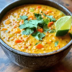 - 1 cup red lentils, thoroughly rinsed: These lentils cook quickly and add a nice texture. You can use green lentils, but they take longer to cook. - 1 can (13.5 oz) creamy coconut milk: Coconut milk adds richness and creaminess. Look for full-fat for the best flavor. - 1 large onion, finely diced: Onions build the foundation of flavor. You can swap with shallots for a sweeter taste. - 3 cloves garlic, minced: Garlic gives a strong, aromatic flavor. Fresh garlic is best, but you can use garlic powder in a pinch. - 1-inch piece fresh ginger, finely grated: Ginger adds warmth and spice. Ground ginger can work, but fresh is much better. - 1 tablespoon curry powder: This spice blend is key for flavor. Choose a good quality curry powder for the best taste. - 1 teaspoon ground turmeric: Turmeric adds a warm yellow color and health benefits. Fresh turmeric is great but hard to find. - 1 teaspoon cumin seeds: Cumin seeds add a smoky flavor. You can use ground cumin if you don't have seeds. - 1 medium carrot, peeled and diced: Carrots bring sweetness and color. You could use sweet potatoes for a twist. - 1 bell pepper, diced (any vibrant color): Bell peppers add crunch and color. Use red, yellow, or orange for sweetness. - 4 cups vegetable broth: This is the base of your soup. You can use homemade or store-bought broth. - 2 tablespoons extra virgin olive oil: Oil helps sauté your veggies. Coconut oil is a tasty alternative. - Salt and freshly ground black pepper, to taste: These spices enhance all flavors. Always taste before serving. - Juice of 1 fresh lime: Lime juice brightens flavors. You can use lemon juice if lime is not available. - Fresh cilantro, chopped, for garnish: Cilantro adds freshness. If you're not a fan, try parsley instead. Fresh spices bring stronger flavors than dried ones. For example, fresh ginger has a bright, zesty taste. Dried spices lose their flavor over time. Always check the date on your spices. You can find most ingredients at local grocery stores. Look for fresh produce at farmers' markets. Specialty stores often have better spices. If you want organic options, check health food stores. Always choose the freshest ingredients for the best soup. For the full recipe of the Coconut Curry Lentil Soup, you can refer to the recipe details provided above. 1. Start by heating the olive oil in a large pot over medium heat. 2. Add the finely diced onion and sauté it for about 5 minutes. Stir it often until the onion is soft and clear. 3. Next, toss in the minced garlic and grated ginger. Cook for another minute. Stir constantly to release their lovely aroma. 4. Now, sprinkle the curry powder, ground turmeric, and cumin seeds into the pot. Stir for 30 seconds to toast the spices. This step really brings out their flavors. 5. Add the diced carrot and bell pepper. Cook them together for about 3-4 minutes. You want them to start softening but not mushy. 6. Incorporate the rinsed red lentils and mix well with the vegetables. This helps the lentils absorb all the flavors. 7. Pour in the vegetable broth and stir again. Increase the heat to a gentle boil. 8. Once boiling, reduce the heat to low. Let it simmer uncovered for about 20 minutes. The lentils should be tender but still hold their shape. 9. Stir in the creamy coconut milk. Let the soup simmer for an extra 5 minutes. 10. If the soup is too thick, add more vegetable broth or water until you like the consistency. 1. Taste the soup and add salt and freshly ground black pepper. Adjust as needed for flavor. 2. Squeeze in the fresh lime juice. This adds a bright finish to the soup. 3. Serve the soup hot in deep bowls. Garnish with fresh chopped cilantro for a pop of color and flavor. This coconut curry lentil soup is so comforting. It’s perfect for cozy nights. For the full recipe, check the section above! When making Coconut Curry Lentil Soup, common mistakes can trip you up. One big mistake is overcooking the lentils. They should be soft but not mushy. To avoid this, keep an eye on them as they simmer. Start checking around the 15-minute mark. Another mistake is not rinsing the lentils. Rinsing removes dust and dirt, making your soup cleaner. Make sure to rinse thoroughly before adding them to the pot. For cooking lentils, a few best practices can help. Use the right type of lentils. Red lentils cook quickly and turn soft. If you choose green or brown lentils, they take longer and stay firmer. Adjust cooking times based on the lentil type. Also, always use enough liquid. Lentils soak up water as they cook. If your soup seems too thick, add more broth or water. This keeps the soup smooth and enjoyable. To make your soup even better, try adding extra spices or herbs. A pinch of cayenne pepper or crushed red pepper can add heat. If you enjoy sweet flavors, consider adding a dash of cinnamon. Fresh herbs like basil or mint can brighten the dish. Add them just before serving for a pop of freshness. You can also stir in some spinach or kale for added nutrition. If you want to change the heat level, start small. Taste the soup as you go. You can always add more spice, but it's hard to take it away. If you like it mild, skip the hot spices altogether. Adjust to match your taste. For the full recipe, check out the complete instructions. Enjoy your cozy night with this rich and tasty soup! {{image_4}} You can make this soup your own by swapping ingredients. If you want to try different lentils, use green or brown lentils. They will change the soup's color and texture, but they still taste great. Cook them a bit longer, about 10 minutes more, to ensure they are tender. Need to add protein? You can toss in cooked chicken for a hearty twist. If you prefer a plant-based option, add tofu. Just cube it and stir it in during the last few minutes of cooking. Both options will give you a filling meal. Cooking this soup in a slow cooker is easy. Just follow the same steps for sautéing the onion, garlic, and spices in a pan. Then, add all ingredients to the slow cooker. Set it on low for 6-8 hours or high for 3-4 hours. Your soup will be ready when the lentils are soft. If you need a quicker option, try the Instant Pot. After sautéing the onion and spices, add all the other ingredients. Seal the lid and cook on high pressure for 10 minutes. Once done, let it naturally release pressure for 10 minutes before serving. This method saves time without losing flavor. To keep your Coconut Curry Lentil Soup fresh, follow these steps: - Cool Down: Let the soup cool to room temperature before storing. - Refrigeration: Place the soup in an airtight container. It can stay in the fridge for about 4-5 days. - Freezing: For longer storage, freeze the soup. Use freezer-safe containers or bags. It can last up to 3 months in the freezer. Reheating soup correctly keeps its rich flavor and texture. Here’s how: - Thawing: If frozen, thaw the soup overnight in the fridge. - Stovetop Method: Pour the soup into a pot. Heat over medium heat, stirring often, until hot. - Microwave Method: Use a microwave-safe bowl. Heat in short bursts, stirring in between, until warm. When reheating, you may want to add a splash of vegetable broth to adjust the soup’s thickness. This keeps it creamy and delicious. Enjoy every warm bowl! Can I make this soup vegan? Yes, this soup is already vegan! It uses coconut milk for creaminess. You can enjoy it without any animal products. How to make this a gluten-free recipe? This soup is gluten-free as is. All the ingredients, like lentils and spices, are safe for gluten-free diets. Just make sure your vegetable broth is gluten-free, too. How long does this soup last in the fridge? This soup will stay fresh in the fridge for about 4 to 5 days. Store it in an airtight container to keep it tasty. Can I serve it with bread or sides? Absolutely! This soup pairs well with crusty bread or a side salad. It makes for a cozy meal. You can also serve it with rice or quinoa for a filling dish. This blog post walked you through all the steps to make a great soup. We discussed the key ingredients and what makes them special. You learned how to prepare them and cook at the right temps. I shared tips to avoid common mistakes and enhance flavors. You also found ways to swap ingredients and adjust cooking methods. Now, with your new knowledge, you're ready to make a tasty soup that suits your taste. Enjoy experimenting and creating your favorite version!