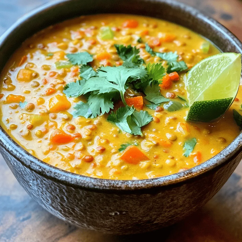 - 1 cup red lentils, thoroughly rinsed: These lentils cook quickly and add a nice texture. You can use green lentils, but they take longer to cook. - 1 can (13.5 oz) creamy coconut milk: Coconut milk adds richness and creaminess. Look for full-fat for the best flavor. - 1 large onion, finely diced: Onions build the foundation of flavor. You can swap with shallots for a sweeter taste. - 3 cloves garlic, minced: Garlic gives a strong, aromatic flavor. Fresh garlic is best, but you can use garlic powder in a pinch. - 1-inch piece fresh ginger, finely grated: Ginger adds warmth and spice. Ground ginger can work, but fresh is much better. - 1 tablespoon curry powder: This spice blend is key for flavor. Choose a good quality curry powder for the best taste. - 1 teaspoon ground turmeric: Turmeric adds a warm yellow color and health benefits. Fresh turmeric is great but hard to find. - 1 teaspoon cumin seeds: Cumin seeds add a smoky flavor. You can use ground cumin if you don't have seeds. - 1 medium carrot, peeled and diced: Carrots bring sweetness and color. You could use sweet potatoes for a twist. - 1 bell pepper, diced (any vibrant color): Bell peppers add crunch and color. Use red, yellow, or orange for sweetness. - 4 cups vegetable broth: This is the base of your soup. You can use homemade or store-bought broth. - 2 tablespoons extra virgin olive oil: Oil helps sauté your veggies. Coconut oil is a tasty alternative. - Salt and freshly ground black pepper, to taste: These spices enhance all flavors. Always taste before serving. - Juice of 1 fresh lime: Lime juice brightens flavors. You can use lemon juice if lime is not available. - Fresh cilantro, chopped, for garnish: Cilantro adds freshness. If you're not a fan, try parsley instead. Fresh spices bring stronger flavors than dried ones. For example, fresh ginger has a bright, zesty taste. Dried spices lose their flavor over time. Always check the date on your spices. You can find most ingredients at local grocery stores. Look for fresh produce at farmers' markets. Specialty stores often have better spices. If you want organic options, check health food stores. Always choose the freshest ingredients for the best soup. For the full recipe of the Coconut Curry Lentil Soup, you can refer to the recipe details provided above. 1. Start by heating the olive oil in a large pot over medium heat. 2. Add the finely diced onion and sauté it for about 5 minutes. Stir it often until the onion is soft and clear. 3. Next, toss in the minced garlic and grated ginger. Cook for another minute. Stir constantly to release their lovely aroma. 4. Now, sprinkle the curry powder, ground turmeric, and cumin seeds into the pot. Stir for 30 seconds to toast the spices. This step really brings out their flavors. 5. Add the diced carrot and bell pepper. Cook them together for about 3-4 minutes. You want them to start softening but not mushy. 6. Incorporate the rinsed red lentils and mix well with the vegetables. This helps the lentils absorb all the flavors. 7. Pour in the vegetable broth and stir again. Increase the heat to a gentle boil. 8. Once boiling, reduce the heat to low. Let it simmer uncovered for about 20 minutes. The lentils should be tender but still hold their shape. 9. Stir in the creamy coconut milk. Let the soup simmer for an extra 5 minutes. 10. If the soup is too thick, add more vegetable broth or water until you like the consistency. 1. Taste the soup and add salt and freshly ground black pepper. Adjust as needed for flavor. 2. Squeeze in the fresh lime juice. This adds a bright finish to the soup. 3. Serve the soup hot in deep bowls. Garnish with fresh chopped cilantro for a pop of color and flavor. This coconut curry lentil soup is so comforting. It’s perfect for cozy nights. For the full recipe, check the section above! When making Coconut Curry Lentil Soup, common mistakes can trip you up. One big mistake is overcooking the lentils. They should be soft but not mushy. To avoid this, keep an eye on them as they simmer. Start checking around the 15-minute mark. Another mistake is not rinsing the lentils. Rinsing removes dust and dirt, making your soup cleaner. Make sure to rinse thoroughly before adding them to the pot. For cooking lentils, a few best practices can help. Use the right type of lentils. Red lentils cook quickly and turn soft. If you choose green or brown lentils, they take longer and stay firmer. Adjust cooking times based on the lentil type. Also, always use enough liquid. Lentils soak up water as they cook. If your soup seems too thick, add more broth or water. This keeps the soup smooth and enjoyable. To make your soup even better, try adding extra spices or herbs. A pinch of cayenne pepper or crushed red pepper can add heat. If you enjoy sweet flavors, consider adding a dash of cinnamon. Fresh herbs like basil or mint can brighten the dish. Add them just before serving for a pop of freshness. You can also stir in some spinach or kale for added nutrition. If you want to change the heat level, start small. Taste the soup as you go. You can always add more spice, but it's hard to take it away. If you like it mild, skip the hot spices altogether. Adjust to match your taste. For the full recipe, check out the complete instructions. Enjoy your cozy night with this rich and tasty soup! {{image_4}} You can make this soup your own by swapping ingredients. If you want to try different lentils, use green or brown lentils. They will change the soup's color and texture, but they still taste great. Cook them a bit longer, about 10 minutes more, to ensure they are tender. Need to add protein? You can toss in cooked chicken for a hearty twist. If you prefer a plant-based option, add tofu. Just cube it and stir it in during the last few minutes of cooking. Both options will give you a filling meal. Cooking this soup in a slow cooker is easy. Just follow the same steps for sautéing the onion, garlic, and spices in a pan. Then, add all ingredients to the slow cooker. Set it on low for 6-8 hours or high for 3-4 hours. Your soup will be ready when the lentils are soft. If you need a quicker option, try the Instant Pot. After sautéing the onion and spices, add all the other ingredients. Seal the lid and cook on high pressure for 10 minutes. Once done, let it naturally release pressure for 10 minutes before serving. This method saves time without losing flavor. To keep your Coconut Curry Lentil Soup fresh, follow these steps: - Cool Down: Let the soup cool to room temperature before storing. - Refrigeration: Place the soup in an airtight container. It can stay in the fridge for about 4-5 days. - Freezing: For longer storage, freeze the soup. Use freezer-safe containers or bags. It can last up to 3 months in the freezer. Reheating soup correctly keeps its rich flavor and texture. Here’s how: - Thawing: If frozen, thaw the soup overnight in the fridge. - Stovetop Method: Pour the soup into a pot. Heat over medium heat, stirring often, until hot. - Microwave Method: Use a microwave-safe bowl. Heat in short bursts, stirring in between, until warm. When reheating, you may want to add a splash of vegetable broth to adjust the soup’s thickness. This keeps it creamy and delicious. Enjoy every warm bowl! Can I make this soup vegan? Yes, this soup is already vegan! It uses coconut milk for creaminess. You can enjoy it without any animal products. How to make this a gluten-free recipe? This soup is gluten-free as is. All the ingredients, like lentils and spices, are safe for gluten-free diets. Just make sure your vegetable broth is gluten-free, too. How long does this soup last in the fridge? This soup will stay fresh in the fridge for about 4 to 5 days. Store it in an airtight container to keep it tasty. Can I serve it with bread or sides? Absolutely! This soup pairs well with crusty bread or a side salad. It makes for a cozy meal. You can also serve it with rice or quinoa for a filling dish. This blog post walked you through all the steps to make a great soup. We discussed the key ingredients and what makes them special. You learned how to prepare them and cook at the right temps. I shared tips to avoid common mistakes and enhance flavors. You also found ways to swap ingredients and adjust cooking methods. Now, with your new knowledge, you're ready to make a tasty soup that suits your taste. Enjoy experimenting and creating your favorite version!