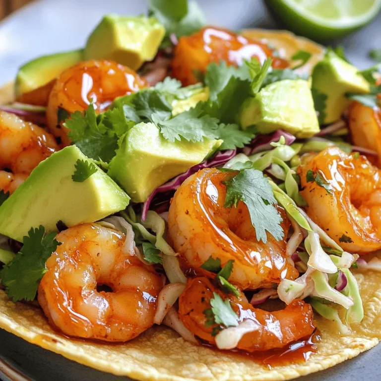 To make sweet and spicy shrimp tacos, you will need: - 1 pound shrimp, peeled and deveined - 2 tablespoons honey - 1 tablespoon sriracha sauce - 1 teaspoon smoked paprika - 1 teaspoon garlic powder - 1 teaspoon lime zest - Salt and pepper to taste - 8 small corn tortillas - 1 cup shredded cabbage - 1 avocado, sliced - Fresh cilantro, for garnish - Lime wedges, for serving These ingredients create a vibrant mix of flavors. The shrimp bring a tasty base. Honey adds sweetness, while sriracha brings heat. Smoked paprika and garlic powder give depth. Lime zest brightens the dish. You can swap some ingredients for other options. If you can’t find shrimp, try chicken or tofu. Use agave syrup instead of honey for a vegan option. If you want less heat, use mild chili sauce in place of sriracha. Also, you can use regular paprika if you don’t have smoked paprika on hand. The right toppings make your tacos even better. Here are some suggestions: - Diced tomatoes for freshness - Red onion slices for a kick - Crumbled queso fresco for creaminess - A drizzle of yogurt or sour cream for coolness - Pickled jalapeños for extra spice These toppings add color and taste. Mix and match to find your favorite combo! For the full recipe, check out the steps provided above. To start, gather your ingredients. You need honey, sriracha sauce, smoked paprika, garlic powder, lime zest, salt, and pepper. In a medium bowl, mix these ingredients well. The honey adds sweetness, while the sriracha brings heat. The spices give the shrimp a nice kick. Next, add the shrimp. Make sure each shrimp is well-coated in the marinade. Cover the bowl with plastic wrap and place it in the fridge. Let the shrimp marinate for at least 15 minutes. This helps the flavors soak in. Now, heat a non-stick skillet over medium-high heat. Once it’s hot, add the marinated shrimp. Cook them for about 2-3 minutes on each side. You want the shrimp to turn pink and opaque. This means they are fully cooked and safe to eat. Keep an eye on them! Overcooking shrimp can make them tough. When they are done, remove them from the skillet and set them aside. Next, warm your corn tortillas in a separate skillet over low heat. This should take about 30 seconds on each side. You want them soft and pliable, perfect for holding all the filling. Now it’s time to build your tacos. Start with a handful of shredded cabbage on each tortilla. Then, add several pieces of the cooked shrimp. Top it off with sliced avocado and fresh cilantro. Serve your tacos with lime wedges on the side. Squeezing fresh lime juice over them adds a bright flavor. For the full recipe, check here: [Full Recipe]. Enjoy your sweet and spicy shrimp tacos! To make a great marinade, mix honey, sriracha, smoked paprika, garlic powder, lime zest, salt, and pepper. This blend gives the shrimp a sweet and spicy kick. Let the shrimp soak in this mix for at least 15 minutes. This allows the flavors to soak in. The longer you marinate, the better the taste. But don't marinate too long, or the shrimp might turn mushy. When cooking shrimp, keep it simple. Heat a non-stick skillet over medium-high heat. Add the marinated shrimp, making sure not to crowd the pan. Cook for about 2-3 minutes on each side. Look for the shrimp to turn pink and opaque. This means they are ready. Avoid overcooking; it can make shrimp tough. If you see them curling tightly, it’s a sign they’re done. For fresh tacos, warm the corn tortillas first. Place them in a dry skillet over low heat. Heat them for about 30 seconds on each side. This makes them soft and pliable. Use fresh ingredients like shredded cabbage, creamy avocado, and cilantro. These add crunch and flavor to your tacos. For an extra zing, serve lime wedges on the side. A squeeze of lime juice brightens every bite. For the full recipe, check out the Sweet and Spicy Shrimp Tacos section. {{image_4}} You can easily swap shrimp for other proteins. Chicken works great. Just cut it into small pieces. You can also use fish, like tilapia or cod. For a vegetarian option, try grilled mushrooms or roasted cauliflower. Each protein brings a unique taste and texture. Adjust cooking times based on your choice. This recipe is easy to make gluten-free. Use corn tortillas, which are naturally gluten-free. Check the labels to ensure no hidden gluten. You can also use lettuce wraps instead of tortillas. This gives a fresh crunch and is low-carb. Your tacos will stay tasty and safe for everyone. Change up the flavors to suit your taste. Want more heat? Add extra sriracha or diced jalapeños. For a sweeter kick, add more honey or a splash of orange juice. You can also mix in spices, like cumin or chili powder, to deepen the flavor. Experiment with fresh herbs, like mint or basil, for a twist. These adjustments make your tacos unique every time. For the full recipe of Sweet and Spicy Shrimp Tacos, check back to create your perfect dish! To keep your sweet and spicy shrimp tacos fresh, store them in an airtight container. Make sure to separate the shrimp from the tortillas and toppings. This helps prevent soggy tortillas. You can keep the shrimp in the fridge for up to three days. The toppings, like cabbage and avocado, should be stored separately to maintain their texture. When you are ready to enjoy leftovers, reheat the shrimp in a skillet. Use medium heat and cook for about 2-3 minutes. Stir often to heat evenly. For the tortillas, warm them in a dry skillet for about 30 seconds on each side. This will make them soft and pliable again. If you want to freeze the shrimp, place them in a freezer-safe bag. Remove as much air as possible to avoid freezer burn. You can freeze the shrimp for up to two months. However, I recommend freezing the shrimp without the marinade. When you want to eat them, thaw them in the fridge overnight and then cook as usual. Toppings like cabbage and avocado do not freeze well, so plan to prepare them fresh when serving. For the full recipe, check the earlier section. To make shrimp tacos more spicy, you can add more sriracha sauce to the marinade. You might also try adding diced jalapeños or a sprinkle of cayenne pepper. These will boost the heat without losing flavor. Experiment with different hot sauces to find your perfect level of spice. Yes, you can prepare the shrimp ahead of time. Just marinate them and store them in the fridge. You can keep them for up to 24 hours. This allows the flavors to deepen, making your tacos even tastier. When you're ready, cook them quickly for a fresh meal. Several sides go well with shrimp tacos. Here are some great options: - Black beans: They add protein and fiber. - Mexican rice: A flavorful, filling side. - Corn salad: Adds crunch and sweetness. - Guacamole: Creamy and rich, it balances the spice. - Chips and salsa: Perfect for munching while you wait. These sides will enhance your meal and make it even more enjoyable! For the full recipe, check out the Sweet and Spicy Shrimp Tacos. In this post, we explored the essential ingredients for shrimp tacos, including substitutions and toppings. I shared step-by-step instructions for making a tasty marinade, cooking shrimp, and assembling your tacos. You learned tips for perfecting your dish, like achieving the right marinade and cooking shrimp well. We also touched on variations for proteins and gluten-free options. Remember, fresh ingredients and spices make a big difference. Enjoy your shrimp tacos, and don’t be afraid to experiment!