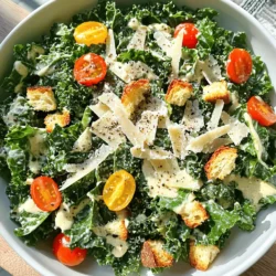 - 1 bunch of kale, de-stemmed and torn into bite-sized pieces - 1 cup of croutons (store-bought or homemade) - 1/4 cup freshly grated Parmesan cheese - Optional: 1 cup cherry tomatoes, halved - 1/4 cup tahini - 2 tablespoons fresh lemon juice - 1 garlic clove, minced finely - 1 tablespoon Dijon mustard - 1 tablespoon pure maple syrup - Salt and freshly ground black pepper, to taste This salad packs a punch of nutrients. Each serving contains about 200 calories. You get healthy fats from tahini, protein from Parmesan, and fiber from kale. It’s a great mix of carbs and protein, making it a balanced meal. Now, let’s talk about how these ingredients come together. The kale serves as a hearty base. It gives you a nice crunch and lots of vitamins. The croutons add a fun crunch. You can make them at home for extra flavor. The cheese brings a salty taste that balances the salad perfectly. The dressing is where the magic happens. Tahini adds a nutty flavor. Lemon juice brightens the dish. Garlic gives it a nice kick. Dijon mustard adds a tangy bite, while maple syrup brings just a hint of sweetness. With this mix of fresh and flavorful ingredients, you get a salad that’s both tasty and good for you. Check out the Full Recipe for all the details! To create a creamy dressing, start by whisking together the following ingredients in a large bowl: - 1/4 cup tahini - 2 tablespoons fresh lemon juice - 1 garlic clove, minced finely - 1 tablespoon Dijon mustard - 1 tablespoon pure maple syrup - Salt and freshly ground black pepper, to taste Mix until smooth. If it feels too thick, add a little water to reach your desired consistency. Next, add the torn kale leaves to the bowl with the dressing. This part is key! You want to massage the dressing into the leaves for about 2-3 minutes. This softens the kale and helps it soak up that tasty dressing. You'll notice the leaves turn a darker green and become tender. Once the kale is dressed, it's time to add the croutons. Gently toss them with the kale to mix. Be careful not to crush the croutons! After that, sprinkle 1/4 cup of freshly grated Parmesan cheese over the salad. Toss lightly again. If you want a pop of color, you can also add 1 cup of halved cherry tomatoes. Give it one last gentle toss, and your Kale Caesar Salad is ready to serve! For the complete process, check out the Full Recipe. To make a great dressing, start with the tahini. Whisk it with lemon juice, garlic, mustard, and maple syrup. If your dressing seems too thick, add a little water. This helps achieve a creamier texture. You can also add more lemon juice for a tangy kick or extra maple syrup for sweetness. Taste as you go. This way, you can find the perfect balance for your salad. Massaging kale is key for a tender bite. After you add the dressing to the kale, use your hands to gently squeeze and rub the leaves. Do this for about 2-3 minutes. This process softens the kale and helps it soak up the dressing. You’ll notice a change in color as it becomes brighter and more vibrant. Make sure to be gentle, so you don’t tear the leaves. When it comes to serving, presentation matters. Use a big, colorful bowl to show off the salad. You can also plate it into individual dishes for a nice touch. Top with extra Parmesan shavings and a sprinkle of black pepper for a beautiful finish. For a complete meal, pair it with grilled chicken or a side of roasted veggies. This salad shines as a side or a light meal on its own. Enjoy your Kale Caesar Salad Delight with friends and family! {{image_4}} If you want a vegan version of this salad, swap the Parmesan with nutritional yeast. Nutritional yeast adds a cheesy flavor without dairy. You can use about 2 tablespoons to start. It’s rich in B vitamins and adds a nice twist. For those who need gluten-free meals, choose gluten-free croutons. Many brands offer tasty options. Also, check your dressing for gluten. Some ready-made dressings contain gluten, so make your own or pick one that is gluten-free. You can elevate your Kale Caesar Salad with tasty add-ins. Try adding avocado for creaminess. Grilled chicken adds protein and makes it more filling. Nuts like almonds or walnuts offer a great crunch and extra nutrients. These changes not only add texture but also boost the flavor. Enjoy experimenting with different ingredients to make it your own. For the complete guide, check out the Full Recipe. To keep your Kale Caesar Salad fresh, store it in an airtight container. Place the salad in the fridge right after serving. This way, it stays crisp and tasty. If you added croutons, store them separately. They can become soggy. Try to eat the leftovers within two days for the best flavor. Store any leftover dressing in a clean jar. Seal it tightly and keep it in the fridge. The dressing lasts about a week. If it thickens, stir in a little water or lemon juice before using again. This keeps it smooth and easy to mix. You don’t need to reheat a salad, but you can serve it at room temperature. If the greens seem wilted, try adding a splash of fresh lemon juice. This brightens the flavors and revives the salad. Enjoy your fresh Kale Caesar Salad as a side or light meal, even after storage! Check out the Full Recipe for more details. Yes, you can use other greens. Spinach is soft and mild. Romaine gives a crisp bite. Arugula adds a peppery kick. Each green changes the salad's taste. Kale is sturdy and holds dressing well. It stays fresh longer, too. Making croutons is easy. Start with stale bread, cut it into cubes. Toss the cubes with olive oil, salt, and your favorite spices. Bake at 375°F for about 10-15 minutes. Stir halfway through. For flavors, try garlic powder or Italian herbs. These croutons add crunch to your salad. Yes, this recipe is great for meal prep. You can prepare the dressing ahead of time. Store it in a jar in the fridge. Keep the kale and croutons separate until ready to eat. This keeps the salad fresh and crunchy. Enjoy it throughout the week! This blog post shared a simple and tasty kale salad recipe. You learned about fresh ingredients, a bold tahini dressing, and nutrition info. We covered step-by-step instructions, tips to enhance flavor, and easy variations for different diets. Remember, salad can be fun and creative! Use this guide to mix, match, and enjoy your meals. Fresh ingredients and smart choices can make healthy eating easy and delicious.