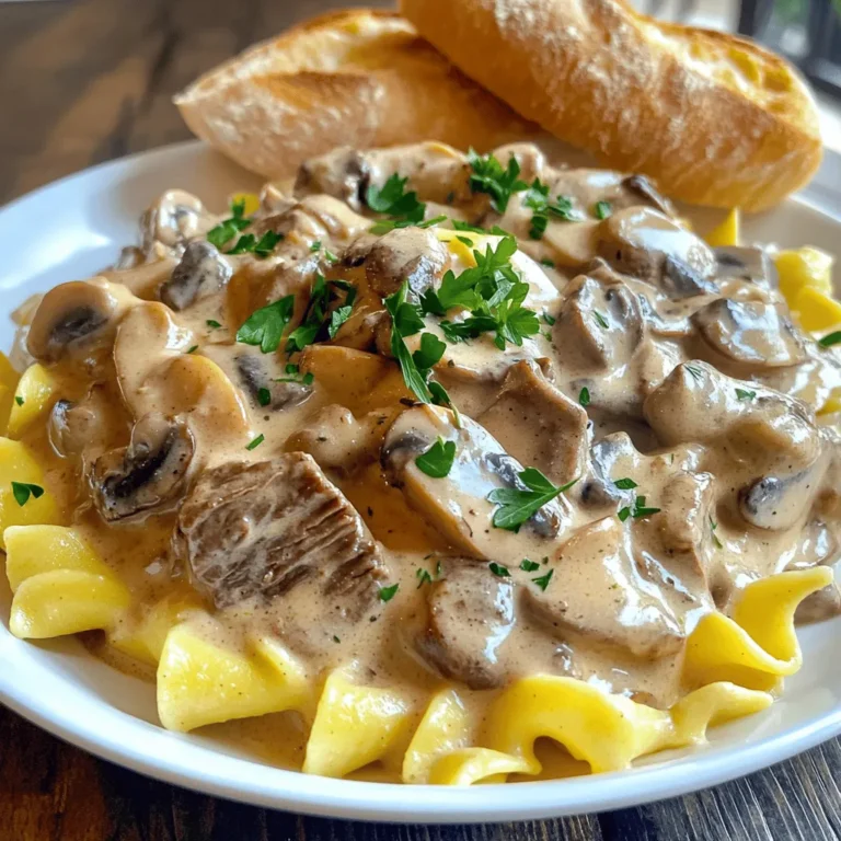 To make a great beef stroganoff, you need these main ingredients: - 1.5 lbs beef sirloin, thinly sliced - 1 medium onion, finely chopped - 3 cloves garlic, minced - 8 oz mushrooms, sliced - 2 cups beef broth - 1 cup sour cream - 2 tablespoons Dijon mustard - 3 tablespoons all-purpose flour - 3 tablespoons olive oil - 1 tablespoon Worcestershire sauce - Salt and freshly ground black pepper - Fresh parsley, chopped (for garnish) - 8 oz egg noodles These ingredients create a rich and tasty sauce that pairs well with tender beef and noodles. You can add some optional ingredients to boost the flavor: - Fresh thyme or dill for extra herbs - A splash of white wine for depth - A pinch of paprika for warmth These additions can enhance the dish and make it your own. If you have dietary needs or preferences, consider these substitutions: - Swap beef sirloin with chicken or tofu for a different protein. - Use Greek yogurt instead of sour cream for a lighter option. - Replace egg noodles with zucchini noodles for a low-carb choice. These swaps let you enjoy stroganoff in a way that suits your taste and needs. For the complete recipe, check out the [Full Recipe]. Start with a large pot of salted water. Bring it to a rolling boil. Add 8 oz of egg noodles. Cook them according to the package directions until al dente. Once done, drain the noodles and set them aside. This step is key for a great beef stroganoff. Take 1.5 lbs of beef sirloin and slice it thinly. Season it well with salt and pepper. Heat 2 tablespoons of olive oil in a large skillet over medium-high heat. Add the beef in batches. Cook for 2-3 minutes on each side. You want it browned but not fully cooked. Once done, remove the beef and place it on a plate. In the same skillet, lower the heat a bit. Add 1 tablespoon of olive oil. Sauté 1 finely chopped onion for about 3 minutes. It should become soft and translucent. Then, add 3 minced garlic cloves and cook for another minute. The smell will be great! Next, add 8 oz of sliced mushrooms. Cook for 5-7 minutes until they are golden brown. Sprinkle 3 tablespoons of flour over this mixture and stir well. Slowly pour in 2 cups of beef broth while stirring. This will help prevent lumps. Let the mix come to a simmer for about 5 minutes. Your sauce will thicken a bit. Now, turn the heat to low and return the beef to the skillet. Stir in 1 tablespoon of Worcestershire sauce and 2 tablespoons of Dijon mustard. Let everything simmer for another 5 minutes. This ensures the beef cooks fully and absorbs all those rich flavors. After that, remove the skillet from heat and gently mix in 1 cup of sour cream. Stir until the sauce is creamy. Taste and adjust the seasoning if needed. Finally, add the cooked egg noodles to the beef stroganoff sauce. Toss them until they are fully coated. Serve it warm, topped with freshly chopped parsley. Enjoy your meal! For a complete guide, check the Full Recipe. To cook beef just right, start with good cuts. I like sirloin for its flavor and tenderness. Slice it thinly against the grain. This helps keep it tender. Season with salt and pepper before cooking. Sear it in hot oil for a nice crust. Don't overcrowd the pan. Cook in batches if needed. This ensures even cooking. Remember, the beef will finish cooking in the sauce. To make the sauce creamy, use full-fat sour cream. Add it off the heat. This stops it from curdling. Mix it in gently for a smooth texture. For more flavor, add Dijon mustard. It balances the richness of the sour cream. If you want a thicker sauce, sprinkle in a bit more flour. Just make sure to mix it well to avoid lumps. When serving beef stroganoff for eight, use wide, shallow bowls. This allows you to show off the creamy sauce. Garnish with chopped parsley for a fresh look. Serve with crusty bread on the side. It’s great for dipping into the sauce. For a side dish, consider a simple green salad. It adds a nice crunch and freshness to the meal. For the full recipe, check out the details above. {{image_4}} To make a healthier beef stroganoff, focus on lean cuts of meat. Use sirloin or flank steak instead of fatty cuts. You can also reduce the sour cream. Try Greek yogurt for a lower fat option. Swap out egg noodles for whole grain pasta or spiralized veggies. These changes keep the dish tasty while lowering calories. If you want a vegetarian twist, replace beef with mushrooms or lentils. Portobello mushrooms add a meaty texture. Use vegetable broth instead of beef broth. For a vegan option, choose coconut cream in place of sour cream. This keeps the dish creamy without dairy. Add plenty of herbs and spices to boost flavor. For a gluten-free beef stroganoff, switch the flour for cornstarch or a gluten-free blend. Ensure your beef broth is gluten-free too. Use gluten-free pasta or zucchini noodles for a fresh twist. These adjustments let everyone enjoy this comforting meal without worry. For the full recipe, visit the link above. To keep your beef stroganoff fresh, store it in an airtight container. Place it in the fridge within two hours of cooking. This helps prevent bacteria growth. It stays good for up to three days. If you have leftovers, make sure the dish cools before sealing. This keeps moisture from building up inside the container. When you are ready to enjoy your stroganoff again, reheat it gently. You can use the stovetop or microwave. If using the stovetop, heat on low. Stir often to heat evenly and avoid burning. If using a microwave, cover the dish loosely. Heat in short bursts, stirring in between. This keeps the sauce creamy and tasty. If you want to store stroganoff for longer, freezing is a great option. Place it in a freezer-safe container. It can last up to three months in the freezer. To thaw, place it in the fridge overnight. You can also use the microwave on a low setting. Make sure to reheat thoroughly before serving. Enjoy your creamy mushroom beef stroganoff even later! For the full recipe, check out the details above. The best cut of beef for stroganoff is beef sirloin. It is tender and cooks quickly. You can also use tenderloin or flank steak if you prefer. Choose thinly sliced pieces for quick cooking. This helps keep the meat juicy and soft. Yes, you can make beef stroganoff ahead of time. Cook it fully and cool it down. Place it in an airtight container in the fridge. It can last for up to three days. When ready to eat, simply reheat it on the stove or in the microwave. The flavors will blend even more, making it taste great! To enhance the flavor of your stroganoff, use fresh herbs like thyme or dill. Adding a splash of white wine gives it depth. You can also mix in some mustard or a hint of paprika for a kick. Always taste your sauce and adjust the seasoning with salt and pepper. Beef stroganoff is great with egg noodles or rice. You can also serve it with mashed potatoes for a hearty meal. A side of crusty bread is perfect for dipping in the sauce. Pair it with a simple salad for some freshness. For a complete meal, consider sautéed green beans or steamed broccoli. For a full recipe, check out the Creamy Mushroom Beef Stroganoff. In this article, we covered the key ingredients for beef stroganoff, from essentials to optional ones. I shared step-by-step instructions to cook it perfectly, along with tips to improve your dish. We explored variations for different diets and discussed how to store leftovers safely. Remember, making stroganoff can be simple and fun. You can adjust the recipe to fit your taste. Enjoy the process and share your creations with friends and family. Cooking is about having fun and making memories!