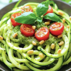 To make Zucchini Noodles with Pesto, you need fresh and simple ingredients. Here they are: - 3 medium zucchinis, spiralized - 1 cup fresh basil leaves - 1/4 cup toasted pine nuts - 1/4 cup grated Parmesan cheese (or nutritional yeast for a vegan option) - 2 cloves garlic, minced - 1/4 cup extra virgin olive oil - Salt and freshly ground black pepper, to taste - Handful of cherry tomatoes, halved (for garnish) - Optional: Pinch of red pepper flakes for a spicy kick These ingredients blend perfectly to create a dish that is both quick and tasty. Using fresh basil gives your pesto a bright flavor. The pine nuts add a rich texture. You can choose Parmesan or nutritional yeast based on your diet. When you spiralize the zucchinis, they turn into fun, noodle-like shapes. This makes your dish look exciting and colorful. The cherry tomatoes add a pop of freshness at the end. For a complete recipe, check the Full Recipe. Enjoy the process of making this fun dish! - Start by spiralizing your zucchinis. Use a spiralizer or a julienne peeler. - Once you have your noodles, set them aside on a plate or in a bowl. - In a food processor, combine fresh basil leaves, toasted pine nuts, grated Parmesan cheese, and minced garlic. - Pulse the mix until everything is coarsely chopped and well combined. - While blending, slowly drizzle in the extra virgin olive oil. This helps achieve a smooth consistency. - Taste your pesto. Adjust the flavor with salt and freshly ground black pepper. If you like it spicy, add a pinch of red pepper flakes. - Heat a large skillet over medium heat. - Add the spiralized zucchini noodles to the skillet. Sauté them gently for 2-3 minutes. You want them tender but still firm. - Remove the skillet from heat. Add half of the pesto to the noodles. Toss them gently to coat evenly. You can add more pesto if you prefer! - For serving, place the zucchini noodles in bowls. Top them with halved cherry tomatoes for a colorful finish. Enjoy this quick and tasty dish! For the complete preparation details, check the Full Recipe. - Choosing the right zucchini: Pick firm, medium-sized zucchinis. Avoid soft or watery ones. Thicker zucchinis yield better noodles. Look for a smooth skin and vibrant color. - Techniques for perfect noodles: Use a spiralizer for long, thin strands. If you don’t have one, a julienne peeler works too. Aim for even thickness to cook evenly. Don't force the zucchini; let it turn naturally. - Tips for fresh basil preservation: Store fresh basil in a glass of water. Cover the leaves with a plastic bag. This keeps it fresh for days. You can also freeze basil in ice cube trays with olive oil. - Alternatives for nut allergies: Substitute pine nuts with seeds like sunflower or pumpkin. These keep the pesto creamy and tasty. You can also skip nuts entirely and use more cheese or nutritional yeast. - Presentation ideas for an appealing dish: Serve zucchini noodles in a bowl with a swirl design. This makes it look fancy. Drizzle extra pesto on top for color and flavor. - Pairing with additional garnishes: Add halved cherry tomatoes for freshness. A sprinkle of extra cheese can enhance the dish. Fresh basil leaves add a nice touch too. For the full recipe, check out the Zesty Zucchini Noodles with Pesto. {{image_4}} You can boost your zucchini noodles with protein. Grilled chicken or shrimp are great choices. They add flavor and make the meal filling. You can also mix in more veggies. Try bell peppers, spinach, or mushrooms. They add color and nutrients to your dish. Get creative with your pesto! Swap basil for spinach or arugula. This twist gives a new flavor. If you're vegan, use nutritional yeast instead of cheese. You can even add nuts like walnuts for a different taste. Experiment with herbs to find your favorite mix. Zucchini noodles are naturally gluten-free. You can serve them without traditional pasta. For pesto, use sunflower seeds instead of pine nuts if needed. This makes it nut-free too. You can also try avocado for creaminess in your pesto. It’s a fun and tasty twist! For more details, check out the Full Recipe to dive deeper into making this dish your own. To keep your zucchini noodles and pesto fresh, store them separately. Use airtight containers. Place the noodles in one container and the pesto in another. This helps prevent sogginess. You can keep them in the fridge for up to three days. Check for any signs of spoilage before using. If you want to save zucchini noodles for later, you can freeze them. Lay the noodles flat on a baking sheet. Freeze them for about an hour until firm. Then, transfer them to a freezer bag. For the pesto, pour it into an ice cube tray. Once frozen, pop the cubes into a freezer bag. This keeps the pesto fresh for about three months. To reheat zucchini noodles, place them in a skillet over low heat. Add a splash of water to steam them lightly. This helps keep them from becoming mushy. Stir gently for a few minutes until warmed through. If reheating pesto, do it in a microwave for 30 seconds. Mix well and check the temperature. Enjoy your delicious meal with all its flavors intact. For the full recipe, visit the [Full Recipe] section. Yes, you can prepare zucchini noodles in advance. Spiralize the zucchinis and store them in a sealed container. Keep them in the fridge for up to two days. However, they may release some water. To reduce this, pat them dry before using. Look for medium-sized zucchinis. They should be firm and free from blemishes. Smaller zucchinis are often sweeter and less seedy, making them great for noodles. Choose organic if possible for a cleaner taste. Homemade pesto can last up to one week in the fridge. Store it in an airtight container. To keep it fresh, drizzle a thin layer of olive oil on top before sealing. This helps prevent browning. Yes, zucchini noodles are lower in calories and carbs than regular pasta. They are high in vitamins A and C. This makes them a great choice for anyone looking to eat healthier. They also add more vegetables to your diet. Absolutely! Store-bought pesto saves time and still adds great flavor. Look for a high-quality brand with simple ingredients. It can be a perfect shortcut when you're short on time. For the best flavor, choose one without preservatives. For the full recipe, check out the Zesty Zucchini Noodles with Pesto. This blog post covered how to make delicious zucchini noodles with fresh pesto. You learned about the ingredients and steps needed for preparation. I also shared tips to perfect your noodles and pesto, along with storage info for leftovers. Zucchini noodles are nutritious and easy to prepare. With variations, you can customize this dish to your taste. Try different ingredients and enjoy this healthy option. Get creative, and make it your own!