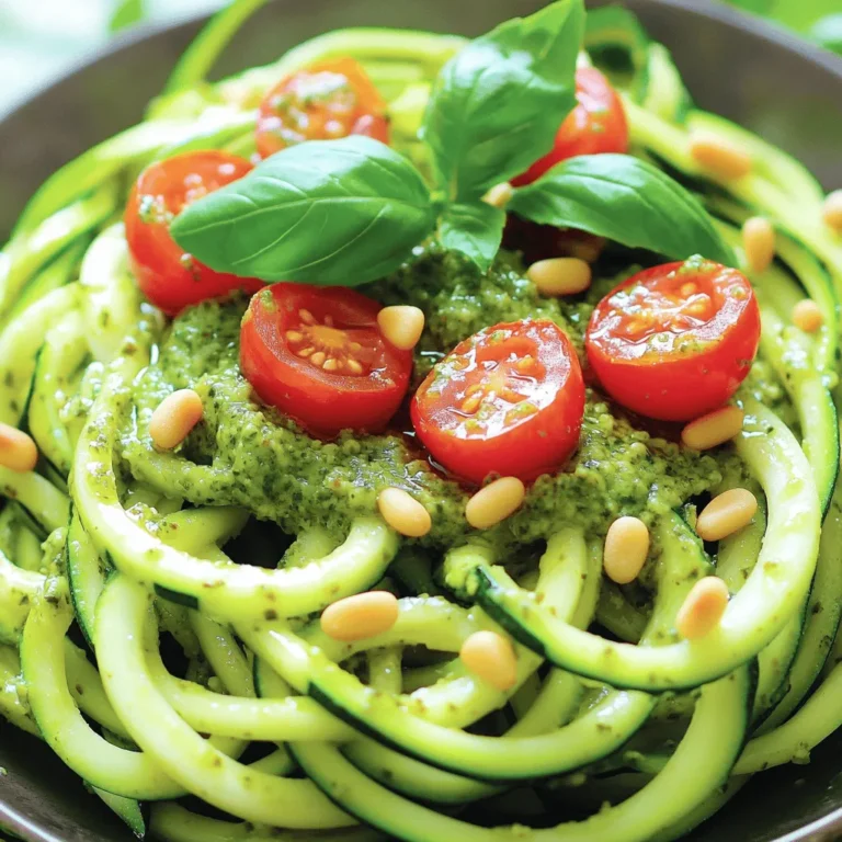 To make Zucchini Noodles with Pesto, you need fresh and simple ingredients. Here they are: - 3 medium zucchinis, spiralized - 1 cup fresh basil leaves - 1/4 cup toasted pine nuts - 1/4 cup grated Parmesan cheese (or nutritional yeast for a vegan option) - 2 cloves garlic, minced - 1/4 cup extra virgin olive oil - Salt and freshly ground black pepper, to taste - Handful of cherry tomatoes, halved (for garnish) - Optional: Pinch of red pepper flakes for a spicy kick These ingredients blend perfectly to create a dish that is both quick and tasty. Using fresh basil gives your pesto a bright flavor. The pine nuts add a rich texture. You can choose Parmesan or nutritional yeast based on your diet. When you spiralize the zucchinis, they turn into fun, noodle-like shapes. This makes your dish look exciting and colorful. The cherry tomatoes add a pop of freshness at the end. For a complete recipe, check the Full Recipe. Enjoy the process of making this fun dish! - Start by spiralizing your zucchinis. Use a spiralizer or a julienne peeler. - Once you have your noodles, set them aside on a plate or in a bowl. - In a food processor, combine fresh basil leaves, toasted pine nuts, grated Parmesan cheese, and minced garlic. - Pulse the mix until everything is coarsely chopped and well combined. - While blending, slowly drizzle in the extra virgin olive oil. This helps achieve a smooth consistency. - Taste your pesto. Adjust the flavor with salt and freshly ground black pepper. If you like it spicy, add a pinch of red pepper flakes. - Heat a large skillet over medium heat. - Add the spiralized zucchini noodles to the skillet. Sauté them gently for 2-3 minutes. You want them tender but still firm. - Remove the skillet from heat. Add half of the pesto to the noodles. Toss them gently to coat evenly. You can add more pesto if you prefer! - For serving, place the zucchini noodles in bowls. Top them with halved cherry tomatoes for a colorful finish. Enjoy this quick and tasty dish! For the complete preparation details, check the Full Recipe. - Choosing the right zucchini: Pick firm, medium-sized zucchinis. Avoid soft or watery ones. Thicker zucchinis yield better noodles. Look for a smooth skin and vibrant color. - Techniques for perfect noodles: Use a spiralizer for long, thin strands. If you don’t have one, a julienne peeler works too. Aim for even thickness to cook evenly. Don't force the zucchini; let it turn naturally. - Tips for fresh basil preservation: Store fresh basil in a glass of water. Cover the leaves with a plastic bag. This keeps it fresh for days. You can also freeze basil in ice cube trays with olive oil. - Alternatives for nut allergies: Substitute pine nuts with seeds like sunflower or pumpkin. These keep the pesto creamy and tasty. You can also skip nuts entirely and use more cheese or nutritional yeast. - Presentation ideas for an appealing dish: Serve zucchini noodles in a bowl with a swirl design. This makes it look fancy. Drizzle extra pesto on top for color and flavor. - Pairing with additional garnishes: Add halved cherry tomatoes for freshness. A sprinkle of extra cheese can enhance the dish. Fresh basil leaves add a nice touch too. For the full recipe, check out the Zesty Zucchini Noodles with Pesto. {{image_4}} You can boost your zucchini noodles with protein. Grilled chicken or shrimp are great choices. They add flavor and make the meal filling. You can also mix in more veggies. Try bell peppers, spinach, or mushrooms. They add color and nutrients to your dish. Get creative with your pesto! Swap basil for spinach or arugula. This twist gives a new flavor. If you're vegan, use nutritional yeast instead of cheese. You can even add nuts like walnuts for a different taste. Experiment with herbs to find your favorite mix. Zucchini noodles are naturally gluten-free. You can serve them without traditional pasta. For pesto, use sunflower seeds instead of pine nuts if needed. This makes it nut-free too. You can also try avocado for creaminess in your pesto. It’s a fun and tasty twist! For more details, check out the Full Recipe to dive deeper into making this dish your own. To keep your zucchini noodles and pesto fresh, store them separately. Use airtight containers. Place the noodles in one container and the pesto in another. This helps prevent sogginess. You can keep them in the fridge for up to three days. Check for any signs of spoilage before using. If you want to save zucchini noodles for later, you can freeze them. Lay the noodles flat on a baking sheet. Freeze them for about an hour until firm. Then, transfer them to a freezer bag. For the pesto, pour it into an ice cube tray. Once frozen, pop the cubes into a freezer bag. This keeps the pesto fresh for about three months. To reheat zucchini noodles, place them in a skillet over low heat. Add a splash of water to steam them lightly. This helps keep them from becoming mushy. Stir gently for a few minutes until warmed through. If reheating pesto, do it in a microwave for 30 seconds. Mix well and check the temperature. Enjoy your delicious meal with all its flavors intact. For the full recipe, visit the [Full Recipe] section. Yes, you can prepare zucchini noodles in advance. Spiralize the zucchinis and store them in a sealed container. Keep them in the fridge for up to two days. However, they may release some water. To reduce this, pat them dry before using. Look for medium-sized zucchinis. They should be firm and free from blemishes. Smaller zucchinis are often sweeter and less seedy, making them great for noodles. Choose organic if possible for a cleaner taste. Homemade pesto can last up to one week in the fridge. Store it in an airtight container. To keep it fresh, drizzle a thin layer of olive oil on top before sealing. This helps prevent browning. Yes, zucchini noodles are lower in calories and carbs than regular pasta. They are high in vitamins A and C. This makes them a great choice for anyone looking to eat healthier. They also add more vegetables to your diet. Absolutely! Store-bought pesto saves time and still adds great flavor. Look for a high-quality brand with simple ingredients. It can be a perfect shortcut when you're short on time. For the best flavor, choose one without preservatives. For the full recipe, check out the Zesty Zucchini Noodles with Pesto. This blog post covered how to make delicious zucchini noodles with fresh pesto. You learned about the ingredients and steps needed for preparation. I also shared tips to perfect your noodles and pesto, along with storage info for leftovers. Zucchini noodles are nutritious and easy to prepare. With variations, you can customize this dish to your taste. Try different ingredients and enjoy this healthy option. Get creative, and make it your own!