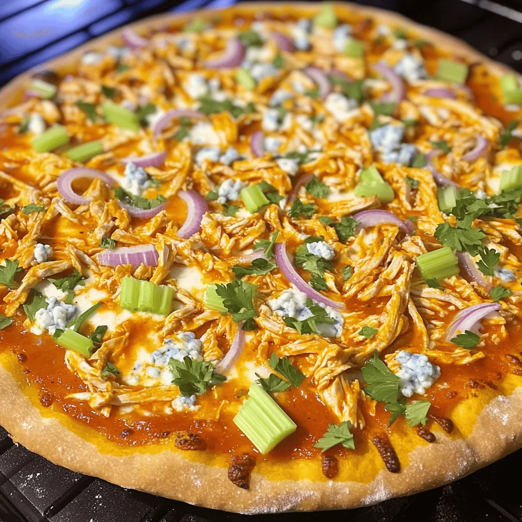 To make a great Buffalo chicken pizza, you need some key items. Here’s what you should gather: - Pizza dough (store-bought or homemade) - 1 cup cooked chicken, shredded - 1/2 cup buffalo sauce (adjust to taste for spiciness) - 1 cup mozzarella cheese, shredded - 1/2 cup blue cheese, crumbled These ingredients create the heart of your pizza. The dough serves as a base, while the chicken and buffalo sauce give it that iconic flavor. Cheese adds creaminess and richness. To make your pizza even better, consider these toppings: - 1/4 cup red onion, thinly sliced - 1/4 cup celery, finely chopped - Fresh parsley, chopped (for garnish) - Salt and freshly cracked pepper, to taste The red onion adds a nice crunch, and the celery brings freshness. Don’t forget the parsley for a pop of color and flavor! You’ll need a few tools to make this pizza: - Pizza stone or baking sheet - Rolling pin - Mixing bowls These tools help you prepare and bake your pizza perfectly. A hot pizza stone gives you that crispy crust we all love. For the detailed steps, check the Full Recipe. Enjoy making your Buffalo chicken pizza! First, we need to preheat the oven. Set it to 475°F (245°C). This high heat helps create a crispy crust. While the oven heats, mix the chicken with the buffalo sauce. Take 1 cup of shredded chicken and add 1/2 cup of buffalo sauce. Stir until the chicken is well coated. This mixture gives the pizza its spicy kick. Next, roll out the pizza dough. You can use store-bought or homemade. On a floured surface, roll it to about 12 inches in diameter. Now, carefully take your hot pizza stone or baking sheet from the oven. Brush it lightly with olive oil to prevent sticking. Place the rolled-out dough onto the stone or sheet. Spread the buffalo chicken mixture evenly over the dough. Leave a 1/2 inch border around the edges for a nice crust. Then, sprinkle 1 cup of shredded mozzarella cheese on top. Add 1/2 cup of crumbled blue cheese and some sliced red onion for flavor. Slide your pizza into the preheated oven. Bake it for 12 to 15 minutes. Look for a golden brown crust and bubbling cheese. When it's ready, carefully pull the pizza out of the oven. Let it cool for a few minutes before slicing. This helps the cheese set. For the final touch, add some chopped celery and parsley. This adds crunch and freshness. Now you can slice it into wedges and enjoy! For more details, check out the Full Recipe. To make the best crust, start with good dough. You can use store-bought or homemade dough. When rolling out the dough, use a floured surface. This helps prevent sticking. Roll from the center outwards. Stretch the dough gently to maintain its shape. Aim for about a 12-inch round. Preheating your baking surface is key. Place a pizza stone or baking sheet in the oven while it heats. Set your oven to 475°F (245°C). This makes the crust crispy and golden. A hot surface helps the pizza cook evenly. Buffalo sauce adds a delightful kick. Adjust the heat to your liking. If you prefer mild, use less sauce. For more spice, add extra. Mix it well with the shredded chicken for full flavor. Choosing the right cheeses is also important. Mozzarella gives a nice melt. Blue cheese adds a bold, tangy flavor. This balance makes each bite delicious. Feel free to mix in other cheeses too for extra depth. Buffalo chicken pizza pairs well with dips. Ranch or blue cheese dressing works great. They cool down the heat and add creaminess. For sides, consider fresh veggies or a simple salad. Carrot and celery sticks complement the pizza well. They add crunch and freshness. Enjoy your meal with friends and family for a fun gathering. {{image_4}} You can switch up the meat on your Buffalo chicken pizza. Grilled chicken adds a nice smoky taste. Rotisserie chicken is quick and still tasty. Simply shred it and mix it with buffalo sauce. If you prefer a meat-free option, try using tofu or jackfruit. They can soak up the buffalo flavor well and give you that meaty texture. Adding jalapeños gives your pizza a spicy kick. You can also use crispy bacon for a savory crunch. If you're feeling adventurous, swap the buffalo sauce for a spicy barbecue sauce. This change gives a different flavor that many love. You can even mix sauces to find your perfect taste. Don't be afraid to experiment; cooking is about creativity! If you have gluten issues, look for gluten-free pizza dough. Many brands offer tasty options that work well. For dairy-free choices, use vegan cheese. It melts nicely and still tastes great. You can also make your own dairy-free cheese using nuts and nutritional yeast. These options let everyone enjoy this pizza, no matter their diet! To keep your Buffalo Chicken Pizza fresh, wrap it tightly in plastic wrap. You can also use an airtight container. Store it in the fridge for best results. This will help keep the flavors intact. When you are ready to eat, reheat the pizza in the oven. Preheat the oven to 350°F (175°C). Place the pizza on a baking sheet. Heat for about 10-15 minutes. This will help keep the crust crispy. Microwaving can make it soggy, so avoid that if you can! You can freeze Buffalo Chicken Pizza, too! If you want to freeze it before baking, prepare the pizza as usual. Just don’t bake it. Wrap it well in plastic wrap and then in foil. Store it in the freezer for up to 3 months. If you have leftovers after baking, you can freeze those as well. Again, wrap them tightly and store in the freezer. To reheat, let the pizza thaw in the fridge overnight. Then, bake it in the oven at 350°F (175°C) until hot. In the fridge, your leftovers will stay fresh for about 3-4 days. After that, they may spoil. Look for signs of spoilage like an off smell or mold. If you see any, it’s best to toss it. Always trust your senses when it comes to food safety! For more delicious tips and cooking advice, check out the Full Recipe. To boost the heat, try these tips: - Use a hotter buffalo sauce. - Add sliced jalapeños on top. - Mix in crushed red pepper flakes. For a flavor kick, experiment with different hot sauces. Each sauce has its own heat and taste. You can also add more sauce to the chicken mix for extra spice. Just remember: start small, then taste before adding more. Yes, you can prep this pizza in advance. Here’s how: - Chicken and Sauce: Cook and mix your chicken with buffalo sauce. Store it in the fridge. - Dough: Roll out the dough and keep it in the fridge. Wrap it tightly to prevent it from drying out. - Toppings: Chop toppings like onions and celery ahead of time. Store them in airtight containers. When you’re ready, just assemble and bake. This saves time and makes dinner easy. Here are some great sides and drinks to enjoy: - Salads: A crisp green salad adds freshness. - Dips: Serve with ranch or blue cheese dressing for dipping. - Beverages: Cold drinks like lemonade or beer pair well with the heat. These options balance the flavors and make your meal complete. Definitely! Here are some ideas: - Portions: Cut the pizza into slices for easy meals. - Storage: Keep slices in airtight containers in the fridge for up to three days. - Reheating: Reheat in the oven for the best texture. This makes lunch or dinner a breeze during the week. You can find the Full Recipe for Buffalo Chicken Pizza online. It includes detailed steps and tips for making this delicious dish at home. In this article, we explored how to make Buffalo Chicken Pizza. We covered the essential ingredients, from chicken and sauce to cheese and dough. I shared tips for a perfect crust and ways to add unique flavors. We also discussed how to store leftovers and answered common questions. Buffalo Chicken Pizza is fun to make and delicious to eat. I encourage you to try different toppings and enjoy this tasty treat!