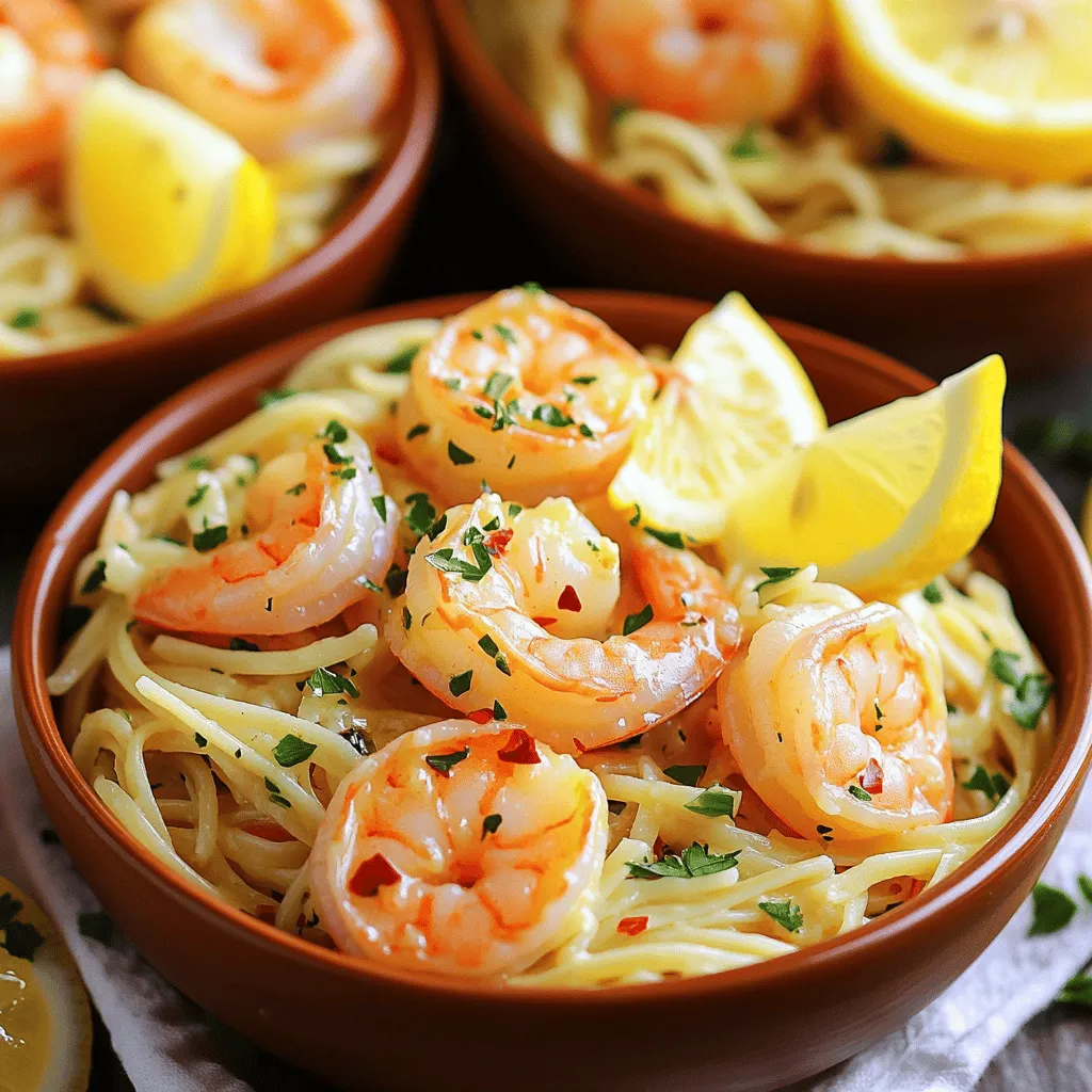 To create a delicious shrimp scampi, you'll need the following key ingredients: - 1 pound large shrimp, peeled and deveined - 8 oz linguine or spaghetti - 4 tablespoons unsalted butter - 4 tablespoons olive oil - 5 cloves garlic, minced - 1 teaspoon red pepper flakes (adjust to taste) - 1 cup low-sodium chicken broth - 2 tablespoons lemon juice (freshly squeezed) - Zest of 1 lemon - Fresh parsley, chopped (for garnish) - Salt and pepper to taste These ingredients work together to create the rich, buttery sauce that defines classic shrimp scampi. When picking shrimp, look for fresh, firm, and shiny shells. The shrimp should smell like the sea, not fishy. If you can, buy shrimp from local markets. They often have better quality. For pasta, choose linguine or spaghetti made from durum wheat. This type holds the sauce well. Fresh garlic adds a punch of flavor, while fresh lemon juice and zest brighten up the dish. Fresh parsley gives a nice color and fresh taste. If you want to change things up, here are some ideas: - Butter: Use olive oil or vegan butter for a dairy-free option. - Pasta: Try whole wheat pasta or gluten-free pasta to fit your diet. - Herbs: Swap parsley for basil or chives if you like different flavors. These substitutions can help you cater to dietary needs without losing the dish's essence. You can find the full recipe to guide you through each step. Start by boiling a large pot of water. Add a generous pinch of salt. This helps flavor the pasta. Once the water is boiling, add 8 ounces of linguine or spaghetti. Cook it according to the package instructions. Aim for an al dente texture. Before draining, reserve 1 cup of the pasta water. This will help make the sauce creamy later. Drain the pasta and set it aside in a large bowl. In a large skillet, heat 4 tablespoons of olive oil and 2 tablespoons of unsalted butter over medium heat. Let them melt together. This creates a rich base for the sauce. Once melted, add 5 minced garlic cloves and 1 teaspoon of red pepper flakes. Sauté for 1-2 minutes. Keep stirring to prevent the garlic from browning. Now, add 1 pound of peeled and deveined shrimp to the skillet. Season with salt and pepper. Cook for about 2-3 minutes. Stir occasionally until the shrimp turn pink and opaque. Next, pour in 1 cup of low-sodium chicken broth and 2 tablespoons of freshly squeezed lemon juice. Raise the heat slightly and bring it to a gentle simmer. Let it cook for 3-4 minutes. This helps blend the flavors well. Finally, stir in the remaining 2 tablespoons of butter and the zest of 1 lemon. Mix until the butter melts. This adds a glossy finish to your sauce. Now it’s time to bring it all together. Add the cooked pasta to the skillet with the sauce. Toss gently to combine everything well. Gradually add the reserved pasta water, a little at a time. This helps achieve your desired sauce consistency. Taste and adjust the seasoning with more salt and pepper if needed. Remove the skillet from heat. For a fresh touch, sprinkle chopped parsley on top. This adds color and flavor to your dish. Serve it warm and enjoy your classic shrimp scampi! For the complete recipe, check out the Full Recipe section. To keep shrimp juicy, cook them for a short time. Shrimp cook fast. When they turn pink, they are done. Use medium heat and stir often. This helps them cook evenly. A good rule is to cook shrimp for about 2-3 minutes. If you cook them too long, they can become tough. Add herbs and spices to boost the taste of your shrimp scampi. Fresh parsley is a must for color and flavor. You can also try adding fresh basil or thyme for a unique twist. A pinch of paprika adds warmth and depth. For extra zing, mix in lemon zest right before serving. You can also use a splash of white wine in the sauce for added richness. Serve shrimp scampi in wide, shallow bowls. This shows off the shrimp and sauce beautifully. Add a sprinkle of parsley on top for a fresh look. Place lemon wedges on the side for color and a zesty touch. Crusty bread is great to soak up the sauce. This makes your dish look fancy and makes it more fun to eat. For more detailed instructions, check the Full Recipe. {{image_4}} You can switch up your pasta for shrimp scampi in fun ways. While linguine and spaghetti are classic choices, don’t stop there! Here are a few ideas: - Whole Wheat Pasta: This option adds a nutty flavor and is healthier. - Zucchini Noodles: A great low-carb choice, they soak up the sauce well. - Farfalle: The bowtie shape adds a playful twist that kids will love. These alternatives can change the dish's texture and flavor. Mix and match based on what you like or have at home. Want to make your shrimp scampi even more special? Consider adding other seafood. Here are some tasty options: - Scallops: Their sweet flavor pairs nicely with garlic and butter. - Crab: Lump crab meat adds a rich, buttery taste. - Lobster: For a luxurious touch, fresh lobster elevates the dish. These additions can create a seafood medley that impresses at any dinner. Just be sure to adjust cooking times for each type of seafood. If you're looking for a meat-free dish, shrimp scampi can easily go veggie. Try these ideas: - Mushrooms: Sautéed mushrooms can add a nice umami flavor. - Artichokes: Canned or fresh artichokes provide a unique taste and texture. - Asparagus: Tender asparagus adds freshness and a pop of color. These swaps keep the dish vibrant and satisfying. You can enjoy all the flavors of shrimp scampi without the seafood. For a full recipe to guide your cooking, check out the [Full Recipe]. To store your shrimp scampi, let it cool first. Place the leftovers in an airtight container. This helps keep the shrimp fresh. Store it in the fridge for up to three days. If you want to keep it longer, freezing is a good option. When you reheat shrimp scampi, do it gently. Use a skillet over low heat. Add a splash of chicken broth or water to prevent drying out. Stir often to keep the shrimp moist. Heat until warm, about five minutes is best. Avoid using a microwave, as it can make the shrimp tough. To freeze shrimp scampi, let it cool completely. Place it in a freezer-safe container. Make sure to leave some space for expansion. You can freeze it for up to three months. When you want to eat it, thaw it overnight in the fridge. Reheat it gently in a skillet, just like before. This keeps the flavor and texture intact. For the full recipe, check the earlier section. Shrimp scampi will last about 3 to 4 days in the fridge. Store it in an airtight container to keep it fresh. Make sure to let it cool before sealing. Yes, you can use frozen shrimp. Just thaw them first for best results. Place them in cold water for about 15 to 20 minutes. Drain well before cooking. This helps remove excess water and keeps the dish flavorful. Some great sides for shrimp scampi include: - Garlic bread - A fresh green salad - Steamed asparagus - Roasted vegetables These complement the light and buttery flavors of the dish. To reduce salt, use low-sodium chicken broth instead of regular broth. You can also skip adding extra salt while cooking. Taste as you go, and adjust based on your preference. You can prepare the sauce ahead of time. Keep it in the fridge for up to 2 days. Cook the pasta fresh right before serving. This keeps everything tasty and avoids mushy pasta. A crisp white wine works best with shrimp scampi. Try Sauvignon Blanc or Pinot Grigio. These wines enhance the meal without overpowering the shrimp's delicate taste. In this post, we explored all you need for classic shrimp scampi. I shared essential ingredients, like shrimp and garlic, and tips on choosing fresh quality. We covered cooking pasta, making the sauce, and combining everything into a delicious meal. You learned ways to enhance flavors and serve your dish beautifully. Finally, we discussed variations and how to store leftovers properly. Now, you have the tools to create a great shrimp scampi dish. Enjoy cooking and impressing others with this classic favorite!