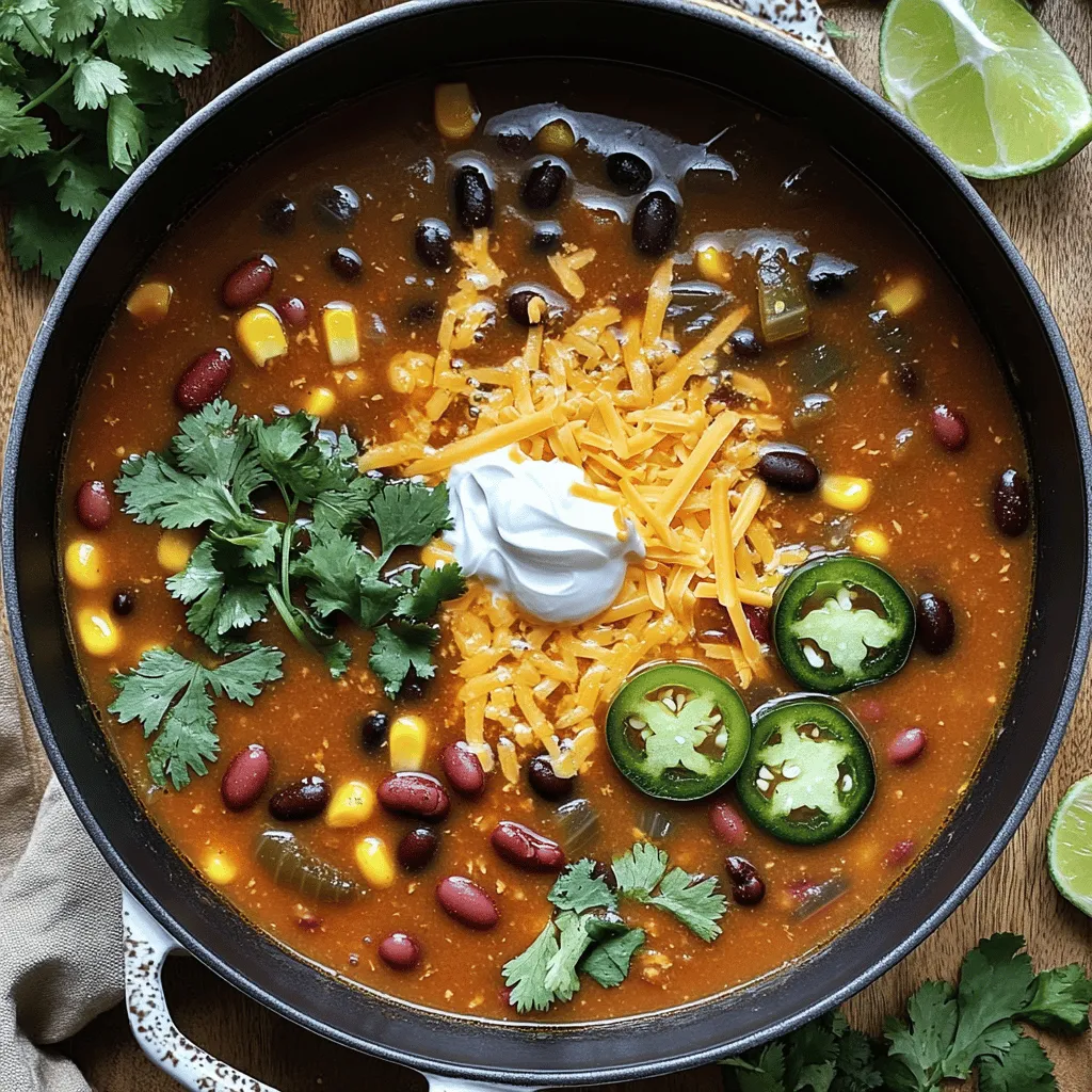 - 1 pound ground turkey or beef - 1 can (15 oz) black beans, rinsed and drained - 1 can (15 oz) kidney beans, rinsed and drained - 1 can (15 oz) corn, drained - 1 can (14.5 oz) diced tomatoes with green chilies - 1 packet taco seasoning - 1 medium onion, finely chopped - 2 cloves garlic, minced - 4 cups chicken or vegetable broth - 1 tablespoon olive oil - Salt and black pepper, to taste - Optional toppings: shredded cheese, sour cream, sliced jalapeños, fresh cilantro, lime wedges For the best results, use these measurements: - Ground meat: 1 pound - Beans: 2 cans, 15 oz each - Corn: 1 can, 15 oz - Tomatoes: 1 can, 14.5 oz - Broth: 4 cups - Olive oil: 1 tablespoon - Seasoning: 1 packet If you prefer different meats, you may use chicken or pork. For a vegetarian option, replace meat with more beans or lentils. Each serving of this taco soup has around 300 calories. It provides about 20 grams of protein, 12 grams of carbs, and 15 grams of fat. This meal is filling and packed with nutrients. Enjoy it without guilt! 1. Sautéing onions and garlic Start by heating the olive oil in a large pot over medium heat. Add the chopped onion and minced garlic. Cook this mix for about 3 to 4 minutes. You want the onion to turn soft and clear. This step adds great flavor to your soup. 2. Cooking meat until browned Next, add the ground turkey or beef to the pot. Break it up with a spoon as it cooks. Brown the meat for about 5 to 7 minutes. If you see extra fat, drain it out. This keeps your soup light and tasty. 1. Mixing in beans, corn, and tomatoes After the meat is done, sprinkle the taco seasoning over it. Stir well for about 2 minutes. Then, pour in the chicken or vegetable broth. Add the rinsed black beans, kidney beans, drained corn, and diced tomatoes with green chilies. Mix everything together well. This is where the magic happens! 2. Adding broth and seasoning Make sure all the ingredients are combined. The broth gives your soup a rich base. The beans and corn add heartiness. 1. Bringing to a boil and simmering Turn the heat up high. Bring your soup to a rolling boil. Once it starts boiling, lower the heat to let it simmer. This should take about 20 to 25 minutes. Stir it occasionally. This keeps everything from sticking and heats it evenly. 2. Adjusting seasonings to taste After simmering, it’s time to taste your soup. You can add salt and black pepper based on your liking. This final touch makes all the difference. Now, your delicious taco soup is ready to serve. For the full recipe, check out the full recipe section! To boost flavor in your taco soup, use fresh herbs. Cilantro adds freshness. You can also use lime juice for a zesty kick. If you like heat, add jalapeños or a dash of hot sauce. When cooking, brown the meat well. This step gives depth. Sauté the onions and garlic until they are soft and fragrant. This step builds a great base for your soup. Meal prep makes cooking easier. Chop the onions and garlic ahead of time. Use canned beans and corn to save time. You can also brown the meat in advance. Just store it in the fridge. For quick cooking, use a pressure cooker or instant pot. It can cut down cooking time. You can also make a big batch and freeze some for later. Taco soup pairs well with several sides. Try serving it with tortilla chips or cornbread. These add a nice crunch. You can serve the soup in bowls with toppings on the side. Let everyone add their favorites like cheese, sour cream, or fresh cilantro. This way, each bowl is unique! For the full recipe, check out the link. {{image_4}} You can easily change the meat in this recipe. Ground turkey works great, but you can also use beef or chicken. If you prefer a meat-free option, try using lentils or chickpeas instead of meat. For a vegan soup, just replace the chicken broth with vegetable broth. Switching beans can also change the taste. Black beans and kidney beans are popular choices. You can also add pinto beans or even quinoa for a new twist. Each swap brings a unique flavor and texture. To control the heat in your taco soup, you can adjust the spices. If you like mild soup, skip the jalapeños and use sweet bell peppers instead. For more heat, add cayenne pepper or diced green chilies. You can also experiment with spices. Try adding smoked paprika for a deeper flavor or cumin for an earthy taste. A pinch of chili powder can also kick it up a notch. Just remember to taste as you go! You can serve taco soup in different ways. If you like a thicker soup, let it cook longer to reduce the liquid. For a chili-like consistency, add less broth. When it comes to toppings, the sky's the limit! Shredded cheese, sour cream, and sliced jalapeños are classic choices. Fresh cilantro, crushed tortilla chips, or avocado can add a nice touch too. Lime wedges can brighten the flavor, making each bite even better. For the full recipe, check out the Tasty Taco Soup Delight! After you enjoy your Easy Taco Soup, you may have some left. Store leftovers in an airtight container. Place the container in the fridge. It will stay fresh for up to three days. If you want to keep it longer, consider freezing it. Use a freezer-safe container or bag. Make sure to remove as much air as possible. This helps prevent freezer burn. Your soup can last in the freezer for about three months. When you’re ready to eat the leftovers, you can reheat them easily. The best way to do this is on the stove. Pour the soup into a pot over medium heat. Stir it often to keep it from sticking. You can also use the microwave. Place the soup in a microwave-safe bowl. Cover it with a microwave-safe lid or wrap. Heat it in short bursts, stirring in between, until it’s hot. No matter how you reheat it, taste it first. Adjust the salt and pepper if needed to bring back the flavor. In the fridge, your Easy Taco Soup will last about three days. After that, it may lose taste and texture. Signs of spoilage include a sour smell or a change in color. If you see any mold or off smells, it’s best to throw it away. When freezing, remember to label your container with the date. This way, you can keep track of how long it has been stored. How to make Easy Taco Soup without meat? You can make this soup meat-free. Just skip the ground turkey or beef. Use extra beans and add more veggies for protein. Try lentils or chickpeas for a hearty touch. Can I make Easy Taco Soup in a slow cooker? Yes, you can! Brown the meat first, then add all ingredients to the slow cooker. Cook on low for 6-8 hours or high for 3-4 hours. This method deepens the flavors. What are the best toppings for taco soup? Toppings can make the soup special. Use shredded cheese, sour cream, or sliced jalapeños. Fresh cilantro and lime wedges add a fresh kick. Let everyone choose their favorites! How long does it take to cook taco soup? Cooking the soup takes about 35 minutes. This includes prep time and simmering. You can have a warm meal ready in no time! Can I add other vegetables to the soup? Absolutely! Feel free to add bell peppers, zucchini, or corn. You can also toss in spinach or kale for extra nutrients. Just chop them small for easy eating. Substitute for taco seasoning? If you don’t have taco seasoning, mix chili powder, cumin, and paprika. You can also add garlic and onion powder for flavor. Adjust the spices to your taste. Is this recipe gluten-free? Yes, this Easy Taco Soup recipe is gluten-free. Just check the taco seasoning and broth for any gluten ingredients. Most brands offer gluten-free options. In summary, this blog post covered the essentials for making Easy Taco Soup. We discussed required ingredients, precise measurements, and useful nutritional info. You learned clear steps for preparation and cooking, along with helpful tips to enhance flavor. There are many variations and ways to serve the dish, plus storage and reheating tips for leftovers. With these guidelines, you can create a delicious taco soup that suits your taste. Enjoy exploring different flavors and make this recipe your own!