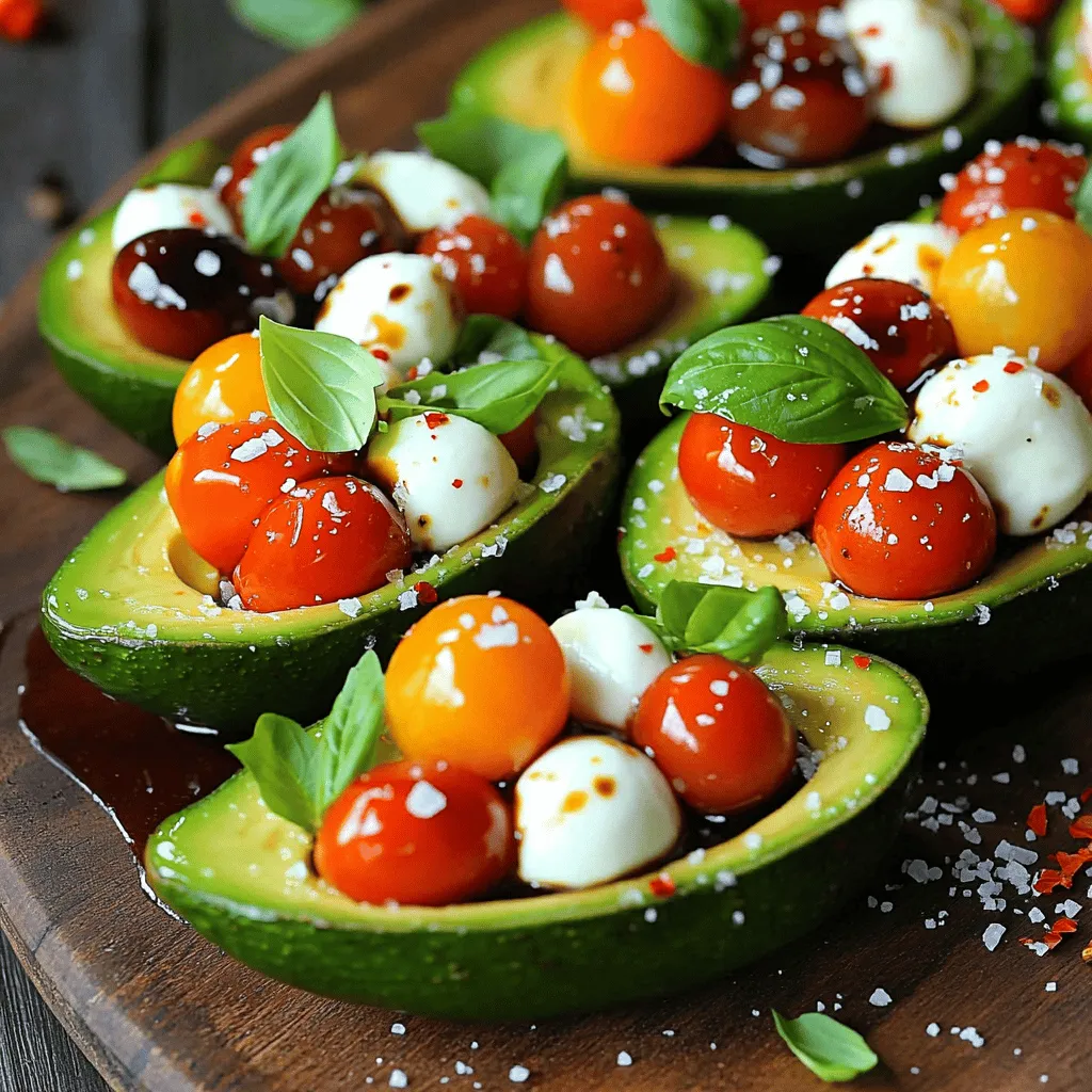To create the Caprese stuffed avocado, you need the following ingredients: - 2 ripe avocados - 1 cup cherry tomatoes, halved - 1 cup fresh mozzarella balls (bocconcini), quartered - 1/4 cup fresh basil leaves, finely chopped - 2 tablespoons balsamic glaze - 1 tablespoon extra virgin olive oil - Salt and freshly cracked black pepper to taste - Optional: A pinch of crushed red pepper flakes These ingredients combine to make a flavorful and fresh dish. The ripe avocados serve as a creamy base, while the tomatoes add a juicy pop. Fresh mozzarella brings a delightful chew, and basil gives a fragrant lift. Balsamic glaze adds a sweet tang, and olive oil rounds out the flavor. Seasoning with salt and pepper enhances every bite. If you like a little heat, the red pepper flakes are a great choice. This recipe is quick and easy. You can prepare it in just 10 minutes. For the full recipe, check out the detailed instructions. Enjoy this vibrant dish as a snack or a light meal! - Start by slicing each avocado in half lengthwise. - Remove the pit with a spoon or gentle twist. - Scoop out a small portion of the avocado flesh from the center. Preparing avocados is simple. Make sure the avocados are ripe. A ripe avocado feels slightly soft when you squeeze it. After slicing, keep the skin on for a sturdy base. This creates a nice bowl for your filling. - In a medium mixing bowl, combine cherry tomatoes, mozzarella, and basil. - Drizzle with olive oil and balsamic glaze. The Caprese mixture is the star of this dish. Use fresh, bright ingredients for the best taste. Cherry tomatoes add sweetness, while mozzarella brings creaminess. Fresh basil gives it a lovely herb flavor. Toss everything gently to mix. Adding olive oil and balsamic glaze enhances the dish’s taste. - Spoon the mixture into avocado halves. - Arrange on a serving platter. Fill each avocado half generously with the Caprese mixture. Ensure you pack it well for a hearty bite. The colors will burst in your dish, making it look appealing. Arrange the stuffed avocados on a serving platter for a beautiful display. A drizzle of balsamic glaze on top adds a nice touch. You can find the full recipe [here](#). Enjoy your fresh and flavorful Caprese stuffed avocado! To choose the best avocados, look for ones that feel slightly soft but not mushy. You want them to give a little when you press gently. Check the color; darker skin often means ripeness. If the stem pops off easily, it’s ripe and ready to eat. For garnishing, use extra basil leaves or a sprinkle of sea salt. You can drizzle a bit more balsamic glaze on top for a nice touch. Serve your stuffed avocados on a colorful platter to make them stand out. They pair well with a light white wine, like Pinot Grigio, or a crisp salad on the side. To enhance flavors, add fresh herbs like oregano or thyme. You can also mix in spices such as garlic powder or smoked paprika for extra depth. If you want to get creative, try adding grilled chicken or shrimp for protein. You can even swap mozzarella for a vegan cheese to make it plant-based. {{image_4}} You can add protein to your Caprese stuffed avocado for a heartier meal. Grilled chicken or shrimp work great. Simply grill the meat, then chop it into bite-sized pieces. Mix it into your Caprese filling before spooning it into the avocado. This option gives your dish a nice boost of flavor and protein. If you prefer a vegan option, swap the mozzarella with vegan cheese. There are many tasty brands available. Choose one that melts well for a creamy texture. This way, you keep the dish fresh and delicious while making it plant-based. To add a twist to your Caprese stuffed avocado, consider using sun-dried tomatoes or pesto. Sun-dried tomatoes pack a punch of flavor. Chop them finely and mix them in. Pesto adds a rich, herby taste. Just a spoonful mixed into your Caprese filling can change the whole dish. These small additions can make your meal unique and exciting. For the full recipe, check out the Caprese Stuffed Avocado Delight. To keep your Caprese stuffed avocados fresh, store them in an airtight container. Place a piece of plastic wrap directly on the avocado flesh. This helps reduce brown spots. Keep the container in the fridge. Use the leftovers within one day for the best taste. If you want to enjoy leftovers, consider making a salad instead of reheating. The fresh flavors work well cold. You can also warm the mixture slightly, but avoid heating the avocado. This can make it mushy. If you prefer, use the stuffing in a sandwich or with crackers. When shopping for ingredients, choose ripe avocados. They should feel slightly soft but not mushy. For tomatoes and mozzarella, look for the freshest options. If you buy cherry tomatoes, use them within a week. For mozzarella, check the expiration date. Fresh basil should be used quickly for the best flavor. If you want to store longer, consider dried herbs instead. Yes, you can prep some parts ahead of time. Here are some tips: - Cut the avocados just before serving to prevent browning. - Mix the tomatoes, mozzarella, and basil a few hours ahead. - Store this mixture in the fridge until you’re ready to stuff the avocados. - Drizzle the olive oil and balsamic glaze right before serving for the best taste. Avocados are packed with nutrients. They are rich in healthy fats, fiber, and vitamins. Here’s a quick overview: - Healthy fats help heart health. - Fiber aids digestion and keeps you full. - Vitamins E and C boost skin health. - The Caprese ingredients add more benefits, like antioxidants from tomatoes and calcium from mozzarella. Absolutely! You can swap mozzarella with other cheeses. Here are some tasty options: - Feta adds a nice tangy flavor. - Goat cheese gives a creamy texture. - Vegan cheese works well for a dairy-free version. Feel free to get creative with your cheese choices! For the full recipe, check out the details above. Caprese stuffed avocados bring fresh flavors and easy prep together. We covered ingredients and steps to create this tasty dish. Remember to choose ripe avocados and explore fun variations to suit your taste. Whether you add protein or make it vegan, the options are endless. Enjoy leftovers by storing and reheating them carefully. I hope you feel excited to try this recipe and impress your friends or family!
