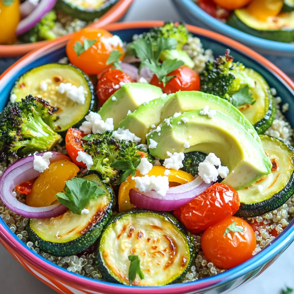 - 1 cup quinoa, thoroughly rinsed - 2 cups vegetable broth (or water) - 1 medium zucchini, diced into bite-sized pieces - 1 colorful bell pepper (any variety), diced - 1 cup cherry tomatoes, halved - 1 cup broccoli florets, cut into manageable pieces - 1 medium red onion, diced - 2 tablespoons extra virgin olive oil - 1 teaspoon garlic powder - 1 teaspoon smoked paprika - Salt and freshly ground pepper to taste - 1 ripe avocado, sliced for serving - Fresh parsley, chopped for garnish - ¼ cup feta cheese, crumbled (optional for topping) Fresh ingredients make a big difference. Choose vibrant, crisp vegetables. Look for firm zucchinis and bright bell peppers. The tomatoes should be juicy, and broccoli should be bright green. Fresh herbs add flavor and color. If you can, get organic produce for the best taste. You can swap veggies based on the season. Try asparagus in spring or squash in fall. If you don’t have quinoa, use rice or farro. You can even add beans for extra protein. Use different herbs like basil or cilantro for a unique twist. First, gather all your ingredients. You need: - 1 cup quinoa, thoroughly rinsed - 2 cups vegetable broth (or water) - 1 medium zucchini, diced into bite-sized pieces - 1 colorful bell pepper (any variety), diced - 1 cup cherry tomatoes, halved - 1 cup broccoli florets, cut into manageable pieces - 1 medium red onion, diced - 2 tablespoons extra virgin olive oil - 1 teaspoon garlic powder - 1 teaspoon smoked paprika - Salt and freshly ground pepper to taste - 1 ripe avocado, sliced for serving - Fresh parsley, chopped for garnish - ¼ cup feta cheese, crumbled (optional for topping) Start by preheating your oven to 425°F (220°C). This helps the vegetables roast well. While the oven heats, cook the quinoa. In a medium saucepan, mix quinoa and vegetable broth. Bring it to a boil, then lower the heat. Cover the pot and let it simmer for about 15 minutes. When done, the quinoa should be fluffy. Next, prepare the vegetables. In a large bowl, combine zucchini, bell pepper, cherry tomatoes, broccoli, and red onion. This mix adds color and taste. Drizzle olive oil over the veggies. Sprinkle garlic powder, smoked paprika, salt, and pepper. Toss everything until the vegetables are fully coated. Now, spread the veggies on a large baking sheet. Make sure they form a single layer. This helps them roast evenly. Place the baking sheet in the oven. Roast the vegetables for 20-25 minutes. Stir them halfway to ensure even cooking. They should be tender and slightly caramelized. Once the veggies are ready, fluff the cooked quinoa with a fork. Divide the quinoa into serving bowls. To assemble, top each quinoa bowl with roasted veggies. Add avocado slices and sprinkle feta cheese if you like. For a final touch, garnish with freshly chopped parsley. This adds color and a fresh taste. For a stunning presentation, serve in bright bowls. Arrange the avocado slices nicely on top. Enjoy your meal! You can find the full recipe [here](#). To get great roasted veggies, start with fresh, colorful produce. Cut them into similar sizes. This helps them cook evenly. I like to use a mix of zucchini, bell peppers, and cherry tomatoes. Toss them in olive oil and seasonings before roasting. Use garlic powder and smoked paprika for a tasty kick. Spread them out on the baking sheet. Don’t overcrowd them; give them space to brown. Roasting at 425°F makes them crispy outside and tender inside. Stir them halfway through to ensure all sides get that nice golden color. Cooking quinoa is simple, but there are some mistakes to avoid. First, always rinse the quinoa before cooking. This removes a bitter coating called saponin. Use a 2:1 ratio of liquid to quinoa. I prefer vegetable broth for extra flavor. Bring it to a boil, then lower the heat. Cover the pot and let it simmer for about 15 minutes. Let it rest after cooking. This step allows the quinoa to fluff up nicely. If you leave the lid off too soon, it can turn mushy. A beautiful presentation makes any meal special. Serve your roasted veggie quinoa bowl in bright bowls to highlight the colors. Layer the quinoa first, then add the roasted veggies on top. Slice fresh avocado and place it artfully on the bowl. For extra flavor, sprinkle crumbled feta cheese if you like. A sprinkle of parsley adds freshness and color. Consider drizzling balsamic reduction for a sweet-tart finish. This not only looks great but also enhances the dish’s flavor. For the full recipe, check the details above. {{image_4}} You can easily boost your Roasted Veggie Quinoa Bowl with protein. Here are a few great options: - Grilled Chicken: Add sliced grilled chicken for a hearty meal. - Chickpeas: Roasted chickpeas provide a tasty crunch and extra protein. - Tofu: Toss in cubed, pan-fried tofu for a vegan protein boost. - Beans: Black beans or kidney beans mix well and add fiber. These protein add-ins make your meal more filling and fun. Feel free to mix up the veggies in your bowl. Some tasty choices include: - Carrots: Cut them into sticks for sweet, crunchy bites. - Sweet Potatoes: Roast diced sweet potatoes for extra sweetness. - Cauliflower: Break it into florets for a unique texture. - Asparagus: Add asparagus spears for a fresh touch. Experiment with seasonal veggies for the best flavor and nutrition. Enhancing flavors can take your bowl to the next level. Consider these ideas: - Lemon Juice: A squeeze of fresh lemon brightens up the dish. - Tahini Dressing: Creamy tahini adds richness and depth. - Balsamic Glaze: Drizzle balsamic glaze for a sweet-tart finish. - Herbs: Fresh basil or cilantro adds a burst of flavor. These simple enhancements make your Roasted Veggie Quinoa Bowl even more exciting. For the complete recipe, check out the Full Recipe. To keep your Roasted Veggie Quinoa Bowl fresh, store it in an airtight container. Let the bowl cool down before sealing it. You can store it in the fridge for up to five days. If you want to freeze it, divide it into portions and use freezer-safe containers. It can last for about three months in the freezer. When you're ready to eat, you can reheat the quinoa bowl. If it’s in the fridge, heat it in the microwave for about two to three minutes. Stir halfway through heating for even warmth. If frozen, thaw it overnight in the fridge first, then reheat. You can also use a skillet over medium heat for a few minutes. Add a splash of water or broth to help it heat up without drying out. Meal prepping with this quinoa bowl is simple and fun. You can roast a big batch of veggies at once. Divide the veggies and quinoa into containers for easy lunches. Mix it up throughout the week by adding different toppings, like nuts or seeds. You can also swap out vegetables based on what's in season or what you have on hand. This keeps your meals interesting and fresh, while still being healthy. For the full recipe, check out the details above. To make the Roasted Veggie Quinoa Bowl vegan, simply omit the feta cheese. This dish is already plant-based, featuring wholesome veggies and quinoa. You can also add more toppings like nuts or seeds for extra crunch and flavor. Yes, you can use other grains like brown rice, farro, or bulgur. Each grain has a unique taste and texture. Just adjust the cooking time according to the grain you choose. For instance, brown rice takes longer to cook than quinoa. This dish is packed with nutrients. Quinoa is a complete protein, meaning it has all nine essential amino acids. The colorful veggies add vitamins and minerals. Here are some key benefits: - High in Fiber: Good for digestion and helps keep you full. - Rich in Antioxidants: Helps fight free radicals in your body. - Loaded with Vitamins: Veggies like bell peppers and broccoli provide Vitamin C and K. - Heart-Healthy Fats: The olive oil and avocado offer healthy fats that support heart health. Enjoy this Roasted Veggie Quinoa Bowl knowing you're eating a flavorful and nutritious meal! For the full recipe, check the recipe section. This blog post covered all you need to make a Roasted Veggie Quinoa Bowl. You learned about key ingredients, cooking steps, and helpful tips. We explored fun variations to suit your taste and how to store leftovers properly. These points will help you enjoy a healthy, delicious meal that fits into your routine. Remember, cooking is fun, and you can personalize this dish as you like. Now, it’s your turn to experiment in the kitchen!
