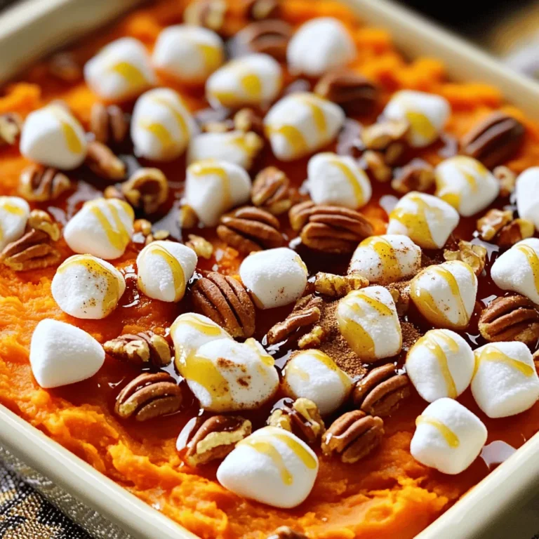 - 4 large sweet potatoes, peeled and cut into 1-inch cubes - 1/2 cup packed brown sugar - 1/4 cup pure maple syrup - 1/2 cup whole milk - 1/4 cup unsalted butter, melted and slightly cooled - 2 large eggs, lightly beaten - 1 teaspoon vanilla extract - 1 teaspoon ground cinnamon - 1/2 teaspoon ground nutmeg - 1/4 teaspoon fine sea salt - 1 cup mini marshmallows - 1/2 cup pecans, roughly chopped - Large pot for boiling - Potato masher or fork - 9x13-inch casserole dish - Mixing bowl Sweet potato casserole is simple to make. You need to gather all these ingredients first. Sweet potatoes are the star of this dish. They bring natural sweetness and creaminess. The brown sugar and maple syrup add even more flavor. These sweeteners blend well with the spices. Cinnamon and nutmeg create a warm, cozy taste. You will also need eggs and milk for a rich texture. Butter adds a nice depth, making each bite melt in your mouth. Mini marshmallows give a sweet, fluffy topping. Pecans add crunch and nutty flavor. When you put it all together, you create a dish that everyone loves. Before you start cooking, make sure you have all your tools ready. You will need a large pot to boil the sweet potatoes. A potato masher helps make them smooth. The casserole dish is where you will bake everything. Finally, a mixing bowl helps you combine all the ingredients. For the complete recipe, check out the Full Recipe. This dish will surely be a hit at your next family gathering! Set your oven to 350°F (175°C). Preheating helps cook the casserole evenly. It ensures the sweet potatoes bake perfectly. Fill a large pot with water and add a pinch of salt. Bring the water to a boil. Carefully add the cubed sweet potatoes. Cook them for 15-20 minutes. Check if they are tender with a fork. Drain the potatoes well when done. Put the drained sweet potatoes into a large bowl. Use a potato masher or fork to mash them. Aim for a smooth and creamy texture. Make sure there are no lumps left. Add the brown sugar, maple syrup, milk, melted butter, beaten eggs, vanilla, cinnamon, nutmeg, and salt to the mashed sweet potatoes. Stir well until all ingredients blend smoothly. This mix creates a rich flavor. Take a 9x13-inch casserole dish and lightly grease it with butter. Pour the sweet potato mixture into the dish. Use a spatula to spread it evenly. This step is key for even baking. Sprinkle mini marshmallows across the top. Follow with a scattering of chopped pecans for extra crunch. The marshmallows will melt and brown nicely. Put the casserole in the preheated oven. Bake for 30-35 minutes. Look for golden brown marshmallows as a sign of doneness. They should be slightly puffy too. After baking, take the casserole out and let it cool for a few minutes. This helps the flavors settle. Serve warm from the dish for a cozy feel. For a nice touch, sprinkle some cinnamon and whole pecans on top. A drizzle of maple syrup can enhance the look too. Enjoy this Sweet Potato Casserole Delight for family gatherings. For the complete recipe, check the Full Recipe above. To get smooth mashed sweet potatoes, start by boiling them until soft. Cook the cubes for about 15-20 minutes. Check their softness with a fork. After draining, mash them well. Use a potato masher for the best texture. If you want creamy potatoes, avoid lumps. Ensure your sweet potatoes are fully cooked to skip any undercooked bites. Adding spices can boost the flavor. Try ginger for warmth or allspice for depth. You can also mix in nutmeg for a cozy taste. For sweeteners, consider honey or agave syrup instead of just sugar. These options can add a unique twist to your dish. For a stunning look, garnish your casserole just before serving. A sprinkle of cinnamon on top makes it pop. You can also add whole pecans for a crunchy touch. When serving, consider using a pretty dish to enhance the appeal. A colorful plate or a rustic baking dish can add charm to your table. You can find the Full Recipe to create this delicious Sweet Potato Casserole Delight. {{image_4}} Marshmallows bring a fun, sweet flavor. They melt into a soft, gooey layer. This adds a nice contrast to the creamy sweet potatoes. Pecan topping offers a crunchy texture. It has a rich, nutty flavor that pairs well with the sweet dish. If you love sweetness and softness, choose marshmallows. If you prefer crunch and depth, go for pecans. Both options are great, and you can even mix them! You can make a savory version of sweet potato casserole. Swap out the sweet ingredients for savory ones. Try adding cheese, herbs, and spices. For a tasty twist, use garlic and onion. You can also mix in cooked bacon or sausage for added flavor. Adjust the recipe by cutting back on sugar. This will give you a rich, savory dish that stands out at any meal. If you want a gluten-free casserole, use gluten-free flour or oats. These options work great in place of regular flour. Check labels to ensure all ingredients are gluten-free. If you have lactose-sensitive guests, consider dairy-free milk and butter. Coconut milk or almond milk can replace regular milk. For butter, use a plant-based option. These substitutions keep everyone happy while enjoying this delicious dish. To keep your sweet potato casserole fresh, use a good container. Glass or plastic containers with tight lids work best. After the casserole cools, cover it well. Place it in the fridge. Eat the leftovers within three to four days for the best taste. You can freeze the casserole before or after baking it. If you freeze it raw, wrap it well with plastic wrap and foil. This helps avoid freezer burn. When you are ready to bake, thaw it overnight in the fridge. If it’s already baked, let it cool first. Then, wrap it tightly, and freeze. To use it, thaw it overnight, then reheat. Reheat the casserole gently to avoid drying it out. The best way is to use an oven. Preheat it to 350°F (175°C) and cover the casserole with foil. Heat for about 20 minutes or until warm. For a softer texture, add a splash of milk before reheating. This helps bring back the creamy feel. Enjoy your Sweet Potato Casserole Delight! For the full recipe, check the earlier section. Sweet potato casserole lasts about three to five days in the fridge. Store it in an airtight container to keep it fresh. This helps prevent it from drying out and losing flavor. Always check for any signs of spoilage before enjoying leftovers. Yes, you can prepare sweet potato casserole ahead of time. Make it a day before and store it in the fridge. Just cover it tightly with plastic wrap. When you’re ready to bake, let it sit at room temperature for about 30 minutes. Then bake it as usual until hot and bubbly. Sweet potato casserole pairs well with many sides. Here are some great options: - Roast turkey or chicken - Green bean casserole - Cranberry sauce - Cornbread - Salad with a tangy vinaigrette These sides bring different flavors and textures to your meal. They help balance the sweetness of the casserole. Yes, you can use canned sweet potatoes. They save time and are convenient. Just drain and rinse them before mashing. Use about two 15-ounce cans for this recipe. Keep in mind that canned sweet potatoes may be softer, so adjust your mixing technique for a smooth texture. Sweet potato casserole and pumpkin pie differ mainly in flavor and texture. Sweet potato casserole is creamy and often topped with marshmallows or pecans. Pumpkin pie has a spiced, custard-like filling and a flaky crust. Both dishes are sweet, but they offer different tastes and presentations. Enjoy them both during fall gatherings! Sweet potato casserole is a tasty dish. You’ve learned key ingredients, easy steps, and tips for the best results. Use fresh spices to enhance flavor or try a savory twist. Store leftovers in the right way to enjoy later. Whether it's for a holiday or a family meal, this dish brings joy. You can make it your own with fun variations. Enjoy cooking and sharing this comforting recipe with loved ones.