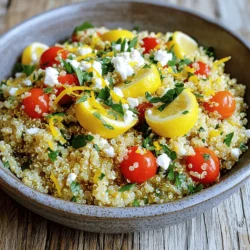 - 1 cup quinoa, rinsed thoroughly - 2 cups vegetable broth (or water, for a lighter option) - 1 tablespoon extra virgin olive oil - Zest of 1 lemon - Juice of 1 lemon - 1/2 cup cherry tomatoes, sliced in half - 1/4 cup fresh parsley, finely chopped - 2 tablespoons fresh basil, finely chopped - 1 clove garlic, minced - Sea salt and freshly cracked black pepper, to taste - Optional: Crumbled feta cheese for garnishing The ingredients for Zesty Lemon Herb Quinoa are simple yet fresh. Quinoa is a super grain that cooks easily. It has a nutty taste and fluffy texture. The vegetable broth adds depth. If you want a lighter dish, you can use water. Fresh herbs and citrus bring bright flavors. The lemon zest gives a punchy contrast. The juice adds a refreshing twist. Cherry tomatoes add sweetness and color. Parsley and basil bring vibrant freshness. Garlic adds a nice aroma. Adding sea salt and black pepper enhances all the flavors. You can top your quinoa with crumbled feta cheese. This makes the dish even creamier and adds a salty kick. For different serving sizes, keep this in mind: - For 2 servings, use 1/2 cup quinoa and 1 cup broth. - For 6 servings, use 1 1/2 cups quinoa and 3 cups broth. If you need substitutes: - Use chicken broth if you want a meatier flavor. - Swap quinoa with rice for a different base. - For a vegan option, skip the feta or use a plant-based cheese. Try these tips to adjust the dish according to your taste. For the full recipe, check out the complete guide to cooking Zesty Lemon Herb Quinoa. To start, you need to rinse the quinoa correctly. Place it in a fine-mesh strainer. Rinse it under cold water for about a minute. This step removes the bitter coating called saponin. Next, combine the rinsed quinoa with vegetable broth or water in a medium saucepan. I prefer using broth for extra flavor. Bring the mixture to a vigorous boil over medium-high heat. Once it boils, reduce the heat to low. Cover the saucepan with a lid and let it simmer for 15 minutes. The quinoa should absorb all the liquid and become light and fluffy. Once your quinoa is cooked, it’s time to combine the ingredients. Transfer the warm quinoa to a large mixing bowl. Drizzle in one tablespoon of extra virgin olive oil. Toss the quinoa gently to coat it evenly. This helps keep the grains from sticking. Next, add the zest and juice of one lemon. Stir well to mix in those bright citrus flavors. Now, fold in the halved cherry tomatoes, minced garlic, chopped parsley, and basil. These fresh ingredients bring color and taste to the dish. Season it with sea salt and freshly cracked black pepper for the perfect touch. You can serve the Zesty Lemon Herb Quinoa warm or at room temperature. Both options are tasty. For a beautiful plate, add a scoop of quinoa to a bowl. Top it with crumbled feta cheese for a creamy finish. You can also add a sprinkle of fresh herbs for a pop of color. This dish pairs well with grilled chicken or fish, making it a perfect side. Enjoy this fresh and zesty meal with your friends and family. Check out the Full Recipe for more details. To achieve fluffy quinoa, rinse it well before cooking. This removes the bitter coating called saponin. Use a fine-mesh sieve for best results. When cooking, use two cups of liquid for every cup of quinoa. Bring it to a boil, then lower the heat to let it simmer. Cover it and let it cook for about 15 minutes. Avoid lifting the lid too soon. This keeps the steam in, making your quinoa light and fluffy. If you overcook quinoa, it gets mushy and sticky. It’s best to keep an eye on the time. When the liquid is absorbed, turn off the heat and let the quinoa rest for another 5 minutes. This step helps it fluff up nicely. To boost flavor, season the quinoa while it cooks. Using vegetable broth adds depth. After cooking, mix in olive oil, lemon zest, and juice for a bright taste. These ingredients wake up the dish and add freshness. Herbs are key to flavor. Fresh parsley and basil work well together. You can also try dill or cilantro for a different twist. Experiment with what you like best. Don't be afraid to mix in spices, too. A pinch of cumin or smoked paprika can make a big difference. Garnishing makes your dish look appealing. Sprinkle fresh herbs on top for a pop of color. You can also add halved cherry tomatoes for brightness. Crumbled feta cheese adds a nice touch and creaminess. Serve Zesty Lemon Herb Quinoa on a colorful plate. Pair it with grilled chicken or roasted veggies for a full meal. This dish is great warm or at room temperature, making it perfect for any occasion. {{image_4}} You can easily switch up your grains. Try using brown rice or farro instead of quinoa. Both add a nice chewiness. If you want something gluten-free, use millet or amaranth. These grains offer great textures too. Want to add more color? Toss in diced bell peppers or zucchini. They add crunch and taste. For protein, consider adding chickpeas or grilled chicken. Both options make this dish heartier. Feel free to spice things up! Adding cumin or smoked paprika gives a warm flavor. You can also mix in a splash of soy sauce for a savory kick. For a creamy touch, add a dollop of tahini or a drizzle of balsamic glaze. If you follow a vegan or gluten-free diet, this recipe is flexible. Use tamari instead of soy sauce to keep it gluten-free. You can also skip the cheese or use a plant-based alternative. Using fresh, seasonal produce makes your dish pop! In spring, add peas and asparagus for a vibrant look. Summer is perfect for sweet corn or grilled veggies. In fall, opt for roasted butternut squash or kale. Adjust flavors to match the season too. In winter, add warming spices like nutmeg or cinnamon. This keeps the dish cozy and satisfying during colder months. To keep your Zesty Lemon Herb Quinoa fresh, store it in an airtight container. This method helps prevent air exposure and retains flavor. Make sure the quinoa has cooled before sealing it. The dish stays fresh in the fridge for about 3 to 5 days. If you notice any off smells or signs of spoilage, it’s best to discard it. You can freeze Zesty Lemon Herb Quinoa for longer storage. Use a freezer-safe container or bag. Divide the quinoa into portions for easy thawing later. When you're ready to eat, thaw it in the fridge overnight or use the microwave. Reheat the quinoa in a pan over low heat, adding a splash of water or broth to keep it moist. This way, it will taste fresh and flavorful! Quinoa is a tiny seed that cooks like a grain. It is high in protein, fiber, and antioxidants. One cup of cooked quinoa has about 8 grams of protein and 5 grams of fiber. It is a complete protein, meaning it has all nine essential amino acids. Quinoa is gluten-free, making it great for those with gluten allergies. Eating quinoa can help with weight management and heart health. It also supports digestion and helps keep your blood sugar stable. Yes, you can prep Zesty Lemon Herb Quinoa in advance. This dish stores well in the fridge for about three to five days. To meal prep, cook the quinoa and mix in the flavors. Let it cool before storing in an airtight container. For best results, keep the toppings separate until serving. When reheating, add a splash of water to keep it moist. Heat it in the microwave or on the stove until warm. You can easily customize this recipe to fit your taste. If you love spice, add red pepper flakes or jalapeños. For a different flavor, try adding nuts or seeds. You can also use different vegetables like bell peppers or spinach. If you want protein, mix in grilled chicken, shrimp, or chickpeas. This dish is versatile, so feel free to make it your own! For the full recipe, check the section above. This blog post covered essential ingredients for Zesty Lemon Herb Quinoa. We looked at how to prep quinoa and combine flavors. I shared tips to ensure perfect cooking and great presentation. You can even customize this dish with different ingredients. Remember, quinoa is not just tasty; it's also packed with nutrients. Enjoy your cooking journey and feel free to experiment! Try new flavors and share your results. It's all about making it your own and having fun in the kitchen.