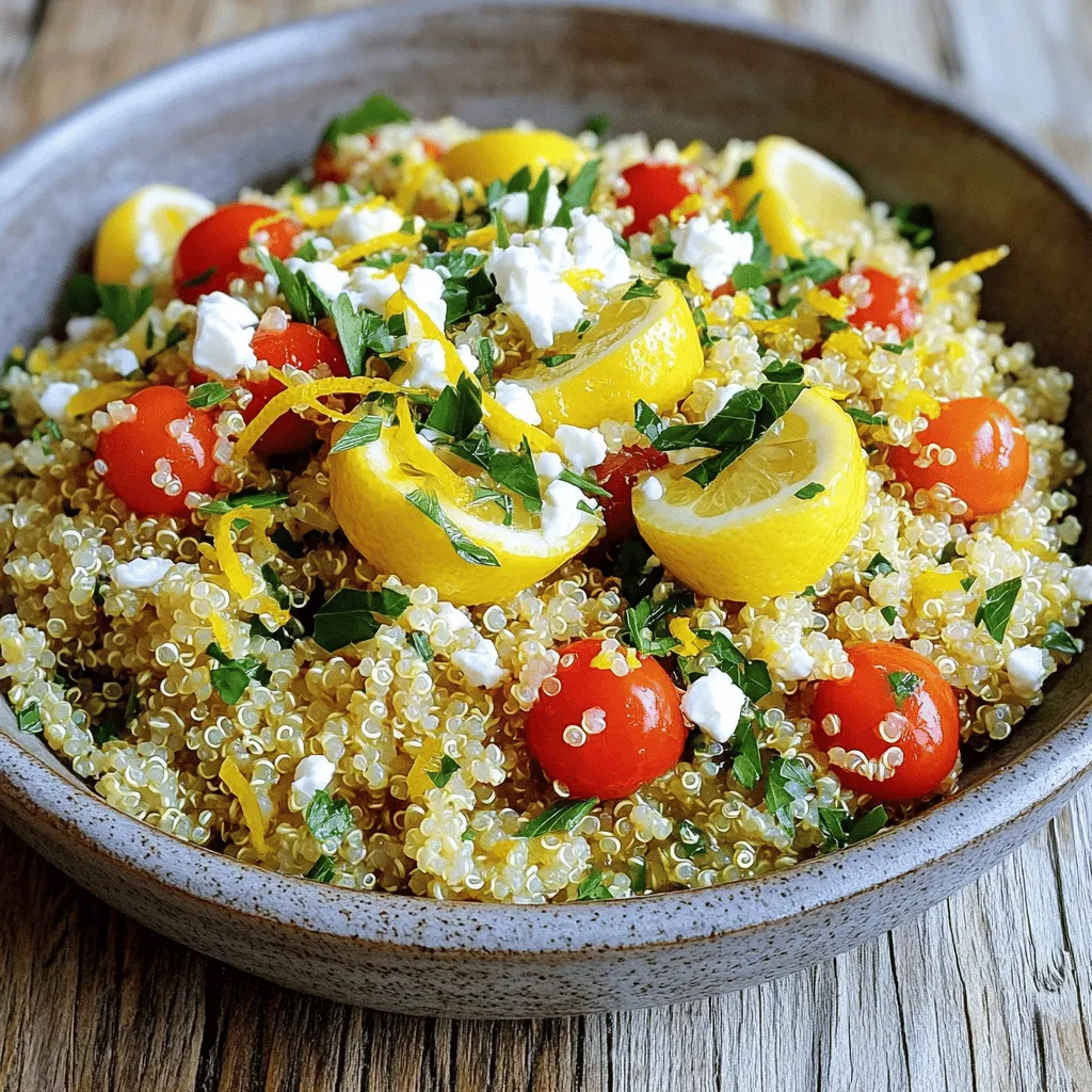 - 1 cup quinoa, rinsed thoroughly - 2 cups vegetable broth (or water, for a lighter option) - 1 tablespoon extra virgin olive oil - Zest of 1 lemon - Juice of 1 lemon - 1/2 cup cherry tomatoes, sliced in half - 1/4 cup fresh parsley, finely chopped - 2 tablespoons fresh basil, finely chopped - 1 clove garlic, minced - Sea salt and freshly cracked black pepper, to taste - Optional: Crumbled feta cheese for garnishing The ingredients for Zesty Lemon Herb Quinoa are simple yet fresh. Quinoa is a super grain that cooks easily. It has a nutty taste and fluffy texture. The vegetable broth adds depth. If you want a lighter dish, you can use water. Fresh herbs and citrus bring bright flavors. The lemon zest gives a punchy contrast. The juice adds a refreshing twist. Cherry tomatoes add sweetness and color. Parsley and basil bring vibrant freshness. Garlic adds a nice aroma. Adding sea salt and black pepper enhances all the flavors. You can top your quinoa with crumbled feta cheese. This makes the dish even creamier and adds a salty kick. For different serving sizes, keep this in mind: - For 2 servings, use 1/2 cup quinoa and 1 cup broth. - For 6 servings, use 1 1/2 cups quinoa and 3 cups broth. If you need substitutes: - Use chicken broth if you want a meatier flavor. - Swap quinoa with rice for a different base. - For a vegan option, skip the feta or use a plant-based cheese. Try these tips to adjust the dish according to your taste. For the full recipe, check out the complete guide to cooking Zesty Lemon Herb Quinoa. To start, you need to rinse the quinoa correctly. Place it in a fine-mesh strainer. Rinse it under cold water for about a minute. This step removes the bitter coating called saponin. Next, combine the rinsed quinoa with vegetable broth or water in a medium saucepan. I prefer using broth for extra flavor. Bring the mixture to a vigorous boil over medium-high heat. Once it boils, reduce the heat to low. Cover the saucepan with a lid and let it simmer for 15 minutes. The quinoa should absorb all the liquid and become light and fluffy. Once your quinoa is cooked, it’s time to combine the ingredients. Transfer the warm quinoa to a large mixing bowl. Drizzle in one tablespoon of extra virgin olive oil. Toss the quinoa gently to coat it evenly. This helps keep the grains from sticking. Next, add the zest and juice of one lemon. Stir well to mix in those bright citrus flavors. Now, fold in the halved cherry tomatoes, minced garlic, chopped parsley, and basil. These fresh ingredients bring color and taste to the dish. Season it with sea salt and freshly cracked black pepper for the perfect touch. You can serve the Zesty Lemon Herb Quinoa warm or at room temperature. Both options are tasty. For a beautiful plate, add a scoop of quinoa to a bowl. Top it with crumbled feta cheese for a creamy finish. You can also add a sprinkle of fresh herbs for a pop of color. This dish pairs well with grilled chicken or fish, making it a perfect side. Enjoy this fresh and zesty meal with your friends and family. Check out the Full Recipe for more details. To achieve fluffy quinoa, rinse it well before cooking. This removes the bitter coating called saponin. Use a fine-mesh sieve for best results. When cooking, use two cups of liquid for every cup of quinoa. Bring it to a boil, then lower the heat to let it simmer. Cover it and let it cook for about 15 minutes. Avoid lifting the lid too soon. This keeps the steam in, making your quinoa light and fluffy. If you overcook quinoa, it gets mushy and sticky. It’s best to keep an eye on the time. When the liquid is absorbed, turn off the heat and let the quinoa rest for another 5 minutes. This step helps it fluff up nicely. To boost flavor, season the quinoa while it cooks. Using vegetable broth adds depth. After cooking, mix in olive oil, lemon zest, and juice for a bright taste. These ingredients wake up the dish and add freshness. Herbs are key to flavor. Fresh parsley and basil work well together. You can also try dill or cilantro for a different twist. Experiment with what you like best. Don't be afraid to mix in spices, too. A pinch of cumin or smoked paprika can make a big difference. Garnishing makes your dish look appealing. Sprinkle fresh herbs on top for a pop of color. You can also add halved cherry tomatoes for brightness. Crumbled feta cheese adds a nice touch and creaminess. Serve Zesty Lemon Herb Quinoa on a colorful plate. Pair it with grilled chicken or roasted veggies for a full meal. This dish is great warm or at room temperature, making it perfect for any occasion. {{image_4}} You can easily switch up your grains. Try using brown rice or farro instead of quinoa. Both add a nice chewiness. If you want something gluten-free, use millet or amaranth. These grains offer great textures too. Want to add more color? Toss in diced bell peppers or zucchini. They add crunch and taste. For protein, consider adding chickpeas or grilled chicken. Both options make this dish heartier. Feel free to spice things up! Adding cumin or smoked paprika gives a warm flavor. You can also mix in a splash of soy sauce for a savory kick. For a creamy touch, add a dollop of tahini or a drizzle of balsamic glaze. If you follow a vegan or gluten-free diet, this recipe is flexible. Use tamari instead of soy sauce to keep it gluten-free. You can also skip the cheese or use a plant-based alternative. Using fresh, seasonal produce makes your dish pop! In spring, add peas and asparagus for a vibrant look. Summer is perfect for sweet corn or grilled veggies. In fall, opt for roasted butternut squash or kale. Adjust flavors to match the season too. In winter, add warming spices like nutmeg or cinnamon. This keeps the dish cozy and satisfying during colder months. To keep your Zesty Lemon Herb Quinoa fresh, store it in an airtight container. This method helps prevent air exposure and retains flavor. Make sure the quinoa has cooled before sealing it. The dish stays fresh in the fridge for about 3 to 5 days. If you notice any off smells or signs of spoilage, it’s best to discard it. You can freeze Zesty Lemon Herb Quinoa for longer storage. Use a freezer-safe container or bag. Divide the quinoa into portions for easy thawing later. When you're ready to eat, thaw it in the fridge overnight or use the microwave. Reheat the quinoa in a pan over low heat, adding a splash of water or broth to keep it moist. This way, it will taste fresh and flavorful! Quinoa is a tiny seed that cooks like a grain. It is high in protein, fiber, and antioxidants. One cup of cooked quinoa has about 8 grams of protein and 5 grams of fiber. It is a complete protein, meaning it has all nine essential amino acids. Quinoa is gluten-free, making it great for those with gluten allergies. Eating quinoa can help with weight management and heart health. It also supports digestion and helps keep your blood sugar stable. Yes, you can prep Zesty Lemon Herb Quinoa in advance. This dish stores well in the fridge for about three to five days. To meal prep, cook the quinoa and mix in the flavors. Let it cool before storing in an airtight container. For best results, keep the toppings separate until serving. When reheating, add a splash of water to keep it moist. Heat it in the microwave or on the stove until warm. You can easily customize this recipe to fit your taste. If you love spice, add red pepper flakes or jalapeños. For a different flavor, try adding nuts or seeds. You can also use different vegetables like bell peppers or spinach. If you want protein, mix in grilled chicken, shrimp, or chickpeas. This dish is versatile, so feel free to make it your own! For the full recipe, check the section above. This blog post covered essential ingredients for Zesty Lemon Herb Quinoa. We looked at how to prep quinoa and combine flavors. I shared tips to ensure perfect cooking and great presentation. You can even customize this dish with different ingredients. Remember, quinoa is not just tasty; it's also packed with nutrients. Enjoy your cooking journey and feel free to experiment! Try new flavors and share your results. It's all about making it your own and having fun in the kitchen.