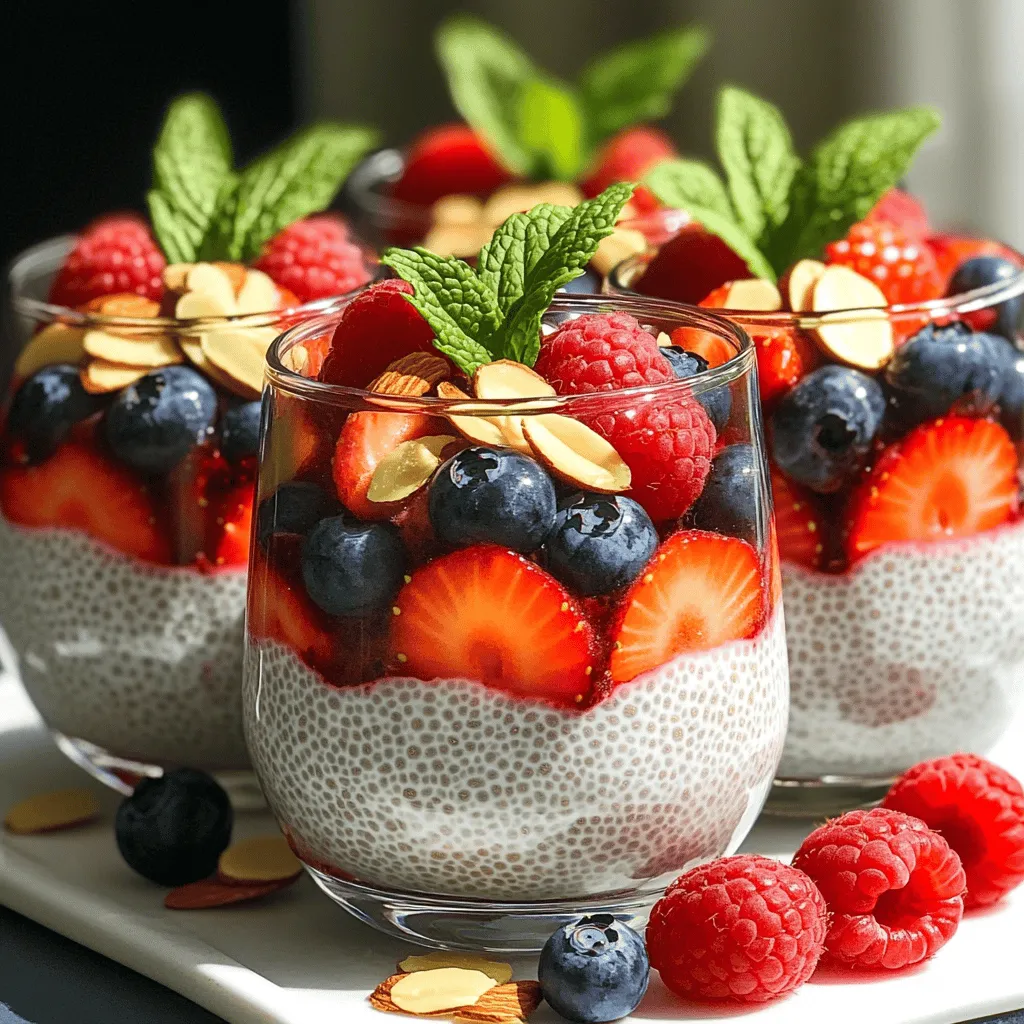 To make the delicious Summer Berry Chia Pudding, you'll need a few simple ingredients: - 1 cup almond milk (or any preferred plant-based milk) - 1/4 cup chia seeds - 2 tablespoons pure maple syrup (or honey for a non-vegan option) - 1 teaspoon pure vanilla extract - 1 cup fresh mixed berries (e.g., strawberries, blueberries, raspberries) - Fresh mint leaves for an aromatic garnish - 2 tablespoons sliced almonds (optional for a crunchy finish) These ingredients work together to create a creamy, sweet, and refreshing treat. You can easily find them at your local grocery store or farmer's market. Chia seeds are small but mighty. They are packed with nutrients. Here are some key benefits: - High in Fiber: Chia seeds are full of fiber. This can help with digestion and keep you feeling full. - Rich in Omega-3 Fatty Acids: These healthy fats support heart health and brain function. - Loaded with Antioxidants: Antioxidants help fight free radicals in the body. This can reduce inflammation and improve overall health. - Good Source of Protein: Chia seeds provide a plant-based protein that is perfect for energy and muscle repair. Adding chia seeds to your diet can give you a nutritional boost while keeping your meals tasty. Fresh summer berries are key to this recipe's flavor. Here’s how to choose the best ones: - Look for Bright Color: Choose berries that have deep, vibrant colors. This shows they are ripe and full of flavor. - Check for Firmness: Berries should feel firm to the touch. Avoid any that are mushy or have signs of mold. - Smell for Sweetness: Fresh berries often have a sweet, fragrant smell. This is a good sign of ripeness. - Buy Local When Possible: Local berries are often fresher and tastier than those that travel long distances. Using fresh, quality berries will elevate your Summer Berry Chia Pudding. Enjoy the burst of flavors they bring! To start making your Summer Berry Chia Pudding, gather your ingredients. You will need almond milk, chia seeds, maple syrup, vanilla extract, and fresh mixed berries. 1. Combine: In a medium bowl, mix the almond milk, chia seeds, maple syrup, and vanilla. 2. Whisk: Stir well until everything blends smoothly. You want a nice, creamy mix. 3. Rest: Let the mix sit for 10 minutes. This helps the chia seeds soak up the milk. 4. Whisk Again: After resting, whisk it one more time. This ensures there are no clumps. Now, you will set the chia pudding. 1. Cover: Place plastic wrap or a lid over the bowl. 2. Refrigerate: Put it in the fridge for at least 2 hours or overnight. The longer you wait, the thicker it gets. Once the pudding sets, stir it again to keep it creamy and smooth. Finally, it’s time to serve your pudding. 1. Start Layering: In serving bowls or clear glasses, add a layer of chia pudding first. 2. Add Berries: Next, add a layer of fresh mixed berries. You can use strawberries, blueberries, or raspberries. 3. Repeat: Keep layering until you reach the top. This creates a colorful and fun look. 4. Garnish: Top with fresh mint leaves and sliced almonds for crunch. Serve these chilled and enjoy the refreshing summer taste! For the full recipe, check out the detailed instructions above. When making Summer Berry Chia Pudding, avoid a few common mistakes. First, don't skip the whisking step. This helps the chia seeds mix well and prevents clumping. If you don't whisk well, your pudding may have lumps. Second, let the pudding sit long enough. It needs at least two hours to thicken properly. If you rush, it will be runny. Lastly, ensure your berries are fresh. Spoiled berries can ruin the taste. Presenting your chia pudding well makes it even more enjoyable. Use clear glass containers to show off the layers. Start with a layer of chia pudding, then add a layer of berries. Repeat until you reach the top. For extra flair, add a whole berry and a mint sprig on top. This adds color and freshness. You can also use small jars for a picnic or gathering. They look cute and are easy to serve. You can customize the flavor of your chia pudding easily. Try adding a pinch of cinnamon for warmth. If you like a bit of tartness, mix in some lemon zest. For added sweetness, increase the maple syrup or honey slightly. You can also swap out the almond milk for coconut milk for a tropical twist. This gives a creamy texture and a delicious taste. Don't hesitate to experiment with flavors that you love to make it your own. For the full recipe, check out the details above. {{image_4}} You can easily make this pudding dairy-free or vegan. Use almond milk or coconut milk instead of regular milk. Both options taste great and keep it light. For sweeteners, use pure maple syrup, a vegan choice. This way, everyone can enjoy this treat without worry. Feel free to mix in different fruits. Try bananas, mangoes, or peaches for a twist. You can also use frozen berries if fresh ones aren’t available. For toppings, add nuts, seeds, or granola for extra crunch. Fresh coconut flakes add a tropical touch too. If you prefer less sugar, use ripe bananas to sweeten your pudding. Stevia or agave syrup are good low-calorie options. You can adjust the sweetness to fit your taste. Just remember to start with a small amount and taste as you go. For the full recipe, check out the Summer Berry Chia Pudding Delight. Store your Summer Berry Chia Pudding in airtight containers. This keeps it fresh and tasty. Place the pudding in the fridge right after making it. Chia pudding is best enjoyed cold. You can also add toppings just before serving for the best texture. Chia pudding can be frozen for later use. However, the texture may change when thawed. To freeze, pour the pudding into ice cube trays or small containers. When you're ready to eat it, thaw the pudding in the fridge overnight. Stir it well before serving to restore some of its creaminess. When stored properly in the fridge, your chia pudding can last for up to five days. If you freeze it, you can enjoy it for up to two months. Always check for any signs of spoilage before eating. For the best taste, try to enjoy it within the first few days after making it. If you want to see the full recipe, check out the details in the earlier section. Yes, you can make this pudding a day ahead. In fact, making it the night before helps the chia seeds soak up the almond milk. This gives the pudding a nice thick texture. Just store it in the fridge in a sealed container. The flavors will blend, and the berries will stay fresh. You can use many types of berries for this pudding. Strawberries, blueberries, and raspberries are great choices. They add natural sweetness and vibrant color. You can mix and match based on what you like or what’s in season. Fresh berries always taste best, but frozen berries work too. Just thaw them before layering. Chia pudding can support weight loss. Chia seeds are high in fiber, which helps you feel full longer. This can reduce your overall calorie intake. The protein in chia seeds also contributes to satiety. Pairing it with berries adds vitamins and minerals without extra calories. Enjoying chia pudding as a snack or breakfast can help you stay on track with healthy eating. In this blog post, we explored chia pudding's ingredients, health benefits, and preparation steps. We learned to layer it with fresh berries and avoid common mistakes. Don't forget the tips for good presentation and flavor options. There are many ways to customize your pudding, too. Store it correctly to enjoy longer. Chia pudding is tasty, nutritious, and easy to make. You can confidently create your own delicious version. Now, go enjoy your chia pudding!