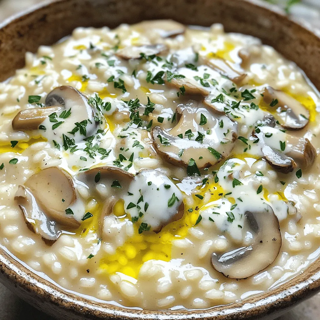 - 1 cup Arborio rice - 4 cups vegetable broth (heated and kept warm) - 2 tablespoons olive oil - 1 medium onion, finely chopped - 3 cloves garlic, minced - 2 cups mixed mushrooms (such as cremini and shiitake), sliced - 1 teaspoon fresh thyme, chopped - 1 tablespoon nutritional yeast (optional) - ½ cup heavy cream or coconut cream - Salt and pepper to taste - Fresh parsley, chopped (for garnish) You need specific ingredients to make creamy mushroom risotto. The star of the dish is Arborio rice. This rice is special because it is high in starch. It becomes creamy as it cooks. You will also need vegetable broth. Keep it warm on the stove while you cook. This helps the rice absorb the liquid evenly. Next, gather your aromatics: olive oil, onion, and garlic. They create a strong base for flavor. Add a mix of mushrooms, like cremini and shiitake. These mushrooms add depth and richness. Don't forget the fresh thyme! It brightens the dish. If you want more creaminess, use nutritional yeast. It is optional but gives a nice flavor. Finally, heavy cream or coconut cream will finish the dish. It adds a rich, velvety texture. Season with salt and pepper to taste. Make sure to garnish with fresh parsley before serving. These simple ingredients create a rich and flavorful delight. For the full method, check the Full Recipe. Heat vegetable broth in a saucepan over low heat. Keep it warm so the rice cooks evenly. This step is key for a creamy texture. Next, heat olive oil in a large skillet. Add the finely chopped onion. Sauté for about 3-4 minutes until soft. Then, add minced garlic and stir for one minute. This adds great flavor to your dish. Now, add sliced mushrooms to the skillet. Sauté them with thyme for about 5-7 minutes. You want them tender and slightly browned. This brings out their rich taste. Pour Arborio rice into the skillet. Stir it for about 2 minutes. This toasting helps coat the rice grains, which makes the risotto creamier. Start adding warm broth, one ladleful at a time. Stir often and wait until the rice absorbs most of the liquid. Continue this for about 18-20 minutes until the rice is creamy and al dente. Once cooked, remove the skillet from the heat. Stir in heavy cream or coconut cream for extra creaminess. Add salt and pepper to taste. This step makes the risotto rich and smooth. Serve the risotto hot, topped with fresh chopped parsley. Drizzle a little olive oil on top for added flavor. You can also add some mushroom slices for a nice touch. For the full recipe, check out the details above. To get that creamy texture, add broth slowly. This method lets the rice soak up the liquid. Adding too much broth at once makes the risotto watery. Stir often while adding the broth. This helps release the starch from the rice. The starch is what makes risotto thick and creamy. So, patience is key here! For the best flavor, I recommend using mixed mushrooms. Cremini and shiitake mushrooms work great together. Cremini gives a nice earthy taste, while shiitake adds a rich depth. You can also try button mushrooms if you want something milder. Feel free to mix in wild mushrooms for a unique twist! Each type of mushroom adds its own special touch. If you want a vegan risotto, swap heavy cream for coconut cream. Coconut cream adds a rich, creamy texture without dairy. It also brings a hint of sweetness that pairs well with mushrooms. Just make sure to use full-fat coconut cream for the best results. This option keeps the dish rich and satisfying without losing flavor. You can still enjoy a delicious creamy mushroom risotto! For the full recipe, check out the main section. {{image_4}} You can boost your creamy mushroom risotto with protein. Chicken and shrimp work well. For chicken, use small pieces and cook them before adding the rice. They can soak up flavors from the broth. For shrimp, add them during the last 5 minutes of cooking. They will become soft and tender. This addition makes your dish heartier and more filling. To enhance flavor, consider adding white wine. A splash of dry white wine can brighten the dish. Add it after cooking the mushrooms. Let it cook down a bit before adding the rice. Different herbs can also change the taste. Fresh basil or oregano can add a nice twist. Experiment with what you have on hand to make it unique. You can also add seasonal or roasted veggies to your risotto. Asparagus, peas, or roasted bell peppers add great color and taste. Add them in the last few minutes of cooking. This keeps them firm and bright. Roasting veggies before adding them brings out their sweetness. It adds depth to your creamy mushroom risotto. For more ideas, check the Full Recipe for inspiration. Store your leftover risotto in an airtight container. This keeps the dish fresh. Make sure to let it cool first. Then, seal it tightly and place it in the fridge. It will last for about three days. To reheat risotto, use a pan on low heat. Add a splash of broth or cream. Stir often to keep it creamy. You can also use the microwave. Heat in short bursts, stirring in between. This helps keep the texture smooth. You can freeze risotto, but it may change in texture. Place it in a freezer-safe container. Leave some space for it to expand. When ready to eat, defrost it in the fridge overnight. Reheat gently as mentioned above. Enjoy your creamy mushroom risotto even later! For the full recipe, check out the details above. Creamy mushroom risotto can last up to three days in the fridge. Store it in an airtight container. For best taste, eat it within this time frame. Make sure it cools down before you put it in the fridge. You can use brown rice, but the texture will change. Arborio rice is starchy and gives risotto its creamy feel. Brown rice has a chewier texture and takes longer to cook. The flavor will be nuttier, which some people enjoy. Pair creamy mushroom risotto with a fresh salad or grilled vegetables. A crisp white wine, like Sauvignon Blanc, complements the dish well. You can also serve it with roasted chicken or seafood for a heartier meal. To make risotto less creamy, use less broth or cream. You can also stir in more vegetables to absorb some creaminess. Letting the risotto sit for a few minutes will help it firm up, too. You can prepare risotto ahead of time, but it’s best served fresh. Cook it almost fully, then cool it down. When ready to serve, reheat it gently and add a bit more broth or cream to restore creaminess. For the full recipe, check the main article. This blog post covered how to make creamy mushroom risotto. We explored key ingredients and step-by-step instructions. You learned about tips for a perfect texture and delicious variations. With these easy steps, you can create a tasty dish that impresses. This risotto is flexible, so try your favorite flavors. Enjoy your cooking journey and savor every bite!