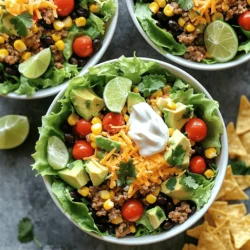 To create your zesty taco salad bowl, gather these main ingredients: - 1 pound ground turkey or beef - 1 packet taco seasoning (or a homemade blend of chili powder, cumin, garlic powder, and paprika) - 1 cup corn (canned or frozen, thawed if frozen) - 1 can black beans, rinsed and drained - 1 red bell pepper, finely diced - 1 cup cherry tomatoes, halved - 1 ripe avocado, diced - 2 cups fresh romaine lettuce, chopped These ingredients work together to form a hearty base for your salad. The ground meat gives protein, while the beans and corn add fiber. The fresh veggies bring crunch and color. You can enhance your taco salad with these seasonings: - 1/2 cup shredded cheddar cheese - 1/2 cup sour cream or Greek yogurt - 1/4 cup fresh cilantro, roughly chopped - Juice of 1 lime - Salt and black pepper to taste These seasonings add layers of flavor. The cheese adds creaminess, while lime juice brightens the dish. Don’t forget to season with salt and pepper to taste. For some fun toppings, consider: - Tortilla chips for crunch - Extra chopped cilantro for freshness - Lime wedges for more zing These optional toppings make your salad even more exciting. You can enjoy the crisp chips on the side or crushed on top for added texture. For the full recipe, check out the detailed instructions to make this tasty meal! First, heat a large skillet over medium heat. Add 1 pound of ground turkey or beef. Cook the meat for about 7-10 minutes. Use a spatula to break it apart as it cooks. Make sure it turns brown and is fully cooked. If there is extra fat, drain it carefully. Next, sprinkle 1 packet of taco seasoning over the meat. You can also use a mix of chili powder, cumin, garlic powder, and paprika. Add about 1/4 cup of water and stir well. Let the mixture simmer for 5 minutes to thicken. In a mixing bowl, combine the fresh ingredients. Add 1 cup of corn, 1 can of rinsed black beans, and 1 finely diced red bell pepper. Then, add 1 cup of halved cherry tomatoes and 1 diced avocado. Toss in 1/4 cup of roughly chopped cilantro. Squeeze the juice of 1 lime over the mix. Season with salt and black pepper to taste. Gently mix it all together. Be careful not to mash the avocado. Start by placing a handful of chopped romaine lettuce in each bowl. This forms the base. Next, layer the seasoned meat evenly on top. Follow with the vibrant corn and bean mix. Now, sprinkle a generous amount of shredded cheddar cheese over everything. Add a dollop of sour cream or Greek yogurt on top. This adds a creamy touch. Serve with tortilla chips on the side or crumble them on top for crunch. For extra flavor, garnish with chopped cilantro and lime wedges. For the full recipe, check out the details above. You can pick ground turkey or beef for this salad. Ground turkey is leaner, which is great for a lighter meal. Beef offers rich flavor and is filling. You can also try chicken or plant-based meat. Choose what you love most! To keep your salad fresh, store each part separately. Keep the lettuce, meat, and toppings apart until serving. This way, the lettuce stays crisp. Use an airtight container for leftovers. You can enjoy your salad for another meal! Mix sweet and savory for great taste. The corn adds sweetness, while the taco meat is savory. Creamy avocado and crunchy tortilla chips give different textures. Don’t forget to add lime juice for a zesty kick! This balance makes every bite exciting. For the full experience, check the Full Recipe for all the details! {{image_4}} You can easily make a vegetarian taco salad bowl. Swap the meat for lentils or quinoa. Both add great texture and protein. Use a mix of black beans, kidney beans, and chickpeas for more flavor and nutrition. You can also add diced mushrooms for a meaty bite. Try adding more colorful veggies like zucchini or corn for extra crunch. If you want to change the protein, consider grilled chicken or shrimp. Both options add a nice touch to your salad. For a spicy kick, use chorizo or spicy sausage. You can even use tofu for a plant-based option. Just make sure to season it well, so it stands out in the salad. There’s always room for creativity in this dish! While sour cream or Greek yogurt is common, you can try different dressings. A zesty lime vinaigrette works great for a fresh twist. For creaminess, consider avocado dressing or a chipotle ranch. You could even use salsa as a dressing for a fun change. Each dressing will give your salad a new flavor to enjoy. For the full recipe, check out the complete instructions above. To store leftovers, place the taco salad in an airtight container. Keep the meat and salad mix separate if you can. This helps keep the lettuce crisp. Use within three days for the best taste. Reheat the meat in a skillet over medium heat. Stir until it’s hot throughout. Avoid reheating the salad mix, as it can wilt. Serve the reheated meat over fresh lettuce for a great meal. For meal prep, prepare the meat and salad mix ahead of time. Store them separately in the fridge. When ready to eat, assemble your bowl with fresh greens. This keeps everything fresh and crunchy. You can find the full recipe above to get started! Yes, you can make this taco salad bowl ahead of time. Cook the meat and prepare the salad mix separately. Store each in airtight containers. Keep the lettuce fresh by waiting to mix it in until serving. This way, your salad stays crisp and tasty. If you want to swap the sour cream, use Greek yogurt. It gives a similar creamy texture and tangy taste. You can also try avocado cream or cashew cream for a dairy-free option. Each choice adds a unique flavor to your taco salad bowl. No, tortilla chips are not a must. They add crunch and flavor, but you can skip them if you prefer. You could use crushed corn chips or make your own baked tortilla strips. Even adding extra veggies can give your salad that satisfying crunch. For the full recipe, check out the details above. In this blog post, we covered the key ingredients, step-by-step instructions, and tips for making a taco salad bowl. We explored options for protein and toppings, plus ways to keep your salad fresh. Remember, you can customize it to fit your taste. Store leftovers properly to enjoy later, and meal prep by making it ahead. Taco salad bowls are easy, fun, and a great way to mix flavors. Enjoy creating your perfect bowl!