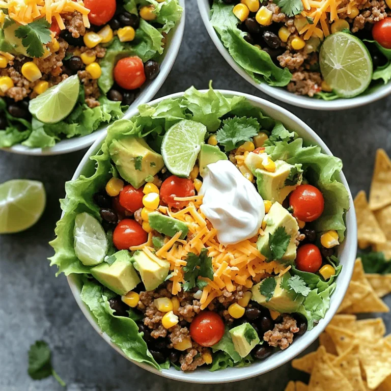 To create your zesty taco salad bowl, gather these main ingredients: - 1 pound ground turkey or beef - 1 packet taco seasoning (or a homemade blend of chili powder, cumin, garlic powder, and paprika) - 1 cup corn (canned or frozen, thawed if frozen) - 1 can black beans, rinsed and drained - 1 red bell pepper, finely diced - 1 cup cherry tomatoes, halved - 1 ripe avocado, diced - 2 cups fresh romaine lettuce, chopped These ingredients work together to form a hearty base for your salad. The ground meat gives protein, while the beans and corn add fiber. The fresh veggies bring crunch and color. You can enhance your taco salad with these seasonings: - 1/2 cup shredded cheddar cheese - 1/2 cup sour cream or Greek yogurt - 1/4 cup fresh cilantro, roughly chopped - Juice of 1 lime - Salt and black pepper to taste These seasonings add layers of flavor. The cheese adds creaminess, while lime juice brightens the dish. Don’t forget to season with salt and pepper to taste. For some fun toppings, consider: - Tortilla chips for crunch - Extra chopped cilantro for freshness - Lime wedges for more zing These optional toppings make your salad even more exciting. You can enjoy the crisp chips on the side or crushed on top for added texture. For the full recipe, check out the detailed instructions to make this tasty meal! First, heat a large skillet over medium heat. Add 1 pound of ground turkey or beef. Cook the meat for about 7-10 minutes. Use a spatula to break it apart as it cooks. Make sure it turns brown and is fully cooked. If there is extra fat, drain it carefully. Next, sprinkle 1 packet of taco seasoning over the meat. You can also use a mix of chili powder, cumin, garlic powder, and paprika. Add about 1/4 cup of water and stir well. Let the mixture simmer for 5 minutes to thicken. In a mixing bowl, combine the fresh ingredients. Add 1 cup of corn, 1 can of rinsed black beans, and 1 finely diced red bell pepper. Then, add 1 cup of halved cherry tomatoes and 1 diced avocado. Toss in 1/4 cup of roughly chopped cilantro. Squeeze the juice of 1 lime over the mix. Season with salt and black pepper to taste. Gently mix it all together. Be careful not to mash the avocado. Start by placing a handful of chopped romaine lettuce in each bowl. This forms the base. Next, layer the seasoned meat evenly on top. Follow with the vibrant corn and bean mix. Now, sprinkle a generous amount of shredded cheddar cheese over everything. Add a dollop of sour cream or Greek yogurt on top. This adds a creamy touch. Serve with tortilla chips on the side or crumble them on top for crunch. For extra flavor, garnish with chopped cilantro and lime wedges. For the full recipe, check out the details above. You can pick ground turkey or beef for this salad. Ground turkey is leaner, which is great for a lighter meal. Beef offers rich flavor and is filling. You can also try chicken or plant-based meat. Choose what you love most! To keep your salad fresh, store each part separately. Keep the lettuce, meat, and toppings apart until serving. This way, the lettuce stays crisp. Use an airtight container for leftovers. You can enjoy your salad for another meal! Mix sweet and savory for great taste. The corn adds sweetness, while the taco meat is savory. Creamy avocado and crunchy tortilla chips give different textures. Don’t forget to add lime juice for a zesty kick! This balance makes every bite exciting. For the full experience, check the Full Recipe for all the details! {{image_4}} You can easily make a vegetarian taco salad bowl. Swap the meat for lentils or quinoa. Both add great texture and protein. Use a mix of black beans, kidney beans, and chickpeas for more flavor and nutrition. You can also add diced mushrooms for a meaty bite. Try adding more colorful veggies like zucchini or corn for extra crunch. If you want to change the protein, consider grilled chicken or shrimp. Both options add a nice touch to your salad. For a spicy kick, use chorizo or spicy sausage. You can even use tofu for a plant-based option. Just make sure to season it well, so it stands out in the salad. There’s always room for creativity in this dish! While sour cream or Greek yogurt is common, you can try different dressings. A zesty lime vinaigrette works great for a fresh twist. For creaminess, consider avocado dressing or a chipotle ranch. You could even use salsa as a dressing for a fun change. Each dressing will give your salad a new flavor to enjoy. For the full recipe, check out the complete instructions above. To store leftovers, place the taco salad in an airtight container. Keep the meat and salad mix separate if you can. This helps keep the lettuce crisp. Use within three days for the best taste. Reheat the meat in a skillet over medium heat. Stir until it’s hot throughout. Avoid reheating the salad mix, as it can wilt. Serve the reheated meat over fresh lettuce for a great meal. For meal prep, prepare the meat and salad mix ahead of time. Store them separately in the fridge. When ready to eat, assemble your bowl with fresh greens. This keeps everything fresh and crunchy. You can find the full recipe above to get started! Yes, you can make this taco salad bowl ahead of time. Cook the meat and prepare the salad mix separately. Store each in airtight containers. Keep the lettuce fresh by waiting to mix it in until serving. This way, your salad stays crisp and tasty. If you want to swap the sour cream, use Greek yogurt. It gives a similar creamy texture and tangy taste. You can also try avocado cream or cashew cream for a dairy-free option. Each choice adds a unique flavor to your taco salad bowl. No, tortilla chips are not a must. They add crunch and flavor, but you can skip them if you prefer. You could use crushed corn chips or make your own baked tortilla strips. Even adding extra veggies can give your salad that satisfying crunch. For the full recipe, check out the details above. In this blog post, we covered the key ingredients, step-by-step instructions, and tips for making a taco salad bowl. We explored options for protein and toppings, plus ways to keep your salad fresh. Remember, you can customize it to fit your taste. Store leftovers properly to enjoy later, and meal prep by making it ahead. Taco salad bowls are easy, fun, and a great way to mix flavors. Enjoy creating your perfect bowl!