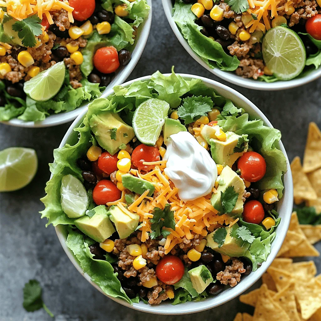 To create your zesty taco salad bowl, gather these main ingredients: - 1 pound ground turkey or beef - 1 packet taco seasoning (or a homemade blend of chili powder, cumin, garlic powder, and paprika) - 1 cup corn (canned or frozen, thawed if frozen) - 1 can black beans, rinsed and drained - 1 red bell pepper, finely diced - 1 cup cherry tomatoes, halved - 1 ripe avocado, diced - 2 cups fresh romaine lettuce, chopped These ingredients work together to form a hearty base for your salad. The ground meat gives protein, while the beans and corn add fiber. The fresh veggies bring crunch and color. You can enhance your taco salad with these seasonings: - 1/2 cup shredded cheddar cheese - 1/2 cup sour cream or Greek yogurt - 1/4 cup fresh cilantro, roughly chopped - Juice of 1 lime - Salt and black pepper to taste These seasonings add layers of flavor. The cheese adds creaminess, while lime juice brightens the dish. Don’t forget to season with salt and pepper to taste. For some fun toppings, consider: - Tortilla chips for crunch - Extra chopped cilantro for freshness - Lime wedges for more zing These optional toppings make your salad even more exciting. You can enjoy the crisp chips on the side or crushed on top for added texture. For the full recipe, check out the detailed instructions to make this tasty meal! First, heat a large skillet over medium heat. Add 1 pound of ground turkey or beef. Cook the meat for about 7-10 minutes. Use a spatula to break it apart as it cooks. Make sure it turns brown and is fully cooked. If there is extra fat, drain it carefully. Next, sprinkle 1 packet of taco seasoning over the meat. You can also use a mix of chili powder, cumin, garlic powder, and paprika. Add about 1/4 cup of water and stir well. Let the mixture simmer for 5 minutes to thicken. In a mixing bowl, combine the fresh ingredients. Add 1 cup of corn, 1 can of rinsed black beans, and 1 finely diced red bell pepper. Then, add 1 cup of halved cherry tomatoes and 1 diced avocado. Toss in 1/4 cup of roughly chopped cilantro. Squeeze the juice of 1 lime over the mix. Season with salt and black pepper to taste. Gently mix it all together. Be careful not to mash the avocado. Start by placing a handful of chopped romaine lettuce in each bowl. This forms the base. Next, layer the seasoned meat evenly on top. Follow with the vibrant corn and bean mix. Now, sprinkle a generous amount of shredded cheddar cheese over everything. Add a dollop of sour cream or Greek yogurt on top. This adds a creamy touch. Serve with tortilla chips on the side or crumble them on top for crunch. For extra flavor, garnish with chopped cilantro and lime wedges. For the full recipe, check out the details above. You can pick ground turkey or beef for this salad. Ground turkey is leaner, which is great for a lighter meal. Beef offers rich flavor and is filling. You can also try chicken or plant-based meat. Choose what you love most! To keep your salad fresh, store each part separately. Keep the lettuce, meat, and toppings apart until serving. This way, the lettuce stays crisp. Use an airtight container for leftovers. You can enjoy your salad for another meal! Mix sweet and savory for great taste. The corn adds sweetness, while the taco meat is savory. Creamy avocado and crunchy tortilla chips give different textures. Don’t forget to add lime juice for a zesty kick! This balance makes every bite exciting. For the full experience, check the Full Recipe for all the details! {{image_4}} You can easily make a vegetarian taco salad bowl. Swap the meat for lentils or quinoa. Both add great texture and protein. Use a mix of black beans, kidney beans, and chickpeas for more flavor and nutrition. You can also add diced mushrooms for a meaty bite. Try adding more colorful veggies like zucchini or corn for extra crunch. If you want to change the protein, consider grilled chicken or shrimp. Both options add a nice touch to your salad. For a spicy kick, use chorizo or spicy sausage. You can even use tofu for a plant-based option. Just make sure to season it well, so it stands out in the salad. There’s always room for creativity in this dish! While sour cream or Greek yogurt is common, you can try different dressings. A zesty lime vinaigrette works great for a fresh twist. For creaminess, consider avocado dressing or a chipotle ranch. You could even use salsa as a dressing for a fun change. Each dressing will give your salad a new flavor to enjoy. For the full recipe, check out the complete instructions above. To store leftovers, place the taco salad in an airtight container. Keep the meat and salad mix separate if you can. This helps keep the lettuce crisp. Use within three days for the best taste. Reheat the meat in a skillet over medium heat. Stir until it’s hot throughout. Avoid reheating the salad mix, as it can wilt. Serve the reheated meat over fresh lettuce for a great meal. For meal prep, prepare the meat and salad mix ahead of time. Store them separately in the fridge. When ready to eat, assemble your bowl with fresh greens. This keeps everything fresh and crunchy. You can find the full recipe above to get started! Yes, you can make this taco salad bowl ahead of time. Cook the meat and prepare the salad mix separately. Store each in airtight containers. Keep the lettuce fresh by waiting to mix it in until serving. This way, your salad stays crisp and tasty. If you want to swap the sour cream, use Greek yogurt. It gives a similar creamy texture and tangy taste. You can also try avocado cream or cashew cream for a dairy-free option. Each choice adds a unique flavor to your taco salad bowl. No, tortilla chips are not a must. They add crunch and flavor, but you can skip them if you prefer. You could use crushed corn chips or make your own baked tortilla strips. Even adding extra veggies can give your salad that satisfying crunch. For the full recipe, check out the details above. In this blog post, we covered the key ingredients, step-by-step instructions, and tips for making a taco salad bowl. We explored options for protein and toppings, plus ways to keep your salad fresh. Remember, you can customize it to fit your taste. Store leftovers properly to enjoy later, and meal prep by making it ahead. Taco salad bowls are easy, fun, and a great way to mix flavors. Enjoy creating your perfect bowl!