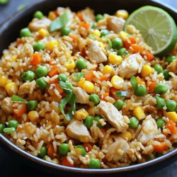 - 2 cups cooked jasmine rice - 1 cup cooked chicken, diced - 1 cup mixed vegetables (peas, carrots, corn) - 2 large eggs - 3 tablespoons soy sauce - 1 tablespoon sesame oil - 2 tablespoons vegetable oil - 3 green onions - 2 cloves garlic - Salt and pepper The main ingredients are simple and easy to find. I like using jasmine rice because it gives a nice texture. Make sure your rice is cooked ahead of time. You can use leftover rice from the day before; it works best. Diced chicken adds protein and flavor. Mixed veggies bring color and crunch. You can use fresh or frozen, whatever you have on hand. The eggs are key for that fluffy texture. The soy sauce adds a savory taste, while sesame oil gives a nice aroma. Green onions add freshness and a bit of bite. Don’t forget the garlic; it enhances all the flavors. Season with salt and pepper to your liking. - Protein substitutes (shrimp, tofu) - Additional vegetables (bell peppers, broccoli) - Garnishes (sesame seeds, lime wedges) You can switch things up with protein substitutes like shrimp or tofu. They can add a new twist. Adding extra veggies, like bell peppers or broccoli, boosts nutrition and taste. You might also want to garnish your dish. Sesame seeds add crunch, and a wedge of lime gives a zesty kick. For the full recipe, check the detailed instructions above. - Cook jasmine rice ahead of time - Dice chicken and chop vegetables To make great chicken fried rice, start with cooked jasmine rice. Ideally, use rice you cooked the day before. This helps keep the rice fluffy and prevents clumping. Next, you need to prepare your chicken and veggies. Dice the cooked chicken into small pieces. Chop a cup of mixed veggies, like peas, carrots, and corn. This mix adds color and flavor. - Heat oil and sauté garlic - Scramble eggs and combine with garlic - Stir-fry chicken and mixed vegetables Now, heat two tablespoons of vegetable oil in a large skillet or wok over medium-high heat. You want the oil hot, which helps all the flavors blend well. Add minced garlic to the hot oil and sauté for about 30 seconds. You want the garlic fragrant but not browned. Push the garlic to the side of the pan. Pour in two beaten eggs. Scramble them for about 1-2 minutes until fully cooked. Mix the eggs with the garlic to get all that great flavor. Next, stir-fry the diced chicken and mixed vegetables. Cook them together for 2-3 minutes until the veggies are tender and bright. - Add cooked rice and sauces - Stir thoroughly for even distribution - Season and add green onions before serving Now it’s time to add the rice. Put the cooked jasmine rice directly into the skillet. Break up any clumps to ensure even texture. Drizzle in three tablespoons of soy sauce and one tablespoon of sesame oil. Stir everything well for about 3-4 minutes. This step ensures each grain of rice gets coated in flavor. Taste your dish and season with salt and freshly cracked black pepper as desired. Finally, fold in three sliced green onions to add a fresh touch. Serve your chicken fried rice hot. For a nice touch, you can garnish it with more green onions or even sesame seeds. Enjoy your meal! To get the best texture, always use day-old rice. Fresh rice holds too much moisture, making it clump together. Day-old rice dries out, giving your dish that nice, fluffy feel. Control the heat while cooking. Start at medium-high to get a good sizzle. Lower the heat if things start to brown too quickly. This prevents burning and helps cook everything evenly. Pre-chop your ingredients before you start. This makes the cooking process much quicker. You can save time by using frozen mixed vegetables. They are ready to use and add color to your dish. Use a large skillet or a wok for frying. A wide surface area allows for even cooking. Look for a non-stick option to help prevent sticking. You will also need a sturdy spatula for mixing. This tool helps combine all the ingredients without breaking them apart. {{image_4}} You can change up chicken fried rice in fun ways. One popular option is shrimp fried rice. Just swap the chicken for shrimp. Cook the shrimp until pink, and follow the same steps. This gives you a different flavor and texture. If you want a vegetarian or vegan meal, use tofu instead of chicken. Cut the tofu into small cubes and fry until golden. You can add more veggies like bell peppers or snap peas. This makes a tasty and colorful dish. Adding sauces can change the taste of your fried rice. Sweet soy sauce gives a nice hint of sweetness. Oyster sauce adds a rich umami flavor. Just drizzle them in when you add the soy sauce. You can also spice things up with chili oil or fresh ginger. Chili oil gives a kick, while ginger adds warmth. Start with small amounts and taste as you go. Adjust to your heat preference. Want to mix things up even more? Try using quinoa or cauliflower rice instead of jasmine rice. Quinoa adds protein, while cauliflower rice is lower in carbs. Both options are healthy and tasty. You can also swap jasmine rice for brown rice. Brown rice adds a nutty flavor and more fiber. Just make sure it’s fully cooked before you mix it in. This way, you keep the dish hearty and satisfying. For the full recipe, check out the Easy Chicken Fried Rice section. To store leftover fried rice, place it in an airtight container. This keeps it fresh. You should refrigerate it within two hours of cooking. If you want to keep it longer, freezing is a great option. For freezing, use freezer-safe bags. Squeeze out all the air before sealing. This prevents freezer burn. When reheating, you have a few safe methods. The microwave works well. Place the rice in a microwave-safe bowl and cover it. Heat for one minute, stir, and heat for another minute. You can also use the stovetop. Heat a little oil in a pan, then add the rice. Stir it often to keep it from sticking. To keep the texture nice, add a splash of water or broth while heating. This helps steam the rice and keeps it fluffy. When stored in the fridge, fried rice lasts about three to four days. In the freezer, it can last up to three months. Before eating leftover fried rice, check for signs it has gone bad. Look for any off smells or changes in color. If it smells sour or looks strange, it’s best to toss it. Enjoy your meal with confidence! For the full recipe, check out the details above. The best rice for fried rice is jasmine rice. It has a light, fluffy texture. Its grains stay separate when cooked. Other rice types, like basmati, can work too, but they may not be as good. They can be too soft or sticky. Jasmine rice gives you that perfect bite. Yes, you can! If you want to skip soy sauce, try using teriyaki or coconut aminos. These options add flavor without soy. You can also use a splash of vinegar or lemon juice for a tangy twist. Don't be afraid to experiment with herbs or spices. Garlic powder and ginger can add a nice kick. To make chicken fried rice gluten-free, choose gluten-free soy sauce, like tamari. This sauce tastes great and keeps your dish safe. You can also swap regular rice for cauliflower rice. It’s a tasty way to cut carbs. Use fresh vegetables and proteins that are naturally gluten-free. Always check labels for hidden gluten. In this post, we covered how to make easy chicken fried rice, including key ingredients and step-by-step cooking instructions. I shared tips for perfecting your dish, time-saving ideas, and equipment recommendations. You now have variations and storage tips to keep your meal fresh. Whether you try new veggies or sauces, your fried rice can always change. This dish is quick and fun, making it a family favorite. Enjoy creating your version of chicken fried rice!