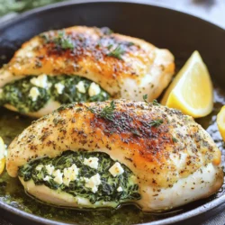Here are the key ingredients you'll need for your spinach and feta stuffed chicken: - 4 boneless, skinless chicken breasts - 2 cups fresh spinach, finely chopped - 1 cup feta cheese, crumbled - 1/2 cup cream cheese, softened to room temperature - 2 cloves garlic, minced - 1 teaspoon dried oregano - 1/2 teaspoon freshly ground black pepper - 1/4 teaspoon sea salt - 1 tablespoon extra virgin olive oil - 1/4 teaspoon red pepper flakes (optional) - Fresh lemon wedges for serving Each ingredient plays a big role in the flavor. The chicken breasts are your main protein source. The spinach adds nutrients and a lovely green color. Feta cheese brings a salty and tangy kick. Cream cheese adds creaminess and helps bind the filling. Garlic and oregano enhance the taste with bold flavors. Black pepper and sea salt round out the seasoning. Olive oil adds richness and aids in cooking. Red pepper flakes can give a nice spicy touch, while lemon wedges brighten the dish. For the full recipe, check out the detailed instructions. You’ll love how all these ingredients work together! - Preheat the oven to 375°F (190°C). - Prepare the baking dish or skillet. This step is key for even cooking. - In a bowl, combine: - 2 cups fresh spinach, finely chopped - 1 cup feta cheese, crumbled - 1/2 cup cream cheese, softened - 2 cloves garlic, minced - 1 teaspoon dried oregano - 1/2 teaspoon black pepper - 1/4 teaspoon sea salt - 1/4 teaspoon red pepper flakes (optional) - Mix well until creamy. This filling adds a burst of flavor. - Take 4 chicken breasts and slice them to create pockets. - Fill each pocket generously with the spinach and feta mixture. - Use toothpicks if needed to hold the filling in. - Heat 1 tablespoon of olive oil in a large skillet. - Sear the stuffed chicken for 4-5 minutes on each side. Look for a nice golden color. - Transfer the skillet to the oven and bake for 20-25 minutes. Make sure the chicken is cooked through. - When finished, let the chicken rest for a few minutes before serving. - Serve hot with fresh lemon wedges for a zesty touch. For the full recipe, check out the details above. To make the best spinach and feta stuffed chicken, secure the pockets well. After slicing each chicken breast, fill it carefully. Use toothpicks if needed to keep the filling inside. This step is key to avoid any mess while cooking. To keep the chicken juicy and tender, avoid overcooking it. Sear the chicken on high heat first. This creates a nice crust that locks in moisture. Then, bake it until just cooked through. The internal juices should run clear when done. Pair your stuffed chicken with simple side dishes. Roasted vegetables, rice, or a fresh salad work well. These sides help balance out the meal and add flavor. For an impressive presentation, slice the chicken on a diagonal. This shows off the colorful filling. Arrange the slices on a plate with fresh lemon wedges. A sprinkle of herbs, like parsley, adds a nice touch too. For the full recipe, check out the section above. {{image_4}} You can change the cheese for a different taste. Try mozzarella for a milder flavor. Goat cheese adds a tangy twist that pairs well with spinach. Fresh herbs like basil or thyme can brighten the filling. They add a fresh kick to the dish. Experimenting with flavors keeps your meals exciting and unique. Feel free to get creative with the filling. Sun-dried tomatoes bring a sweet, tangy burst. You can also add bell peppers for extra crunch and flavor. Roasting extra veggies as a side dish makes a great pairing. Think about zucchini, asparagus, or carrots to add color and nutrients. These small changes can elevate your meal. For the full recipe, refer back to the main section. After you enjoy your spinach and feta stuffed chicken, let it cool first. This step helps keep the chicken juicy. Store leftovers in an airtight container. They should last for 3 to 4 days in the fridge. If you want to keep it fresh, avoid placing hot chicken directly in the fridge. This can raise the temperature inside, risking other food. To freeze your stuffed chicken, wrap each piece tightly in plastic wrap. Then, place them in a freezer bag. Make sure to squeeze out as much air as possible. This helps prevent freezer burn. You can freeze the chicken for up to 3 months. When you want to enjoy it again, take the chicken out and place it in the fridge overnight to thaw. After thawing, reheat it in the oven at 350°F (175°C) until it's hot throughout. This keeps the chicken moist and flavorful. For a quick meal, you can also microwave it. Just be careful not to overheat it, as this can dry it out. For the complete experience, check the Full Recipe for tips on preparation and cooking. Yes, you can prepare the filling a day in advance. Store it in the fridge. This saves time on busy days. Just remember to bring it to room temperature before stuffing the chicken. To know if chicken is done, check its internal temperature. It should reach 165°F (75°C). The juices should run clear, not pink. Cut into the thickest part to check. If it’s no longer pink, it’s ready to eat. Yes, you can grill the stuffed chicken! Just follow the same steps. Sear the chicken on the grill for a few minutes. Then, move it to indirect heat to cook through. This adds a nice smoky flavor. Absolutely! Frozen spinach works well. Just thaw and squeeze out excess water. This keeps the filling from becoming too watery. It’s a great time-saver, too! Taste the filling before stuffing the chicken. It should have a balanced flavor. If it tastes bland, add more salt or spices. Remember, the filling flavors the chicken, so it should be tasty on its own. This blog post shared a tasty and easy recipe for stuffed chicken breasts. You learned how to make a filling with spinach, feta, and spices. We covered how to prep, cook, and store this dish. Finally, I offered tips on variations and serving ideas. By following these steps, you can impress at your next meal. Enjoy cooking this healthy dish that is sure to please everyone!