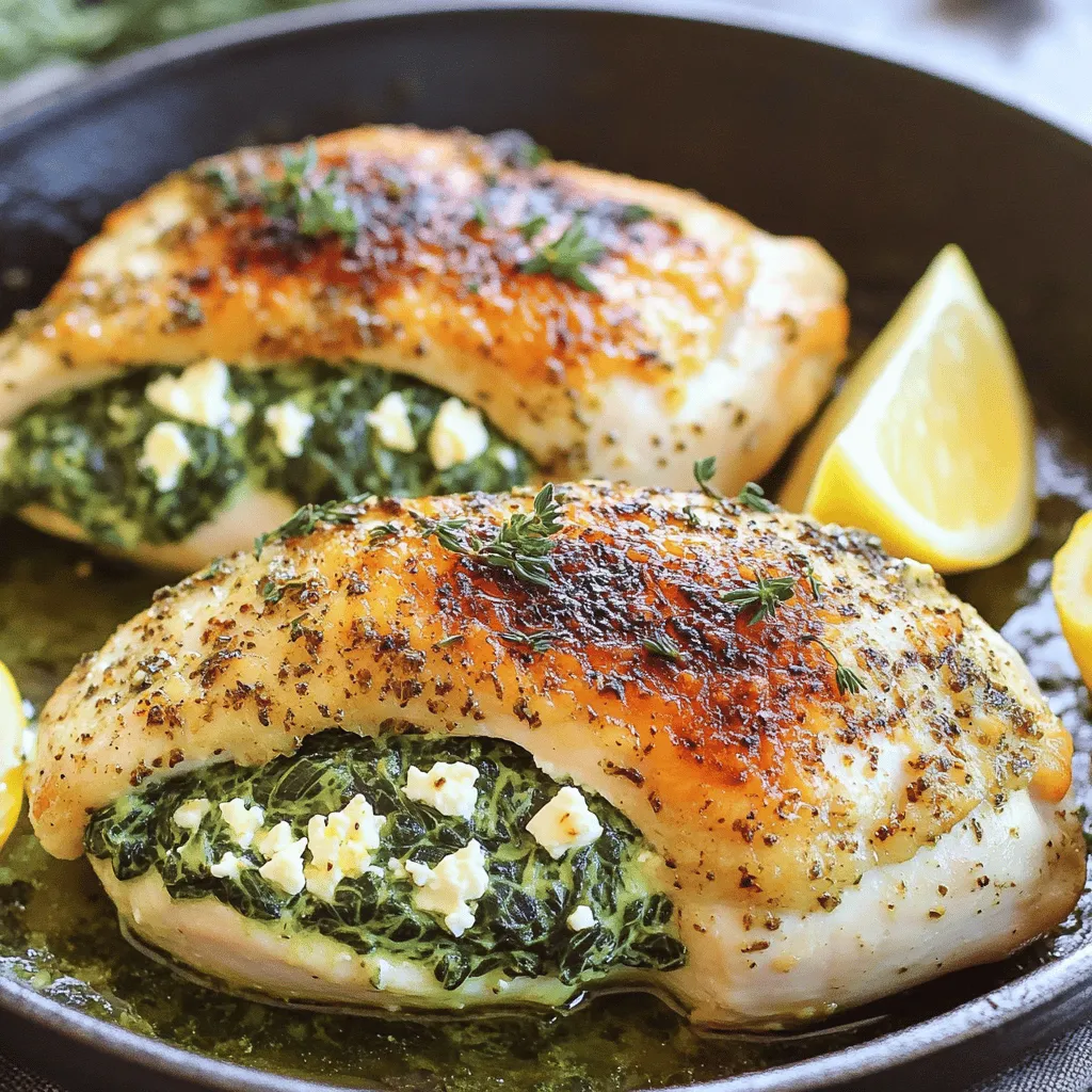 Here are the key ingredients you'll need for your spinach and feta stuffed chicken: - 4 boneless, skinless chicken breasts - 2 cups fresh spinach, finely chopped - 1 cup feta cheese, crumbled - 1/2 cup cream cheese, softened to room temperature - 2 cloves garlic, minced - 1 teaspoon dried oregano - 1/2 teaspoon freshly ground black pepper - 1/4 teaspoon sea salt - 1 tablespoon extra virgin olive oil - 1/4 teaspoon red pepper flakes (optional) - Fresh lemon wedges for serving Each ingredient plays a big role in the flavor. The chicken breasts are your main protein source. The spinach adds nutrients and a lovely green color. Feta cheese brings a salty and tangy kick. Cream cheese adds creaminess and helps bind the filling. Garlic and oregano enhance the taste with bold flavors. Black pepper and sea salt round out the seasoning. Olive oil adds richness and aids in cooking. Red pepper flakes can give a nice spicy touch, while lemon wedges brighten the dish. For the full recipe, check out the detailed instructions. You’ll love how all these ingredients work together! - Preheat the oven to 375°F (190°C). - Prepare the baking dish or skillet. This step is key for even cooking. - In a bowl, combine: - 2 cups fresh spinach, finely chopped - 1 cup feta cheese, crumbled - 1/2 cup cream cheese, softened - 2 cloves garlic, minced - 1 teaspoon dried oregano - 1/2 teaspoon black pepper - 1/4 teaspoon sea salt - 1/4 teaspoon red pepper flakes (optional) - Mix well until creamy. This filling adds a burst of flavor. - Take 4 chicken breasts and slice them to create pockets. - Fill each pocket generously with the spinach and feta mixture. - Use toothpicks if needed to hold the filling in. - Heat 1 tablespoon of olive oil in a large skillet. - Sear the stuffed chicken for 4-5 minutes on each side. Look for a nice golden color. - Transfer the skillet to the oven and bake for 20-25 minutes. Make sure the chicken is cooked through. - When finished, let the chicken rest for a few minutes before serving. - Serve hot with fresh lemon wedges for a zesty touch. For the full recipe, check out the details above. To make the best spinach and feta stuffed chicken, secure the pockets well. After slicing each chicken breast, fill it carefully. Use toothpicks if needed to keep the filling inside. This step is key to avoid any mess while cooking. To keep the chicken juicy and tender, avoid overcooking it. Sear the chicken on high heat first. This creates a nice crust that locks in moisture. Then, bake it until just cooked through. The internal juices should run clear when done. Pair your stuffed chicken with simple side dishes. Roasted vegetables, rice, or a fresh salad work well. These sides help balance out the meal and add flavor. For an impressive presentation, slice the chicken on a diagonal. This shows off the colorful filling. Arrange the slices on a plate with fresh lemon wedges. A sprinkle of herbs, like parsley, adds a nice touch too. For the full recipe, check out the section above. {{image_4}} You can change the cheese for a different taste. Try mozzarella for a milder flavor. Goat cheese adds a tangy twist that pairs well with spinach. Fresh herbs like basil or thyme can brighten the filling. They add a fresh kick to the dish. Experimenting with flavors keeps your meals exciting and unique. Feel free to get creative with the filling. Sun-dried tomatoes bring a sweet, tangy burst. You can also add bell peppers for extra crunch and flavor. Roasting extra veggies as a side dish makes a great pairing. Think about zucchini, asparagus, or carrots to add color and nutrients. These small changes can elevate your meal. For the full recipe, refer back to the main section. After you enjoy your spinach and feta stuffed chicken, let it cool first. This step helps keep the chicken juicy. Store leftovers in an airtight container. They should last for 3 to 4 days in the fridge. If you want to keep it fresh, avoid placing hot chicken directly in the fridge. This can raise the temperature inside, risking other food. To freeze your stuffed chicken, wrap each piece tightly in plastic wrap. Then, place them in a freezer bag. Make sure to squeeze out as much air as possible. This helps prevent freezer burn. You can freeze the chicken for up to 3 months. When you want to enjoy it again, take the chicken out and place it in the fridge overnight to thaw. After thawing, reheat it in the oven at 350°F (175°C) until it's hot throughout. This keeps the chicken moist and flavorful. For a quick meal, you can also microwave it. Just be careful not to overheat it, as this can dry it out. For the complete experience, check the Full Recipe for tips on preparation and cooking. Yes, you can prepare the filling a day in advance. Store it in the fridge. This saves time on busy days. Just remember to bring it to room temperature before stuffing the chicken. To know if chicken is done, check its internal temperature. It should reach 165°F (75°C). The juices should run clear, not pink. Cut into the thickest part to check. If it’s no longer pink, it’s ready to eat. Yes, you can grill the stuffed chicken! Just follow the same steps. Sear the chicken on the grill for a few minutes. Then, move it to indirect heat to cook through. This adds a nice smoky flavor. Absolutely! Frozen spinach works well. Just thaw and squeeze out excess water. This keeps the filling from becoming too watery. It’s a great time-saver, too! Taste the filling before stuffing the chicken. It should have a balanced flavor. If it tastes bland, add more salt or spices. Remember, the filling flavors the chicken, so it should be tasty on its own. This blog post shared a tasty and easy recipe for stuffed chicken breasts. You learned how to make a filling with spinach, feta, and spices. We covered how to prep, cook, and store this dish. Finally, I offered tips on variations and serving ideas. By following these steps, you can impress at your next meal. Enjoy cooking this healthy dish that is sure to please everyone!