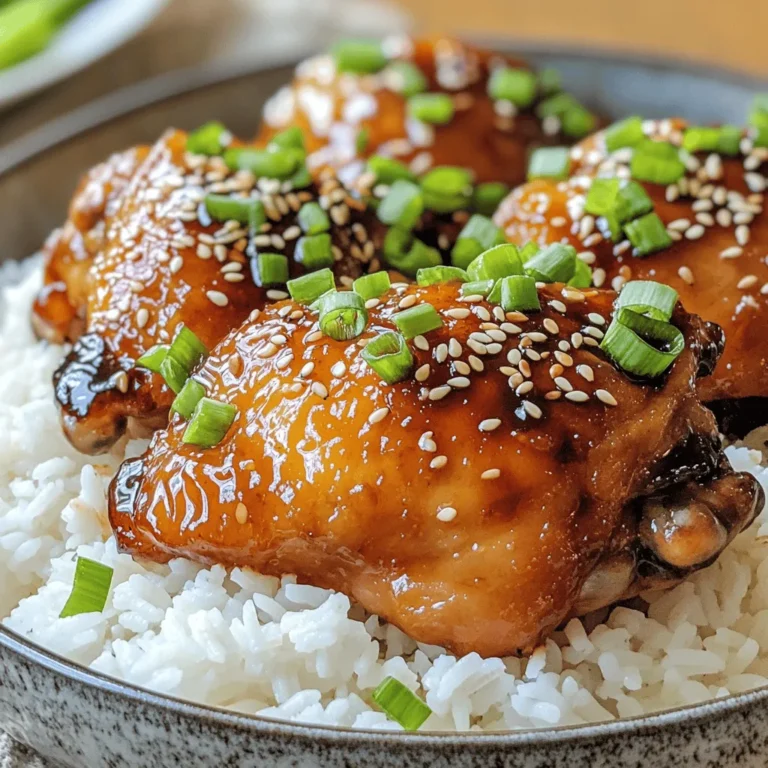 To make easy teriyaki chicken, gather these simple items. Each ingredient plays a key role in creating that rich, savory flavor. - 1 lb boneless skinless chicken thighs - 1/2 cup soy sauce - 1/4 cup brown sugar - 2 tablespoons honey - 2 tablespoons rice vinegar - 2 cloves garlic, minced - 1 teaspoon ginger, grated - 1 tablespoon cornstarch - 2 tablespoons water - 2 tablespoons sesame seeds (for garnish) - 3 green onions, chopped (for garnish) - Cooked rice or quinoa (for serving) These ingredients are easy to find at your local store. Each one adds a unique taste. The chicken thighs provide a juicy base. Soy sauce gives that deep umami flavor. Brown sugar and honey add sweetness, balancing the saltiness. Rice vinegar adds a slight tang. Garlic and ginger bring warmth to the dish. Cornstarch thickens the sauce, making it glossy. Sesame seeds and green onions add crunch and color. For a perfect meal, serve the chicken over rice or quinoa. The grains soak up the delicious sauce. Enjoy your cooking adventure! For the complete recipe, check out the Full Recipe. Start by mixing the marinade. In a bowl, combine the soy sauce, brown sugar, honey, rice vinegar, minced garlic, and grated ginger. Whisk until smooth. Next, add the chicken thighs, making sure each piece gets covered in the marinade. Cover the bowl with plastic wrap. Let it sit in the fridge for at least 30 minutes. For the best flavor, marinate for up to 2 hours. Now, heat a non-stick skillet over medium-high heat. Take the chicken out of the marinade, but keep the marinade for later. Place the chicken thighs in the hot skillet. Cook for 5-7 minutes on each side. You want a nice golden-brown color. To check for doneness, use a meat thermometer. Look for an internal temperature of 165°F (75°C). While the chicken cooks, prepare the sauce. In a small saucepan, pour in the reserved marinade. Bring it to a gentle simmer over medium heat. In another bowl, mix the cornstarch and water until smooth. Once the marinade simmers, whisk in the cornstarch mixture. Stir for 2-3 minutes until the sauce thickens and shines. After the chicken is cooked, slice it into strips. Put the chicken back in the skillet. Pour the thickened teriyaki sauce over the chicken. Toss it gently to coat every piece. Let it cook together for another 2 minutes. This helps the chicken soak up the flavors. Serve the teriyaki chicken over cooked rice or quinoa. Finish with sesame seeds and chopped green onions for a crunchy touch. Enjoy your meal! To get juicy chicken, let it rest after cooking. Resting helps the juices stay inside. This makes each bite tender and flavorful. Use a meat thermometer to check the chicken. Insert it into the thickest part. The chicken should reach 165°F (75°C). This ensures it is safe to eat. You can add more flavor with spices. Try adding a pinch of red pepper flakes for heat. A dash of sesame oil brings a nutty taste. Fresh herbs like cilantro or basil make great garnishes. They add color and freshness to your plate. Don't overcook the chicken. This makes it dry and tough. Keep an eye on the cooking time. Also, don’t skip the marinade step. Marinating adds depth to the flavor. A good soak turns ordinary chicken into something special. {{image_4}} You can easily switch up the protein in this dish. If you prefer chicken breasts, they work well too. Chicken breasts are lean and cook quickly. Just be careful not to overcook them. They can dry out faster than thighs. For a vegetarian option, use firm tofu. Tofu soaks up the teriyaki sauce nicely. Cut it into cubes and marinate it just like the chicken. Want to spice things up? Add some chili flakes or sriracha to the teriyaki sauce. This will give your dish a nice kick. If you enjoy citrus flavors, consider adding orange or lime juice. A splash of citrus adds brightness and freshness. You can also mix in some pineapple juice for a tropical twist. This makes the sauce sweet and tangy. When it comes to sides, rice is a classic choice. But you can serve this dish with quinoa for a healthy twist. Quinoa adds a nutty flavor and extra protein. You might try noodles as another option. They soak up the sauce well, making each bite delicious. Pair your teriyaki chicken with steamed veggies for a colorful plate. Broccoli, snap peas, or bell peppers are great choices. For the full recipe, check out the complete guide to making Easy Teriyaki Chicken. To keep your teriyaki chicken fresh, follow these steps: - Allow the chicken to cool to room temperature. - Place it in an airtight container. - Store it in the refrigerator for up to three days. Using a glass container helps avoid stains and odors. When reheating, you have a few options: - Use a microwave for quick heating. - Heat on the stovetop over low heat. - Add a splash of water to keep the chicken moist. To maintain flavor, cover the chicken while reheating. To freeze your teriyaki chicken for long-term storage: - Place cooled chicken in freezer-safe bags. - Remove excess air before sealing. - Store for up to three months. For thawing, move it to the fridge overnight. You can also cook it from frozen, just add extra time. You can pair this dish with many tasty sides. Here are my top picks: - Steamed broccoli - Stir-fried vegetables - Fried rice - Quinoa salad - Cucumber salad These sides add color and texture to your meal. They also enhance the flavors of the teriyaki chicken. Yes, you can make this dish in advance! Here are some tips: - Marinate the chicken the night before. - Cook the chicken and store it in the fridge. - Reheat it just before serving. Making it ahead saves time on busy nights. Plus, the flavors blend better when you let it sit. You can easily modify the recipe for different diets: - For gluten-free, use tamari instead of soy sauce. - To reduce sugar, use a sugar substitute or less honey. These adjustments keep the meal tasty and meet your needs. Homemade teriyaki is fresher and more flavorful. Here’s why: - You control the ingredients and sugar level. - Store-bought often has preservatives. - You can adjust the flavors to your liking. Making it at home gives you a better taste and quality. You can find the full recipe for Easy Teriyaki Chicken in the section above. It has all the details you need to make this delicious dish! This blog post covered the key ingredients for easy teriyaki chicken, step-by-step cooking instructions, and helpful tips. You learned about marinating chicken thighs for flavor, making a thick sauce, and avoiding common mistakes. I shared different ways to adjust the recipe, including protein swaps and flavor tweaks. Whether cooking for yourself or serving guests, these tips will help you create a delicious dish. Enjoy the flavors of homemade teriyaki chicken, and don't hesitate to experiment with your own twists!