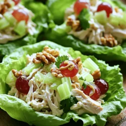 - 2 cups cooked chicken breast, shredded - 1 cup plain Greek yogurt - 1/2 cup celery, finely diced - 1/2 cup red grapes, halved - 1/4 cup green onion, thinly sliced - 1/4 cup walnuts, coarsely chopped - 1 tablespoon Dijon mustard - 1 tablespoon honey - 1 tablespoon fresh lemon juice - Salt and freshly ground black pepper to taste - Crisp lettuce leaves for serving When I prepare Greek yogurt chicken salad, I focus on fresh and simple ingredients. Each component adds flavor and texture. I start with cooked chicken breast, shredded into bite-sized pieces. This makes it easy to enjoy. The plain Greek yogurt serves as a creamy base. It is healthy and rich in protein. Next, I add finely diced celery for a satisfying crunch. The red grapes, halved, bring sweetness to the dish. Their juicy pop balances the savory notes of the chicken. For a touch of brightness, I slice green onions thinly. Their mild flavor enhances the salad without overpowering it. The walnuts add a nice crunch and a nutty taste. To make the dressing, I combine Dijon mustard, honey, and fresh lemon juice. These ingredients work together to create a tangy and sweet sauce. Finally, I season with salt and black pepper. I serve this salad on crisp lettuce leaves. They provide a fresh and crunchy base. You can find the full recipe above to make your own version. - Step 1: Combine chicken and vegetables In a large bowl, add 2 cups of shredded chicken. Then, toss in 1/2 cup of finely diced celery, 1/2 cup of halved red grapes, 1/4 cup of thinly sliced green onions, and 1/4 cup of coarsely chopped walnuts. Mix gently to combine these ingredients well. - Step 2: Whisk together the dressing In a separate bowl, take 1 cup of plain Greek yogurt. Add 1 tablespoon of Dijon mustard, 1 tablespoon of honey, and 1 tablespoon of fresh lemon juice. Season with a pinch of salt and black pepper. Whisk until the dressing is smooth. - Step 3: Mix the ingredients Pour the yogurt dressing over the chicken mixture. Using a spatula, gently toss everything together. Make sure all parts are coated with the creamy dressing. - Step 4: Refrigerate for flavor development Cover the bowl with plastic wrap or a lid. Place it in the fridge for at least 30 minutes. This chilling time helps the flavors blend and grow richer. - Step 5: Serve on lettuce leaves When you are ready to eat, take crisp lettuce leaves and arrange them on a plate. Spoon the creamy chicken salad onto each leaf. For extra flair, sprinkle some chopped walnuts and whole grape halves on top. This Greek Yogurt Chicken Salad is not just easy to make; it’s a balanced meal packed with flavor. You can find the full recipe [here](#). - Use rotisserie chicken for convenience: It saves time and adds flavor. You can buy it pre-cooked and just shred it. Rotisserie chicken is juicy and tender, making it a great base for this dish. - Season to taste with herbs and spices: Don’t hold back here. Add salt, pepper, or your favorite herbs. Dill or parsley can give it a fresh lift. The right herbs make a big difference in flavor. - Allow chilling time for flavor enhancement: After mixing, let your salad chill in the fridge for at least 30 minutes. This helps the flavors blend beautifully. The wait is worth it! - Add walnuts and grapes for garnish: A sprinkle of walnuts adds crunch. Halved grapes bring a burst of sweetness. This not only looks good but adds more taste too. - Serve with whole-grain bread or crackers: Pairing your salad with whole-grain bread or crackers makes it more filling. It also gives a nice texture contrast to the creamy salad. Enjoy with your favorite sides! {{image_4}} You can easily change up this Greek yogurt chicken salad to fit your taste. Try swapping grapes for apples or dried cranberries. Apples add a crisp bite, while cranberries bring sweetness. Both options brighten the dish. You can also incorporate herbs like dill or parsley. Fresh herbs add a nice touch and a burst of flavor. Another fun option is using different nuts. Pecans or almonds can replace walnuts. They change the texture and add their unique taste. If you're looking for dairy-free options, use non-dairy yogurt instead of Greek yogurt. This keeps the creaminess while meeting dietary needs. To reduce calories, opt for low-fat yogurt. This still gives you that creamy texture without extra fat. These easy swaps make the salad more flexible for everyone. To store your Greek Yogurt Chicken Salad, follow these steps: - First, make sure the salad is cool. - Next, choose an airtight container to keep it fresh. - You can use glass or plastic containers. Both work well. - Fill the container but leave some space at the top. This helps prevent spills. - Seal the lid tightly to keep air out. Greek Yogurt Chicken Salad lasts about 3 to 5 days in the fridge. To know if it’s time to toss it, look for these signs: - Check for any off smell. It should smell fresh and creamy. - Look for changes in color or texture. If it seems slimy, throw it away. - If you see mold, do not eat it. Discard it immediately. Following these tips will help keep your meal safe and delicious. Enjoy your Greek Yogurt Chicken Salad for days! You can use sour cream or plain yogurt as a substitute for Greek yogurt. They both add creaminess. If you want a dairy-free option, try coconut yogurt. It has a nice texture and flavor. To make a low-carb version, skip the grapes and use diced cucumbers instead. You can also add more veggies like bell peppers. This keeps it fresh and crunchy while lowering the carbs. Yes, you can use canned chicken. It saves time and is easy to use. Just drain the chicken and shred it before mixing it with the other ingredients. You can enhance the flavor by adding herbs like dill or basil. A splash of hot sauce can also give it a kick. Don’t forget to taste and adjust the salt and pepper! For more details, you can check the Full Recipe. This Greek yogurt chicken salad is easy to make and tasty. You combine chicken, yogurt, and veggies for a light dish. Remember to chill it for more flavor. Use rotisserie chicken for a quick meal or add different fruits and nuts. Store leftovers in airtight containers to keep them fresh. Try this recipe next time you need a delicious meal. You’ll love how simple it is!