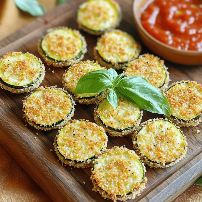 - 2 medium zucchinis - 1 cup whole wheat breadcrumbs - 1/2 cup freshly grated Parmesan cheese - 1 teaspoon garlic powder - 1 teaspoon dried oregano - 1/2 teaspoon red pepper flakes (optional) - Salt and pepper to taste - 2 large eggs - Olive oil spray or extra virgin olive oil for drizzling - Fresh basil leaves for garnish Zucchini Parmesan Bites are simple to make. Fresh zucchinis are the star of this dish. You want to use medium zucchinis for the best texture. Whole wheat breadcrumbs add a nice crunch. Parmesan cheese gives a rich, savory flavor. Remember to use freshly grated cheese for the best taste. For seasoning, garlic powder and oregano provide a classic Italian flavor. If you want a kick, add red pepper flakes. Adjust the salt and pepper based on your taste. Eggs act as the glue to hold everything together. They help the breadcrumbs stick to the zucchini. A light spray of olive oil helps to brown the bites in the oven. Finally, fresh basil leaves are perfect for garnishing. They add color and a fresh taste. For the full recipe, check out the details above. Enjoy your cooking! First, preheat your oven to 425°F (220°C). This temp is perfect for crispy bites. While the oven heats, prepare a baking sheet with parchment paper. This helps prevent sticking. Next, slice the zucchinis into 1/4-inch thick rounds. Make sure the slices are even. This keeps them cooking at the same rate. In a shallow bowl, mix the breadcrumbs, grated Parmesan cheese, garlic powder, oregano, red pepper flakes, salt, and pepper. Stir this well to blend the flavors. In another bowl, whisk the eggs until they are frothy. This egg wash helps the coating stick to the zucchini. Now, take each zucchini round. Dip it into the egg wash first. Let the extra egg drip off. Then, dredge it in the breadcrumb mixture. Press gently to make sure it sticks. Repeat this until all the zucchini rounds are coated. Arrange the coated zucchini on the baking sheet in a single layer. Do not overcrowd them. For extra crispiness, spray or drizzle olive oil on top. Bake the zucchini bites for 20-25 minutes. They should turn a lovely golden brown and become crispy. Halfway through, flip each one for even browning. Once they are baked, let them cool for a couple of minutes. This helps them firm up, making them easier to handle. Enjoy your crispy, tasty snack! For the full recipe, check the main section above. To make your zucchini bites super crispy, moisture is your enemy. Start by choosing the right zucchinis. Look for firm, fresh ones. Slice them into 1/4-inch thick rounds. This thickness helps them cook evenly. Always preheat your oven to 425°F (220°C). A hot oven gives you that lovely crunch. Do not overcrowd the baking sheet. If you lay out too many zucchini bites, they will steam instead of crisp. Leave space between each piece. This allows hot air to circulate. You want each bite to bake evenly and get golden brown. Add a twist to your zucchini bites with extra spices. Try paprika or Italian seasoning for a flavor kick. If you like heat, add more red pepper flakes. You can also sprinkle in some grated lemon zest for brightness. Pair your zucchini bites with a tasty dip. Marinara sauce is classic, but ranch dressing works well too. Try serving them with a spicy aioli for a delicious contrast. These dips complement the savory bites perfectly. Make your dish pop by garnishing it with fresh basil. Chop it finely and sprinkle it over the zucchini bites. This adds color and a fresh taste. For gatherings, get creative with your serving ideas. Use a wooden board for a rustic look. Add small bowls of different dips around the board. This will invite guests to mix and match flavors. You can also serve them in mini cups for a fun snack option. Try the Full Recipe to enjoy these delicious bites! {{image_4}} You can swap cheeses in this recipe. Try mozzarella or Gouda for a different flavor. Each cheese brings its unique taste and creaminess. For a lighter option, use low-fat cheese. If you need gluten-free bites, use almond flour or gluten-free breadcrumbs. Both options work well and keep the bites crunchy. Just ensure they are finely ground for a better texture. Want to change the taste? Add herbs like thyme or rosemary for a fresh twist. You can also try spices like paprika or cumin for a warm flavor. If you enjoy heat, add more red pepper flakes. You can even mix in chopped jalapeños for a spicy kick. Adjust the spice level to suit your taste. Using an air fryer? Preheat it to 400°F (200°C). Arrange the zucchini bites in a single layer. Cook for about 12-15 minutes until golden brown and crispy. This method cuts down on oil, making them even healthier. Want to save some bites for later? You can freeze them before or after baking. Place them in a single layer on a baking sheet to freeze. Once solid, transfer them to a freezer bag. Reheat in the oven or air fryer when ready to eat. To keep your Zucchini Parmesan Bites fresh, use an airtight container. Glass or plastic containers work well. Store them in the fridge for up to three days. This way, they stay tasty and safe to eat. When reheating, avoid the microwave if you want crispiness. Instead, use the oven. Preheat it to 350°F (175°C). Place the bites on a baking sheet for about 10 minutes. This helps them regain their crunch. If you must use a microwave, heat them briefly. But know they may turn soft. You can freeze these tasty bites before or after baking. For uncooked bites, arrange them on a tray and freeze until solid. Then, transfer them to a freezer bag. When ready, bake them straight from the freezer. For baked bites, let them cool completely before freezing. Thaw in the fridge overnight before reheating in the oven. This keeps them crispy and delicious. For the full recipe, check the details above. Zucchini Parmesan Bites are small, crispy snacks made from fresh zucchini. You slice the zucchini into rounds and coat them with breadcrumbs and Parmesan cheese. The mixture also has garlic powder and oregano for flavor. These bites are baked until golden brown and crunchy. They make a great appetizer or snack for any occasion. Yes, you can prepare Zucchini Parmesan Bites ahead of time. After coating the zucchini, place them on the baking sheet and cover with plastic wrap. Store them in the fridge for up to 24 hours. When ready to bake, just pop them in the oven. If you want to freeze them, do so before baking. Place them in a single layer on a baking sheet, freeze until firm, then transfer to a freezer bag. Zucchini Parmesan Bites can be a healthy snack option. Zucchini is low in calories and high in vitamins A and C. Whole wheat breadcrumbs add fiber, while Parmesan cheese provides calcium and protein. Each serving has about 150 calories, depending on the amount of oil used. These bites are a tasty way to enjoy veggies without the guilt. In this post, we explored how to make delicious Zucchini Parmesan Bites. We covered the main ingredients, like zucchini and whole wheat breadcrumbs. You learned to prepare, coat, and bake them for a crispy treat. I shared tips for enhancing flavor and serving ideas. Remember, these bites can be made ahead and stored easily. They are not just tasty but also healthy. So, try making them for your next gathering or as a fun snack. Enjoy your cooking!
