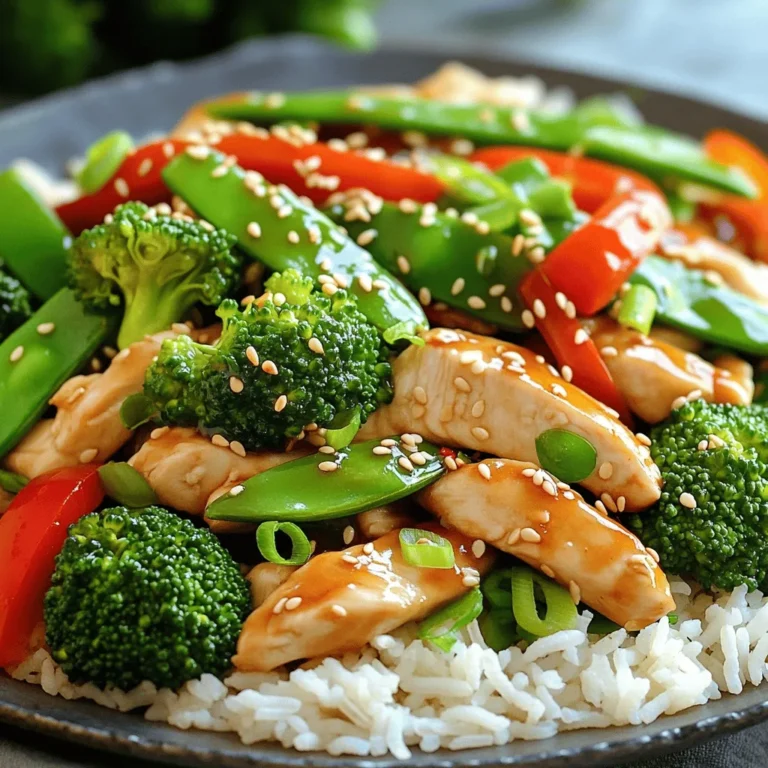- Chicken breast - Vegetables (broccoli, red bell pepper, snap peas) - Teriyaki sauce The main components of teriyaki chicken stir-fry are fresh and vibrant. Start with chicken breast. I prefer to slice it thin for quick cooking and better flavor absorption. Next, grab your favorite vegetables. I love using broccoli, red bell pepper, and snap peas. They add color and crunch. Finally, teriyaki sauce ties it all together with its sweet and savory flavor. - Garlic and ginger - Sesame seeds - Green onions Seasoning is key to great taste. I always add minced garlic and grated ginger. They create a wonderful aroma and flavor. Once cooked, sprinkle sesame seeds for a nutty crunch. Finally, green onions add color and freshness. Use both the white and green parts for more flavor. - Jasmine rice - Additional garnish ideas For serving, I recommend fluffy jasmine rice. It complements the stir-fry perfectly. You can also add more garnishes. Try extra sesame seeds or a drizzle of teriyaki sauce. For a fun twist, add chopped cilantro or a squeeze of lime. Enjoy your colorful, tasty meal! To start, marinate the chicken. In a medium bowl, mix the thinly sliced chicken breast with 1 tablespoon of vegetable oil. Add a pinch of salt and black pepper for flavor. Cover this bowl and let it sit for about 15 minutes. This time helps the chicken become tender and flavorful. For even slicing, use a sharp knife. Slice against the grain for softer pieces. If the chicken is slightly frozen, it will slice easier. Aim for thin, uniform pieces to cook evenly. Next, heat the skillet or wok. Set it on medium-high heat and add the remaining tablespoon of vegetable oil. Wait until the oil shimmers before adding the marinated chicken. Cook the chicken for 5-7 minutes. Stir continuously until it turns golden and is no longer pink inside. Make sure to keep the heat high enough. This helps to sear the chicken and keeps it juicy. Once the chicken is cooked, lower the heat a bit. Add minced garlic and grated ginger to the pan. Cook these for about 30 seconds until they smell great. Then, toss in the broccoli, red bell pepper, and snap peas. Stir-fry these for 3-4 minutes. You want the veggies tender but still crunchy and bright. Timing is key here. Add the garlic and ginger first to get the best flavor. This keeps the vegetables fresh and colorful. Now, pour the teriyaki sauce over the chicken and veggies. Use a spatula to stir everything together. Make sure all pieces are well coated with the sauce. Let it cook for an additional 2 minutes. This time lets the flavors mix and the sauce heat up. Watch closely during this final step. The goal is to have a nice, glossy finish on your dish. You can find the Full Recipe for more details. To make a great stir-fry, heat your skillet or wok well. This helps cook the food fast, keeping it juicy. Always add the chicken first. Stir it for 5-7 minutes until no pink shows. This gives it a nice sear. When adding vegetables, do it in stages. Start with the harder ones like broccoli. Add softer ones later to keep them crisp. Avoid overcooking your ingredients. If you see them getting soft, take them off the heat. You want your veggies bright and crunchy. This keeps your stir-fry colorful and tasty. You can customize your teriyaki chicken stir-fry with spices. Try adding some chili flakes for heat. A splash of lime juice can give it a fresh twist. If you love garlic, add more than two cloves. Adjust the sweetness and saltiness too. If you want it sweeter, add more teriyaki sauce. For saltiness, a dash of soy sauce works well. Taste as you go to find your perfect balance. The best cookware for stir-frying is a heavy skillet or wok. A non-stick surface helps prevent sticking. Look for a pan with high sides to toss your food easily. For utensils, use a wooden spoon or spatula. These are gentle on your cookware. A pair of tongs can help you flip the chicken. With the right tools, cooking becomes simple and fun. For the full recipe, check the section above. {{image_4}} You can switch the chicken with beef, tofu, or shrimp. Each protein gives a new taste. For beef, slice it thin like chicken. Cook it for about 5-7 minutes. For tofu, use firm blocks. Cut them into cubes and cook until golden, about 8-10 minutes. Shrimp cooks fast, taking just 3-4 minutes. Always check for doneness to keep your stir-fry safe and tasty. Feel free to change the veggies based on what you have. Use seasonal vegetables like zucchini or carrots. These can add flavor and color. Bell peppers are perfect because they come in many colors. Mix red, yellow, and green peppers for a fun look. This way, your dish looks as good as it tastes! You can make your own teriyaki sauce at home. Combine soy sauce, brown sugar, garlic, and ginger for a simple mix. Want something different? Try adding a spicy kick with chili flakes or make it citrusy with orange juice. These small changes can create a whole new flavor. For more ideas, check out the Full Recipe. After cooking your teriyaki chicken stir-fry, let it cool first. This keeps the dish safe and tasty. Store leftovers in airtight containers. Glass containers are great because they do not stain. Label each container with the date to track freshness. To reheat stir-fry, use a skillet over medium heat. Add a splash of water or oil to keep it moist. Stir often to heat evenly. This method helps keep the veggies crisp and the chicken juicy. Avoid using the microwave, as it can make the dish soggy. You can freeze your cooked stir-fry for later meals. Place it in freezer-safe bags, removing excess air. It’s best to freeze in portions for easy meals. When ready to eat, thaw it overnight in the fridge. Reheat in a skillet to restore its texture. To make your stir-fry healthier, consider these tips: - Use less oil: Cut down on the vegetable oil. Use a non-stick pan to reduce the need for oil. - Lean chicken: Choose skinless chicken breast to lower fat content. - More veggies: Add more vegetables for fiber and nutrients. Carrots and bell peppers are great options. - Low-sodium sauce: Use low-sodium teriyaki sauce to reduce salt intake. You can also make your own sauce with less soy sauce. Yes, you can prepare this dish in advance! Here are some meal prep ideas: - Cook chicken and veggies: Stir-fry the chicken and vegetables, then cool and store them. - Keep sauce separate: Store the teriyaki sauce in a different container until ready to serve. - Refrigerate: Store pre-cooked ingredients in airtight containers in the fridge for up to three days. Pair your stir-fry with these tasty side dishes: - Jasmine rice: This fluffy rice complements the flavors well. - Noodles: Try soba or udon noodles for a different texture. - Salads: A fresh cucumber salad can balance the meal. Match flavors with these cuisines: - Asian sides: Edamame or miso soup work well. - Fusion options: Serve with corn tortillas for a fun twist. You now know how to make a delicious teriyaki chicken stir-fry. We covered the ingredients, cooking steps, and tips to enhance flavors. Remember, you can swap proteins or vegetables to keep things fresh. Storing leftovers properly keeps your meal tasty for later. I hope you feel inspired to try this recipe and make it your own. Enjoy cooking and sharing this dish!