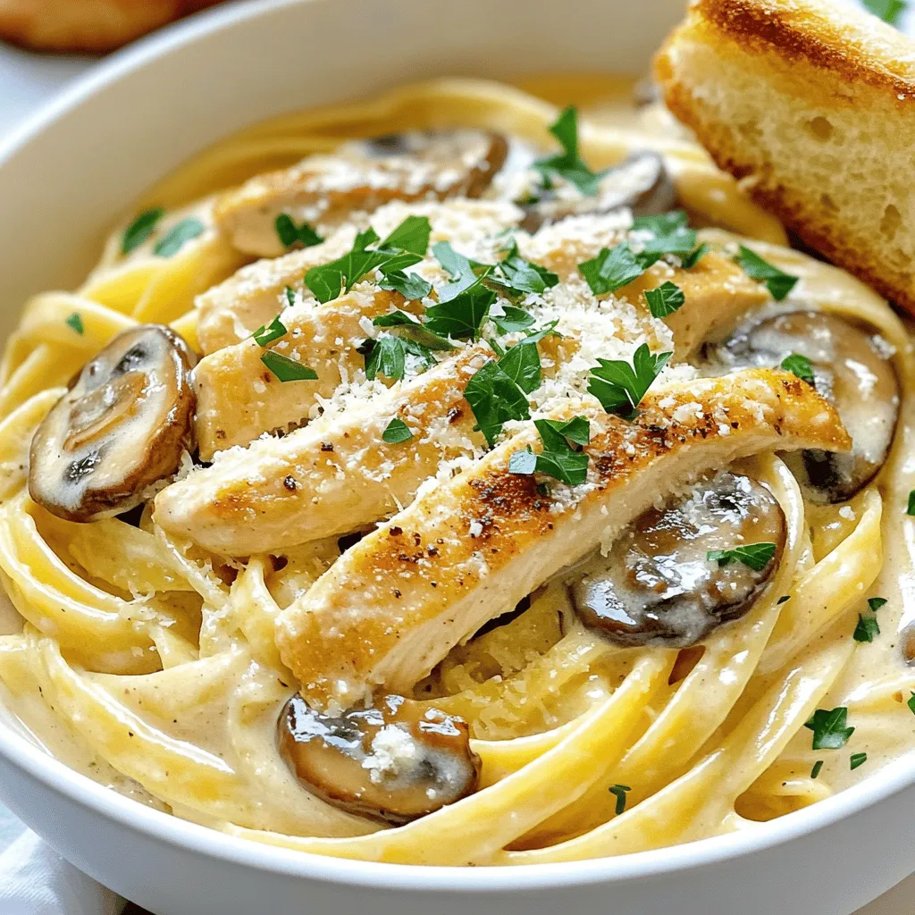 For Chicken and Mushroom Alfredo, you need: - 2 chicken breasts, sliced into thin strips - 8 oz (225g) fettuccine pasta - 2 cups mushrooms, sliced (button or cremini) - 3 cloves garlic, minced - 1 cup heavy cream - 1 cup grated Parmesan cheese - 1 tablespoon olive oil - 1 tablespoon butter - Salt and pepper to taste - Fresh parsley, chopped (for garnish) Using fresh ingredients makes a big difference in flavor. Fresh chicken adds juiciness. Fresh mushrooms give a rich taste. Fresh garlic enhances the aroma. Heavy cream adds creaminess to the sauce. Always choose fresh over dried when you can. Dried ingredients might work, but they lack the same depth. So, keep it fresh for the best results! You can easily adjust this recipe for dietary needs. For a gluten-free option, use gluten-free pasta. If you prefer a lighter dish, swap heavy cream for half-and-half. For dairy-free folks, try coconut cream or cashew cream. You can even use tofu instead of chicken for a vegetarian meal. These swaps keep the dish tasty and enjoyable for everyone! To make Chicken and Mushroom Alfredo, follow these clear steps. First, cook the pasta. Bring a large pot of salted water to a boil. Add 8 ounces of fettuccine and cook for about 8 to 10 minutes until al dente. Remember to save one cup of pasta water before draining. Set the pasta aside in a large bowl. Next, sauté the chicken. Heat one tablespoon of olive oil in a large skillet over medium heat. Add two sliced chicken breasts, seasoned with salt and pepper. Cook for 6 to 8 minutes until golden brown. Make sure the chicken is fully cooked. Transfer the chicken to a plate and set aside. Now, cook the mushrooms. In the same skillet, melt one tablespoon of butter. Add two cups of sliced mushrooms and three minced garlic cloves. Sauté for about 5 minutes until the mushrooms are tender and golden. Stir often for even cooking. Next, make the sauce. Reduce the heat to low. Pour in one cup of heavy cream and stir with the mushrooms. Gradually add one cup of grated Parmesan cheese. Stir until the cheese melts and the sauce is smooth. If it’s too thick, add some reserved pasta water until creamy. Finally, combine everything. Return the chicken to the skillet, then add the drained fettuccine. Toss the pasta gently to coat it in the sauce. Taste and adjust with salt and pepper if needed. - Pasta Cooking Time: 8 to 10 minutes - Chicken Cooking Time: 6 to 8 minutes - Mushroom Cooking Time: 5 minutes - Sauce Preparation Time: 3 to 5 minutes - Combining Ingredients: 2 minutes - Always cook the pasta al dente. This keeps it firm and less soggy. - Use fresh mushrooms for a better flavor and texture. - When making the sauce, stir constantly. This helps prevent clumps. - Adjust the creaminess with the reserved pasta water. Add a little at a time. - Toss the pasta with the sauce gently. This prevents breaking the noodles. With these steps and tips, you will create a delicious Chicken and Mushroom Alfredo. For more details, check out the Full Recipe. To make a creamy Alfredo sauce, use heavy cream. Heavy cream gives the sauce its rich texture. Heat the cream gently to avoid burning. Stir in grated Parmesan cheese slowly. This step helps it melt well. If the sauce gets too thick, add a splash of reserved pasta water. This keeps the sauce silky smooth. Seasonings can elevate your dish. Use fresh garlic for a strong flavor. A pinch of salt and pepper brings out the taste. You can add a dash of nutmeg for warmth. Fresh herbs like parsley or basil add a nice touch. Experiment with these to find your favorite mix. Avoid cooking the sauce on high heat. This can cause it to burn or become grainy. Another mistake is not using enough cheese. The cheese gives the sauce its flavor and creaminess. Lastly, don’t forget to taste as you cook! Adjust the seasoning until it’s just right. For the full recipe, check out the earlier section. {{image_4}} You can use many types of mushrooms in your Chicken and Mushroom Alfredo. Each type adds its unique taste. Here are some great options: - Button mushrooms: These are mild and common. They blend well with the creamy sauce. - Cremini mushrooms: These have a deeper flavor. They give your dish a richer taste. - Shiitake mushrooms: They add an earthy, umami flavor. Shiitake can elevate your Alfredo to new heights. - Portobello mushrooms: Use these for a meaty texture. They make the dish hearty and filling. Mix and match these mushrooms for fun and different flavors every time you cook! If you want to switch things up, try these protein options: - Shrimp: Cook shrimp until pink. They add a seafood twist to your Alfredo. - Tofu: For a vegetarian option, use firm tofu. It soaks up flavors well. - Pork: Thinly sliced pork tenderloin pairs nicely with the creamy sauce. - Salmon: Flaky salmon brings a rich taste. It’s a delightful change from chicken. Feel free to experiment with these proteins. Each will give your Alfredo a new flavor profile! You can enhance your Chicken and Mushroom Alfredo with seasonal ingredients. Here are some lovely options: - Asparagus: Add fresh asparagus in spring. It adds a nice crunch and color. - Pumpkin: In fall, mix in pumpkin puree. It gives a creamy texture and a hint of sweetness. - Spinach: Toss in fresh spinach. It adds a pop of green and extra nutrients. - Peas: Sweet peas are perfect in summer. They add a burst of sweetness and color. Using seasonal ingredients not only tastes great, but it also supports local farmers. Enjoy the freshness in every bite! For the complete recipe, check out the Full Recipe link. After enjoying your Chicken and Mushroom Alfredo, store any leftovers in an airtight container. Let the dish cool to room temperature before sealing it. This helps prevent condensation and keeps the sauce creamy. You can keep it in the fridge for up to three days. Make sure to label the container with the date. This way, you know when to eat it. When you’re ready to enjoy your leftovers, reheat them gently. I recommend using a skillet over low heat. Add a splash of milk or cream to restore the sauce's creaminess. Stir often to heat it evenly and prevent sticking. If you prefer the microwave, heat in short bursts. Stir between each burst to ensure even warming. This helps keep the dish from drying out. Freezing Chicken and Mushroom Alfredo is possible, but it can change the texture. If you plan to freeze it, store the dish in a freezer-safe container. You can freeze it for up to two months. When ready to eat, thaw it overnight in the fridge. Reheat it gently, adding a bit of liquid to help restore creaminess. Enjoy your creamy dinner delight even after it’s been frozen! To make Chicken and Mushroom Alfredo from scratch, follow these steps: 1. Cook fettuccine pasta in salted water until al dente. 2. Sauté sliced chicken in olive oil until golden brown. 3. Cook sliced mushrooms and minced garlic in butter until tender. 4. Add heavy cream and grated Parmesan cheese to the mushrooms. 5. Combine cooked chicken and pasta with the sauce. 6. Toss well and serve hot. This method gives you a creamy and rich dish. The key is to blend the flavors well. You can find the Full Recipe for detailed instructions. Chicken and Mushroom Alfredo pairs well with: - Garlic bread for dipping into the sauce. - A simple side salad for freshness. - Steamed vegetables like broccoli or green beans for color. - A glass of white wine for a complete meal. These sides enhance the creamy dish and balance flavors. Yes, Chicken and Mushroom Alfredo can be high in calories. Heavy cream and cheese contribute to the calorie count. A typical serving can have around 600-800 calories. To lower calories, consider using less cream or reduced-fat cheese. Absolutely! Whole grain pasta works great in this recipe. It adds fiber and a nutty taste. The cooking time may vary slightly, so check the package. If your Alfredo sauce separates, don’t worry! Here’s how to fix it: 1. Lower the heat and stir in a bit of hot pasta water slowly. 2. Whisk the sauce to bring it back together. 3. If needed, add more cheese gradually while stirring. These steps help restore the creamy texture. This blog covered how to make Chicken and Mushroom Alfredo. We explored the key ingredients, cooking steps, and tips for the best texture. We also shared fun variations and storage tips. Remember, a creamy sauce comes from fresh ingredients and careful cooking. Avoid common mistakes to make your dish shine. With practice, you'll master this recipe and impress everyone at your table. Enjoy your cooking journey!