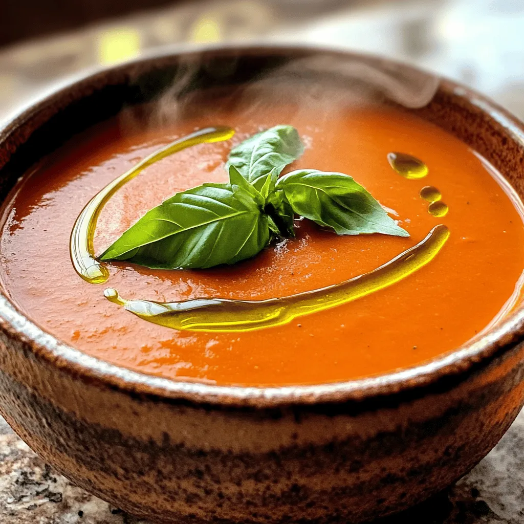 To make your Easy Tomato Basil Soup, gather these fresh ingredients: - 2 tablespoons extra virgin olive oil - 1 medium onion, finely diced - 3 cloves of garlic, minced - 3 cups ripe tomatoes, coarsely chopped (or 2 cans of diced tomatoes for convenience) - 2 cups vegetable broth (low-sodium recommended) - 1 teaspoon granulated sugar (to balance acidity) - 1 teaspoon dried basil (or 1 tablespoon fresh basil, torn into pieces) - 1/2 teaspoon fine sea salt - 1/4 teaspoon freshly ground black pepper - 1 cup heavy cream (substitute with coconut cream for a dairy-free option) - Fresh basil leaves, for garnish This soup is not only tasty but also healthy. A serving has: - Calories: 300 - Protein: 5g - Carbohydrates: 20g - Fat: 25g - Fiber: 3g - Vitamin C: 20% of daily value This makes it a great choice for a light meal or a starter! Choosing fresh ingredients is key to a great soup. Here are my tips: - Tomatoes: Look for ripe, firm tomatoes. They should smell sweet. - Onions: Pick onions that are heavy for their size and feel firm. - Garlic: Choose garlic bulbs that are dry and tight. Avoid any that sprout. - Basil: Fresh basil should be bright green and fragrant. Avoid dark or wilted leaves. Using fresh ingredients brings out the best flavors in your Easy Tomato Basil Soup. For the complete recipe, check out the Full Recipe section. Start by gathering your ingredients. You will need: - 2 tablespoons extra virgin olive oil - 1 medium onion, finely diced - 3 cloves of garlic, minced - 3 cups ripe tomatoes, coarsely chopped (or 2 cans of diced tomatoes for convenience) - 2 cups vegetable broth (low-sodium recommended) - 1 teaspoon granulated sugar (to balance acidity) - 1 teaspoon dried basil (or 1 tablespoon fresh basil, torn into pieces) - 1/2 teaspoon fine sea salt - 1/4 teaspoon freshly ground black pepper - 1 cup heavy cream (substitute with coconut cream for a dairy-free option) - Fresh basil leaves, for garnish Make sure everything is ready before you start cooking. This helps the process go smoothly. 1. Heat the Oil: In a large pot, heat the extra virgin olive oil over medium heat until it shimmers. 2. Sauté the Aromatics: Add the diced onion. Cook for about 5 minutes. Stir until the onion is soft and clear. 3. Add Garlic: Mix in the minced garlic. Cook for 1-2 minutes. Stop when it smells good but before it browns. 4. Incorporate Tomatoes: Add your chopped fresh tomatoes or the canned ones. Stir well to mix everything. 5. Pour in Broth: Slowly add the vegetable broth. Then add the sugar, dried basil, salt, and pepper. Stir to blend the seasonings. 6. Simmer: Turn up the heat to bring it to a light boil. Once boiling, lower the heat. Let it simmer for 20-25 minutes. This step deepens the flavors and thickens the soup. 7. Blend the Soup: Use an immersion blender to puree the soup until smooth. If using a regular blender, let the soup cool a bit first. Blend in batches if needed. 8. Add Cream: Put the pot back on low heat. Pour in the heavy cream and mix gently. Let it warm for 5 minutes without boiling. 9. Season to Taste: Taste your soup. Add more salt or pepper if you want to adjust the flavor. 10. Serve and Garnish: Ladle the soup into bowls. Top each bowl with fresh basil leaves for a nice touch. Using an immersion blender is the easiest way to blend the soup. You leave it in the pot and blend until smooth. If you prefer a regular blender, let the soup cool first. Then, fill the blender halfway, cover it with a cloth, and blend in batches. This will prevent splatters and burns. Blending makes the soup creamy and silky, perfect for enjoying with crusty bread. When making Easy Tomato Basil Soup, avoid these common errors: - Using Overripe Tomatoes: They can make the soup taste off. - Not Sautéing Enough: Under-cooked onions and garlic will lack flavor. - Skipping the Sugar: This helps balance the tomato acidity. - Not Blending Smoothly: A chunky soup changes the texture. To boost the flavor of your soup, try these tips: - Fresh Herbs: Use fresh basil instead of dried for a brighter taste. - Add Spice: A pinch of red pepper flakes adds warmth. - Citrus Zest: A bit of lemon or lime zest brightens the soup's flavor. - Umami Boost: A splash of soy sauce or Worcestershire sauce can enhance depth. Make your soup look as good as it tastes: - Serve in Rustic Bowls: This adds charm to your meal. - Drizzle Extra Cream: A swirl of cream creates a beautiful pattern. - Garnish with Fresh Basil: A few leaves add a pop of color and aroma. - Pair with Crusty Bread: This not only looks appealing but also adds texture. For the complete cooking guide, check out the Full Recipe. {{image_4}} If you want a dairy-free soup, you can use coconut cream instead of heavy cream. It gives a nice, rich taste. You can also try almond milk or cashew cream. Both options keep the soup creamy and delicious without dairy. For a heartier meal, add protein to your soup. Grilled chicken, cooked lentils, or chickpeas work great. You can stir in shredded chicken right before serving. Lentils or chickpeas add fiber and make the soup more filling. Experiment with flavors to make your soup unique. A splash of balsamic vinegar adds brightness. You can also mix in roasted red peppers for a sweet touch. For spice lovers, red pepper flakes give a nice kick. Fresh herbs like thyme or oregano can also enhance the taste. Explore these variations to make your Easy Tomato Basil Soup truly your own! For the full recipe, check the details above. To keep your tomato basil soup fresh, let it cool first. Transfer it to an airtight container. Store it in the fridge for up to three days. If you want to keep it longer, freezing is a great option. Make sure to leave some space at the top of the container. This lets the soup expand as it freezes. To freeze your soup, use freezer-safe containers. Pour the cooled soup into the containers. Seal them tightly, and label with the date. You can freeze it for up to three months. When you’re ready to enjoy it, thaw it in the fridge overnight. This keeps the flavors intact and makes reheating easier. Reheating is simple. You can use the stove or microwave. For the stove, pour the soup into a pot and heat on low. Stir it often to make sure it warms evenly. If using the microwave, place the soup in a microwave-safe bowl. Heat it in short bursts, stirring in between. This helps prevent hot spots. Always check the temperature before serving to ensure it’s hot throughout. Enjoy your delicious soup again! To boost the flavor of your tomato basil soup, you can try a few tricks. First, add a splash of balsamic vinegar for acidity. This can brighten the soup's taste. You can also use homemade vegetable broth instead of store-bought. Fresh herbs like thyme or oregano can deepen the flavor. Lastly, a pinch of red pepper flakes adds warmth and spice. As you stir and taste, find your favorite flavors. Yes, you can use dried herbs instead of fresh. Dried basil works well, but use less. A teaspoon of dried herbs equals a tablespoon of fresh. Dried herbs have a stronger taste. Add them early in the cooking process to let their flavor bloom. Remember to adjust the amount to your taste. Fresh herbs give a vibrant flavor, but dried herbs are a great backup. This soup pairs well with many sides. Consider serving it with crusty bread for dipping. Grilled cheese sandwiches are a classic match, too. A simple salad adds freshness and crunch. For a heartier meal, add a side of roasted vegetables. You can also top the soup with croutons for a nice texture contrast. You can find the full recipe for the creamy tomato basil soup in our main article. This recipe includes all the ingredients and step-by-step instructions. It guides you to create a delicious and comforting meal at home. Enjoy the journey of making this lovely dish! In this blog post, we explored key elements for making delicious tomato basil soup. We covered the must-have ingredients, cooking steps, and tips to avoid common mistakes. Remember to choose fresh ingredients and experiment with flavors to elevate your dish. Storing leftovers properly will keep your soup tasty for later. With these insights, you can create a meal that warms your heart and impresses your guests. Enjoy your cooking adventure!