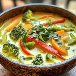 To make a tasty vegan coconut curry, gather these key items: - 1 can (400ml) of full-fat coconut milk - 1 tablespoon coconut oil - 1 medium onion, finely diced - 3 cloves of garlic, minced - 1-inch piece of fresh ginger, grated - 1 red bell pepper, thinly sliced - 1 cup broccoli florets - 1 medium carrot, thinly sliced - 1 cup snap peas - 2 tablespoons red curry paste - 1 tablespoon soy sauce (or tamari for gluten-free option) - 1 tablespoon pure maple syrup - Juice of 1 fresh lime - Fresh coriander (cilantro), chopped for garnish - Sea salt to taste You can jazz up your curry with these options: - 1 cup of mushrooms, sliced - 1 cup of spinach or kale - 1 tablespoon of peanut butter for a rich taste - 1 teaspoon of turmeric for extra health benefits - 1 tablespoon of lime zest for a zesty kick If you have dietary needs, try these swaps: - Use light coconut milk for fewer calories. - Replace soy sauce with coconut aminos for a soy-free option. - Swap maple syrup with agave nectar for a different sweetener. - If you prefer, use vegetable broth instead of coconut milk for less creaminess. These ingredients make your vegan coconut curry flavorful and healthy. Feel free to experiment with your favorites! For the full recipe, don’t forget to check out the cooking steps as well. 1. Start by heating the coconut oil in a large pot over medium heat. Wait until it melts. 2. Add the finely diced onion. Sauté it for 3-4 minutes until soft and see-through. 3. Next, add the minced garlic and grated ginger. Cook them for one more minute until they smell great. 4. Now, toss in the sliced red bell pepper, broccoli florets, sliced carrot, and snap peas. Stir and cook for 5-7 minutes until they brighten and soften. 5. Stir in the red curry paste. Make sure all the veggies are coated. Cook for 2 minutes to let the flavors grow. 6. Pour in the coconut milk, soy sauce, and maple syrup. Stir everything well and bring it to a gentle simmer. 7. Once it simmers, reduce the heat to low. Let the curry cook for 10-15 minutes to blend the flavors and soften the veggies. 8. After it cooks, squeeze fresh lime juice into the curry. Adjust the taste with sea salt as needed. Stir well again. 9. Finally, take the pot off the heat and sprinkle fresh coriander on top before serving. - When you heat the coconut oil, make sure it doesn’t smoke. This can change the taste. - Cut the onion small for even cooking. This helps them soften faster. - Fresh garlic and ginger give great flavor. Use a microplane for smooth ginger. - Keep the veggies similar in size. This helps them cook evenly. - If the curry seems thick, add a splash of water or more coconut milk to loosen it. - Adjust the heat to get the right simmer. Too high can burn the bottom. - If the curry tastes bland, add more soy sauce or a pinch of salt. - If the veggies are too crunchy, let them cook longer in the pot. - If it’s too spicy, add a bit more coconut milk to cool it down. - For a thicker curry, let it simmer longer without a lid. - If the flavor is off, a squeeze of lime can brighten it up nicely. This recipe for vegan coconut curry is not just easy; it’s a flavor explosion. Enjoy the process and get creative! For the full recipe, check the earlier section. To boost the taste of your vegan coconut curry, use fresh ingredients. Fresh garlic and ginger add depth. Red curry paste gives a rich kick. You can also add a splash of lime juice for brightness. A little soy sauce enhances umami flavors and balances sweetness. If you like it spicy, add chili flakes or fresh peppers. You can try adding nuts or seeds for crunch. Toasted cashews or sesame seeds can make the dish even better. Fresh herbs like basil or mint can also lift the flavors. Serve your curry with steamed jasmine rice or fluffy quinoa. Both soak up the sauce well. You can also pair it with naan bread for dipping. If you want something lighter, a fresh salad works great too. Consider a cucumber salad with lime. For a complete meal, add a side of roasted vegetables. Roasted sweet potatoes or zucchini match nicely. You can also serve the curry with a refreshing drink like coconut water or iced tea. To make your vegan coconut curry look stunning, use deep bowls for serving. A white bowl highlights the vibrant colors. Add a generous sprinkle of fresh coriander on top. A lime wedge on the side adds color and a pop of flavor. You can also drizzle a little coconut milk on top for decoration. This gives a nice contrast. If you want a touch of elegance, sprinkle some edible flowers. They add beauty and a touch of fun. For the full recipe, check out the Vibrant Vegan Coconut Curry . {{image_4}} You can customize your vegan coconut curry by using various vegetables. Each choice adds a new flavor and texture. Try adding: - Spinach for a leafy twist - Sweet potatoes for sweetness - Cauliflower for a hearty bite - Zucchini for a fresh crunch Mix and match these veggies based on what you have at home. Each will bring its unique taste to the dish. Adjust the heat level of your coconut curry easily. If you like spice, add more red curry paste or fresh chili. For a milder taste, use less paste and skip the chili. You can also add coconut sugar to balance out the heat. This way, you can make a curry that suits your taste perfectly. Coconut curry varies around the world. In Thailand, they often use basil and lime leaves. Indian versions might include turmeric and garam masala for warmth. In Caribbean cooking, you may find allspice and scotch bonnet peppers for a unique kick. Explore these global flavors to create your own version. You can find a full recipe to get started on this delicious journey. To keep your vegan coconut curry fresh, wait for it to cool. Then, transfer it to an airtight container. Make sure to seal it tightly. Store it in the fridge if you plan to eat it within three days. If you need to keep it longer, freezing is a great option. When you're ready to enjoy your leftovers, reheat them gently. Pour the curry into a pot and turn on low to medium heat. Stir it often to prevent sticking. If it seems thick, add a splash of coconut milk or water. Heat until warm, then serve over rice or with bread. If you freeze your vegan coconut curry, it can last for up to three months. Use a freezer-safe container or bag. When you're ready to eat it, take it out and let it thaw in the fridge overnight. To reheat, follow the same steps as above. It’s that simple! The best way to make vegan coconut curry starts with fresh ingredients. First, gather your veggies and cut them into bite-sized pieces. Use a large pot and heat coconut oil until melted. Sauté the onion until soft, then add garlic and ginger. This builds a strong flavor base. Add your veggies next and stir them well. The red curry paste comes next. Stir it in to coat the vegetables. Finally, pour in the coconut milk and let it simmer. This way, you keep all the flavors rich and vibrant. You can follow the Full Recipe for detailed steps. Yes, you can use different types of curry paste. Red curry paste is common, but green or yellow paste works too. Each type has a unique taste and spice level. If you want more heat, consider using green curry paste. For a milder flavor, use yellow paste. Adjust the amount based on your spice preference. Just remember to taste as you go to find the right balance. Vegan coconut curry is packed with nutrition. It offers vitamins, minerals, and healthy fats. Here are some benefits: - Coconut Milk: Provides healthy fats and energy. - Vegetables: Broccoli, carrots, and bell peppers boost vitamins A and C. - Ginger and Garlic: Help with digestion and have anti-inflammatory properties. - Curry Paste: Contains spices like turmeric, known for its health benefits. This dish is not only tasty but also good for your body. Enjoy a warm bowl for a nourishing meal! In this article, we explored making a tasty vegan coconut curry. We covered the key ingredients, cooking steps, and helpful tips for success. You learned how to boost flavor and serve your dish beautifully. We also discussed different variations and storage tips. Remember, cooking is fun and allows for creativity. Don’t be afraid to make this dish your own! Enjoy your time in the kitchen and savor every bite of your curry.