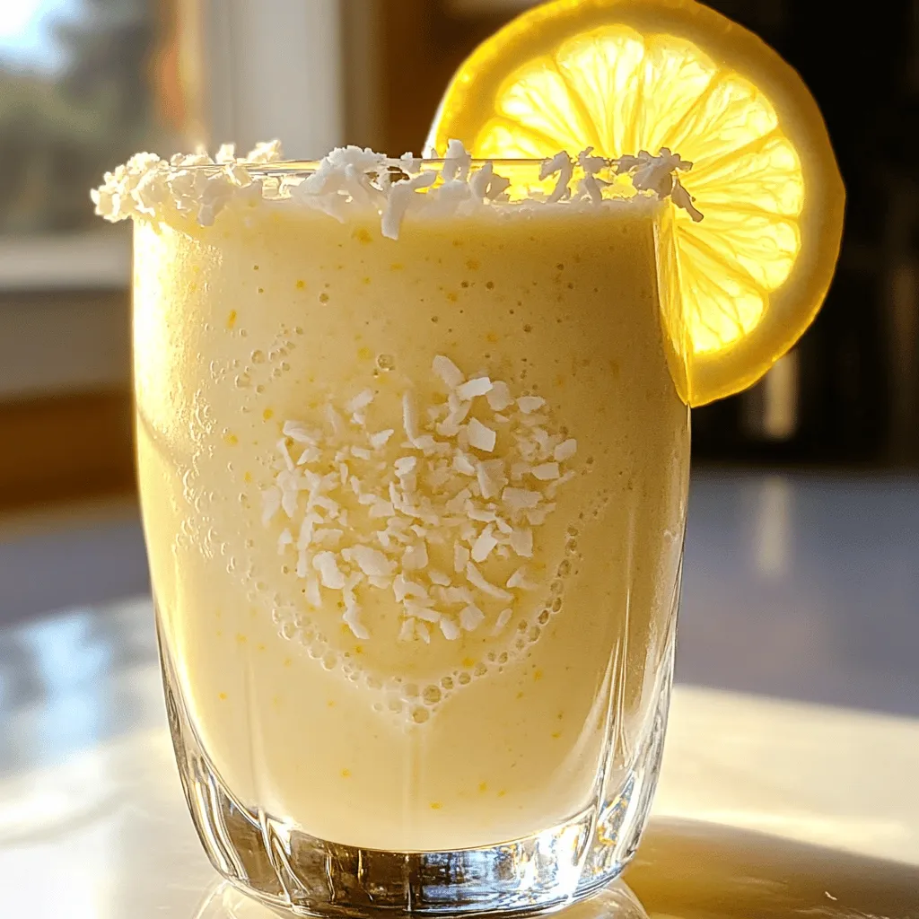 - 1 cup unsweetened coconut milk - 1 ripe banana, peeled and chopped - 1 scoop vanilla whey protein powder - 2 tablespoons shredded unsweetened coconut, plus extra for garnish - 2 tablespoons freshly squeezed lemon juice - 1 teaspoon freshly grated lemon zest - 1 tablespoon honey (optional) - A pinch of sea salt - Ice cubes (as desired) When I make my Lemon Coconut Protein Shake, I love how simple the ingredients are. Each one adds something special to the shake. For instance, coconut milk gives it a creamy texture without adding a lot of calories. The banana adds natural sweetness and creaminess, making it smooth. Lemon juice and zest brighten the shake with a fresh zing. If you like it sweeter, you can add honey. The protein powder gives you a boost, helping you feel full and energized. Finally, a pinch of sea salt balances the flavors perfectly. This shake has about 300 calories per serving. Here’s a quick breakdown of the macronutrients: - Protein: 20g - Fats: 8g - Carbohydrates: 45g This makes it a great option for a meal or snack. The protein helps build muscle, while the carbs give you energy. - Coconut milk: This ingredient is rich in healthy fats. It helps keep your heart strong and can improve digestion. - Banana: Bananas are high in potassium. They help support your muscles and keep your energy up. - Lemon juice: It’s full of vitamin C. This boosts your immune system and keeps your skin healthy. - Protein powder: This helps you feel full and aids in muscle recovery after workouts. Using these ingredients creates a tasty and healthful drink. They work together to give you a refreshing energy boost. For the full recipe, check out the detailed instructions in the next section. 1. Start by blending the base ingredients. Add 1 cup of unsweetened coconut milk, 1 ripe banana, and 1 scoop of vanilla whey protein powder into your blender. Blend these until smooth. This forms a creamy base for your shake. 2. Next, add flavors and sweetening. Toss in 2 tablespoons of shredded unsweetened coconut, 2 tablespoons of freshly squeezed lemon juice, 1 teaspoon of grated lemon zest, and a pinch of sea salt. If you prefer it sweeter, include 1 tablespoon of honey. Blend again until everything mixes well. 3. Adjust thickness with ice. If you want a colder, thicker shake, add ice cubes. Blend until the ice is crushed and the shake reaches your desired thickness. 1. Pouring and serving tips. Once blended, pour the shake into a glass or a shaker bottle. This makes it easy to carry if you're on the go. 2. Garnishing with shredded coconut. For a special touch, sprinkle some shredded coconut on top. You can also add a slice of fresh lemon on the rim for a bright look. 1. Using a high-speed blender. A high-speed blender will make your shake super smooth. It really helps blend all the ingredients well. 2. Tips for achieving the perfect consistency. If your shake is too thick, add a little more coconut milk. If it’s too thin, add more ice or a banana. Adjust it until it feels just right for you. You can change the sweetness of your shake easily. Start with one tablespoon of honey. Taste it after blending. If you want more sweetness, add a little more honey. You can also use maple syrup or agave nectar instead of honey. If you have dietary needs, substitutions are simple. Use almond milk or oat milk instead of coconut milk. For a vegan option, try plant-based protein powder. This keeps the shake tasty for everyone! If you have leftovers, store your shake in a sealed container. Keep it in the fridge for up to 24 hours. The shake may separate, so shake or stir it before drinking. To keep your shake fresh, avoid adding ice if you plan to store it. Ice can melt and make the shake watery. Instead, add ice just before you drink it. Boost your shake’s flavor with extras. A splash of vanilla extract adds warmth. You can also toss in a handful of spinach for a green twist. It blends well without changing the taste. For a creamier texture, use frozen bananas. They chill the shake and make it thick. This simple change can make a big difference in how your shake feels! {{image_4}} You can swap regular protein powder for plant-based options. Look for pea, hemp, or brown rice protein. These choices work well with the shake's flavor. They also offer great nutrition. Choosing a different non-dairy milk can change the taste. Almond milk, oat milk, or cashew milk can be great alternatives. Each adds its unique twist while keeping it creamy. For a fun twist, try using lime or orange juice instead of lemon. This gives a bright, zesty kick to your shake. You can also mix in zest from these fruits for extra flavor. Adding tropical fruits like mango or pineapple makes it even better. Blend these with the shake ingredients. They add sweetness and a refreshing taste. You can feel like you’re sipping on a beach vacation. In summer, you might want something extra refreshing. Add ice cubes for a colder shake. You can also toss in some mint leaves. They enhance the tropical vibe and keep it cool. In winter, consider warming things up. Add a pinch of cinnamon or nutmeg for a cozy touch. This adds warmth and makes the shake feel more comforting. For the complete recipe, refer to the [Full Recipe]. You can use almond milk or oat milk as good substitutes for coconut milk. Both options are dairy-free and offer a light flavor. If you want a creamier texture, try cashew milk. Soy milk is another choice, but it has a stronger taste. Make sure to pick unsweetened versions to keep the shake balanced. Yes, you can prepare this shake in advance. Store it in an airtight container in the fridge. It will stay fresh for up to 24 hours. However, it may separate. Just give it a quick shake or stir before you drink it. For best taste and texture, enjoy it fresh. Yes, this shake is great for kids! To make it more appealing, use less lemon juice and honey for sweetness. You can also add a little extra banana for a sweeter flavor. If your child enjoys smoothies, they will love this shake. It packs energy and nutrients for active kids. To make the Lemon Coconut Protein Shake, gather these ingredients: - 1 cup unsweetened coconut milk - 1 ripe banana, peeled and chopped - 1 scoop vanilla whey protein powder - 2 tablespoons shredded unsweetened coconut, plus extra for garnish - 2 tablespoons freshly squeezed lemon juice - 1 teaspoon freshly grated lemon zest - 1 tablespoon honey (optional) - A pinch of sea salt - Ice cubes (as desired) Here’s how to prepare your shake: 1. Start by placing the coconut milk, banana, and protein powder in your blender. Blend until smooth. 2. Next, add the shredded coconut, lemon juice, lemon zest, honey, and sea salt. Blend until creamy. 3. If you like it thicker, add ice cubes and blend again until smooth. 4. Taste your shake. If you want it sweeter, add more honey and blend briefly. 5. Pour the shake into a glass or shaker bottle. 6. For a nice touch, sprinkle some shredded coconut on top and add a lemon slice for garnish. This refreshing shake takes just five minutes to prepare. Enjoy it as a post-workout drink or a quick breakfast. This blog post covered a refreshing Lemon Coconut Protein Shake, highlighting its simple ingredients and easy preparation. You learned about the health benefits of coconut milk, bananas, and protein powder. I also shared tips for customizing the shake to suit your taste and dietary needs. Remember, you can enjoy different flavors and even make it ahead of time. This shake not only tastes great but also fuels your body. Enjoy experimenting with this recipe to find your perfect blend!