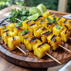 Here are the key ingredients you will need to make spicy grilled pineapple skewers. They are simple and easy to find: - Ripe pineapple - Extra virgin olive oil - Runny honey - Ground chili powder - Cayenne pepper - Flaky sea salt - Fresh lime juice - Fresh cilantro - Bamboo skewers Choosing a ripe pineapple is crucial. Look for one that smells sweet at the base and has a firm feel. This ensures a juicy and flavorful outcome. Extra virgin olive oil adds richness, while honey brings a touch of sweetness to balance the heat. The ground chili powder and cayenne pepper give these skewers their spicy kick. If you want more heat, add more cayenne. Flaky sea salt enhances all the flavors without overwhelming them. Fresh lime juice adds brightness, making the dish refreshing. Don’t forget fresh cilantro for garnish. It adds color and a burst of flavor. Lastly, soak bamboo skewers in water for 30 minutes. This helps prevent burning on the grill. For the full recipe, check the recipe section. To start, gather your ingredients. In a medium bowl, whisk together the olive oil, honey, chili powder, cayenne pepper, sea salt, and lime juice. Mix them well until smooth. This step is vital. A good marinade brings out the sweet and tangy flavors of the pineapple. The spices will infuse into the fruit, making each bite a burst of flavor. Next, add the diced pineapple to the marinade. Toss the cubes gently, ensuring each piece gets a good coat. Let the pineapple marinate for at least 30 minutes at room temperature. For deeper flavor, refrigerate it for up to 2 hours. This time allows the flavors to sink in, making your skewers even tastier. Now, it’s time to grill. Preheat your grill to medium-high heat. If you’re using a grill pan, heat it on the stove until hot. While the grill warms, take soaked bamboo skewers and thread them with the marinated pineapple cubes. Leave about half an inch between each piece. This spacing helps them cook evenly. Once your grill is ready, place the skewers carefully onto the grates. Grill them for about 3-4 minutes on each side. You want the pineapple to caramelize and show those lovely grill marks. When done, remove the skewers from the grill. Let them rest for a moment before serving. Don't forget to sprinkle fresh cilantro on top for a nice touch. For the full recipe, you can refer to the earlier section. Enjoy your spicy grilled pineapple skewers! You can easily change the heat of the skewers. If you want less spice, use less cayenne. Start with a pinch and taste it. If you like more heat, add more cayenne or chili powder. Remember, you can always add more spice, but you can't take it out. These skewers pair well with many dishes. Serve them with grilled meats like chicken or shrimp. They also taste great with a fresh salad or rice. For a fun twist, try them with a scoop of vanilla ice cream. The sweet and spicy combo is a hit! Make your skewers look lovely on the plate. Use a wooden platter or a bright dish. Add lime wedges around the skewers for color. Finish with a sprinkle of fresh cilantro for a pop of green. This adds a fresh taste and makes your dish stand out! For the full recipe, check the earlier section. {{image_4}} You can add shrimp or chicken to your skewers. Both proteins pair well with pineapple. Start by marinating the shrimp or chicken in the same mix you use for the pineapple. This keeps flavors balanced. Cook shrimp for 2-3 minutes per side until they turn pink. For chicken, ensure it reaches an internal temp of 165°F. This adds great protein to your dish. For a vegetarian twist, add colorful veggies. Bell peppers, zucchini, and red onions work well. Cut the veggies into similar sizes as the pineapple. Marinate them the same way to soak up all that flavor. These add a nice crunch and color to your skewers, making them fun to eat. You can try different spices or glazes for extra flavor. For a sweet touch, drizzle maple syrup or agave nectar over the skewers before grilling. If you like a kick, add smoked paprika or garlic powder to the marinade. These changes can elevate your skewers and make each bite exciting. For the full recipe, check the instructions above. To keep your spicy grilled pineapple skewers fresh, place them in an airtight container. Make sure to let them cool to room temperature first. Store them in the fridge for up to three days. If you want to keep them longer, consider freezing them. Just be aware that freezing can change the texture a bit. When you're ready to enjoy the leftover skewers, the best way to reheat them is on the grill or in a skillet. This method helps revive that grilled flavor. Heat your grill or skillet to medium heat. Place the skewers on and cook for 2-3 minutes on each side. Keep an eye on them to avoid burning. You can also use a microwave, but this may make the pineapple a bit soggy. Yes, you can freeze pineapple skewers! Just follow these steps: First, let them cool completely. Then, wrap each skewer in plastic wrap. Place the wrapped skewers in a freezer-safe bag or container. They can stay in the freezer for up to three months. When you're ready to eat, thaw them in the fridge overnight. Reheat as mentioned above for the best taste. You can use canned pineapple, but it has some drawbacks. Fresh pineapple offers a firmer texture and a bright flavor. Canned pineapple is softer and may taste sweeter due to added syrup. If you choose canned, rinse it well to remove excess sugar. This can help balance the flavors in your skewers. The best grill temperature for pineapple skewers is medium-high heat. Aim for around 400°F to 450°F. This heat allows the pineapple to caramelize nicely while getting those lovely grill marks. Too low may not give the right char, and too high can burn the fruit. For the best flavor, marinate pineapple for at least 30 minutes. You can also refrigerate it for up to 2 hours. This allows the flavors to soak in and makes the pineapple taste amazing. The longer you marinate, the more intense the flavor will be. To clean your grill, start by letting it cool slightly. Use a grill brush to remove food bits stuck to the grates. For stubborn spots, soak a cloth in vinegar and wipe down the grates. Lastly, apply a light coat of oil to prevent rust. Yes, you can make these skewers ahead of time. Prepare and marinate the pineapple as directed. You can store it in the fridge for up to 2 hours before grilling. If you want to prep even more, grill them, then reheat later on the grill for a few minutes. This keeps the flavor fresh and delicious. For the full recipe, check out the earlier section. This article shared how to make spicy grilled pineapple skewers. We explored the right ingredients, from ripe pineapple to fresh lime juice. I guided you through marinating and grilling for perfect flavor. Plus, I offered tips for spice levels and serving ideas. You can enjoy these skewers in many ways. They are easy to make, tasty, and fun. With a few simple steps, you will impress your friends and family at your next cookout. Happy grilling!