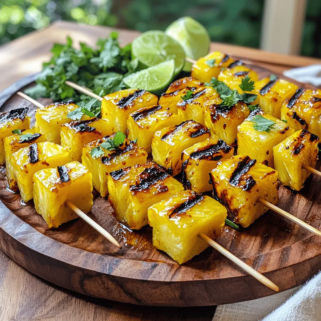 Here are the key ingredients you will need to make spicy grilled pineapple skewers. They are simple and easy to find: - Ripe pineapple - Extra virgin olive oil - Runny honey - Ground chili powder - Cayenne pepper - Flaky sea salt - Fresh lime juice - Fresh cilantro - Bamboo skewers Choosing a ripe pineapple is crucial. Look for one that smells sweet at the base and has a firm feel. This ensures a juicy and flavorful outcome. Extra virgin olive oil adds richness, while honey brings a touch of sweetness to balance the heat. The ground chili powder and cayenne pepper give these skewers their spicy kick. If you want more heat, add more cayenne. Flaky sea salt enhances all the flavors without overwhelming them. Fresh lime juice adds brightness, making the dish refreshing. Don’t forget fresh cilantro for garnish. It adds color and a burst of flavor. Lastly, soak bamboo skewers in water for 30 minutes. This helps prevent burning on the grill. For the full recipe, check the recipe section. To start, gather your ingredients. In a medium bowl, whisk together the olive oil, honey, chili powder, cayenne pepper, sea salt, and lime juice. Mix them well until smooth. This step is vital. A good marinade brings out the sweet and tangy flavors of the pineapple. The spices will infuse into the fruit, making each bite a burst of flavor. Next, add the diced pineapple to the marinade. Toss the cubes gently, ensuring each piece gets a good coat. Let the pineapple marinate for at least 30 minutes at room temperature. For deeper flavor, refrigerate it for up to 2 hours. This time allows the flavors to sink in, making your skewers even tastier. Now, it’s time to grill. Preheat your grill to medium-high heat. If you’re using a grill pan, heat it on the stove until hot. While the grill warms, take soaked bamboo skewers and thread them with the marinated pineapple cubes. Leave about half an inch between each piece. This spacing helps them cook evenly. Once your grill is ready, place the skewers carefully onto the grates. Grill them for about 3-4 minutes on each side. You want the pineapple to caramelize and show those lovely grill marks. When done, remove the skewers from the grill. Let them rest for a moment before serving. Don't forget to sprinkle fresh cilantro on top for a nice touch. For the full recipe, you can refer to the earlier section. Enjoy your spicy grilled pineapple skewers! You can easily change the heat of the skewers. If you want less spice, use less cayenne. Start with a pinch and taste it. If you like more heat, add more cayenne or chili powder. Remember, you can always add more spice, but you can't take it out. These skewers pair well with many dishes. Serve them with grilled meats like chicken or shrimp. They also taste great with a fresh salad or rice. For a fun twist, try them with a scoop of vanilla ice cream. The sweet and spicy combo is a hit! Make your skewers look lovely on the plate. Use a wooden platter or a bright dish. Add lime wedges around the skewers for color. Finish with a sprinkle of fresh cilantro for a pop of green. This adds a fresh taste and makes your dish stand out! For the full recipe, check the earlier section. {{image_4}} You can add shrimp or chicken to your skewers. Both proteins pair well with pineapple. Start by marinating the shrimp or chicken in the same mix you use for the pineapple. This keeps flavors balanced. Cook shrimp for 2-3 minutes per side until they turn pink. For chicken, ensure it reaches an internal temp of 165°F. This adds great protein to your dish. For a vegetarian twist, add colorful veggies. Bell peppers, zucchini, and red onions work well. Cut the veggies into similar sizes as the pineapple. Marinate them the same way to soak up all that flavor. These add a nice crunch and color to your skewers, making them fun to eat. You can try different spices or glazes for extra flavor. For a sweet touch, drizzle maple syrup or agave nectar over the skewers before grilling. If you like a kick, add smoked paprika or garlic powder to the marinade. These changes can elevate your skewers and make each bite exciting. For the full recipe, check the instructions above. To keep your spicy grilled pineapple skewers fresh, place them in an airtight container. Make sure to let them cool to room temperature first. Store them in the fridge for up to three days. If you want to keep them longer, consider freezing them. Just be aware that freezing can change the texture a bit. When you're ready to enjoy the leftover skewers, the best way to reheat them is on the grill or in a skillet. This method helps revive that grilled flavor. Heat your grill or skillet to medium heat. Place the skewers on and cook for 2-3 minutes on each side. Keep an eye on them to avoid burning. You can also use a microwave, but this may make the pineapple a bit soggy. Yes, you can freeze pineapple skewers! Just follow these steps: First, let them cool completely. Then, wrap each skewer in plastic wrap. Place the wrapped skewers in a freezer-safe bag or container. They can stay in the freezer for up to three months. When you're ready to eat, thaw them in the fridge overnight. Reheat as mentioned above for the best taste. You can use canned pineapple, but it has some drawbacks. Fresh pineapple offers a firmer texture and a bright flavor. Canned pineapple is softer and may taste sweeter due to added syrup. If you choose canned, rinse it well to remove excess sugar. This can help balance the flavors in your skewers. The best grill temperature for pineapple skewers is medium-high heat. Aim for around 400°F to 450°F. This heat allows the pineapple to caramelize nicely while getting those lovely grill marks. Too low may not give the right char, and too high can burn the fruit. For the best flavor, marinate pineapple for at least 30 minutes. You can also refrigerate it for up to 2 hours. This allows the flavors to soak in and makes the pineapple taste amazing. The longer you marinate, the more intense the flavor will be. To clean your grill, start by letting it cool slightly. Use a grill brush to remove food bits stuck to the grates. For stubborn spots, soak a cloth in vinegar and wipe down the grates. Lastly, apply a light coat of oil to prevent rust. Yes, you can make these skewers ahead of time. Prepare and marinate the pineapple as directed. You can store it in the fridge for up to 2 hours before grilling. If you want to prep even more, grill them, then reheat later on the grill for a few minutes. This keeps the flavor fresh and delicious. For the full recipe, check out the earlier section. This article shared how to make spicy grilled pineapple skewers. We explored the right ingredients, from ripe pineapple to fresh lime juice. I guided you through marinating and grilling for perfect flavor. Plus, I offered tips for spice levels and serving ideas. You can enjoy these skewers in many ways. They are easy to make, tasty, and fun. With a few simple steps, you will impress your friends and family at your next cookout. Happy grilling!