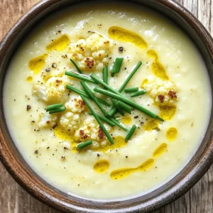 - 1 large head of cauliflower, chopped into bite-sized florets - 1 whole bulb of garlic - 2 tablespoons extra virgin olive oil, plus more for drizzling - 1 medium onion, finely chopped - 4 cups vegetable broth - 1 teaspoon dried thyme or 1 tablespoon fresh thyme, finely chopped - 1 cup coconut milk (for a creamy texture) or heavy cream (for a richer flavor) - Sea salt and freshly cracked black pepper to taste - Fresh chives or parsley, finely chopped, for garnish When you gather these ingredients, you set the stage for a rich and creamy soup. Cauliflower gives a wonderful texture and taste. Roasting the garlic adds a sweet, deep flavor. Olive oil brings it all together. Onions provide a savory base. The broth adds depth. Thyme adds an herbal touch that brightens the dish. For creaminess, you can choose coconut milk for a light flavor or heavy cream for richness. Salt and pepper give the final touch. Fresh herbs like chives or parsley add color and freshness to each bowl. Make sure to check the [Full Recipe] for detailed steps on how to create this delight. Happy cooking! - Preheat the Oven: Start by preheating your oven to 400°F (200°C). This heat will make the cauliflower and garlic perfectly roasted. - Prepare the Cauliflower and Garlic: On a large baking sheet, spread out one large head of cauliflower, chopped into bite-sized florets. Drizzle with 1 tablespoon of extra virgin olive oil. Season with sea salt and freshly cracked black pepper. Toss to coat. For the garlic, take a whole bulb and slice off the top. This exposes the cloves. Drizzle some olive oil on top, wrap the bulb in aluminum foil, and set it aside. - Roasting Cauliflower and Garlic: Place the baking sheet with cauliflower and the wrapped garlic in the preheated oven. Roast for about 25-30 minutes. Look for the cauliflower to become tender and golden brown around the edges. - Sautéing the Onion: In a large pot, heat the remaining tablespoon of olive oil over medium heat. Add one finely chopped medium onion. Sauté until it becomes translucent and tender, about 5-7 minutes. Stir occasionally to keep it from sticking. - Combine Ingredients: Once the cauliflower and garlic are done roasting, let them cool slightly. Squeeze the roasted garlic cloves out of their skins directly into the pot with the sautéed onions. Discard the skins. Add the roasted cauliflower to the pot. Pour in 4 cups of vegetable broth and sprinkle in 1 teaspoon of dried thyme or 1 tablespoon of fresh thyme. Bring the mixture to a gentle simmer and cook for 10 minutes to meld the flavors. - Blend the Soup: Use an immersion blender to puree the soup until it’s smooth and creamy. If you don’t have one, carefully transfer the soup in batches to a countertop blender and blend until smooth. - Finish with Creaminess: Stir in 1 cup of coconut milk or heavy cream. Season the soup with salt and freshly cracked black pepper to taste. Heat through gently until warm, but do not boil. This recipe for Roasted Garlic Cauliflower Soup is a rich and creamy delight that you can enjoy any time. For the full recipe, check out the link above! Importance of Proper Roasting Roasting brings out the best in cauliflower and garlic. It adds depth and a sweet flavor. When you roast these ingredients, they caramelize, making the soup richer. Perfect roasting yields a tender, golden brown cauliflower that enhances your dish. How to Avoid Burnt Garlic Burnt garlic can ruin your soup. To prevent this, wrap the garlic bulb in foil. This keeps it moist and helps it roast evenly. Always check the garlic after 20 minutes. If it’s brown but not burnt, it’s ready to use! Best Methods for Creamy Consistency A smooth soup is key for texture. Use an immersion blender to puree your soup right in the pot. This method avoids mess and gives you great control. If you prefer a countertop blender, work in small batches for the best results. Using an Immersion Blender vs. Countertop Blender An immersion blender is easy to use. It requires less cleanup than a countertop blender. However, if you want a super smooth texture, a countertop blender might be better. Just remember to let the soup cool a bit to avoid splatters! Creative Garnishes Garnishing adds beauty and flavor. Chopped chives or parsley give a pop of color. A drizzle of olive oil adds richness and a nice touch. For a special twist, add a sprinkle of smoked paprika for extra flavor. Pairing Options with Bread or Side Dishes Serve your soup with crusty bread for a satisfying meal. A slice of sourdough or a warm baguette pairs perfectly. You could also add a simple salad for a fresh contrast. These sides make for a complete dining experience. For the full recipe, check the details above. {{image_4}} For a vegan version, use coconut milk instead of heavy cream. This keeps the soup creamy without dairy. Coconut milk adds a hint of sweetness and richness. You still get that satisfying texture. For those needing gluten-free options, this soup is naturally gluten-free. Ensure your vegetable broth is gluten-free. You can easily change the flavor of this soup. Adding spices can give it a new twist. Try cumin for warmth or paprika for a smoky touch. This adds depth and interest. You can also incorporate additional vegetables like carrots or potatoes. This makes the soup heartier and adds more nutrients. Think about how you want the soup to feel. You can make it chunky or smooth. If you like some texture, reserve a few roasted cauliflower pieces. Add them back in after blending. For more protein, consider adding legumes like lentils or chickpeas. This makes the soup filling and nutritious. Explore different ways to enjoy this roasted garlic cauliflower soup. Each variation brings something unique to your bowl. Check out the Full Recipe for more details! How to store leftover soup? Let the soup cool down first. Pour it into a clean container. Make sure the lid seals tightly. Store it in the fridge. Leftover soup stays fresh up to four days. Best practices for reheating: When ready to eat, pour the soup into a pot. Heat it over medium heat. Stir often to prevent sticking. You can also use a microwave. Just heat in short bursts, stirring in between. Freezing the soup for later use: To freeze, let the soup cool completely. Pour it into freezer-safe bags or containers. Leave some space for it to expand. Label with the date, so you know how long it's been. It lasts up to three months in the freezer. Thawing and reheating techniques: When you’re ready to enjoy it, take it out of the freezer. Thaw it overnight in the fridge. You can also use the microwave on defrost mode. Once thawed, reheat it in a pot or microwave. Always stir to ensure even heating. How long does it last in the fridge? When stored properly, roasted garlic cauliflower soup lasts about four days in the fridge. After that, it may start to lose taste and quality. Signs of spoilage: Look for changes in color or smell. If the soup smells sour or off, it's time to toss it. Mold is another clear sign. Always trust your senses; they guide you well. To make this soup vegan, you can swap out the cream. Use coconut milk instead of heavy cream. It gives a rich, creamy taste without dairy. For the broth, use vegetable broth, which is already vegan. This keeps the flavor full and satisfying. Yes, you can use fresh garlic. But it will change the flavor a bit. Fresh garlic is sharper and more potent. Roasted garlic brings out sweetness. It creates a smooth, rich taste in the soup that fresh garlic cannot match. If you choose fresh, use less to avoid overpowering the dish. Cauliflower is a superfood packed with nutrients. It is low in calories but high in fiber. This helps you feel full longer. Cauliflower also contains vitamins C and K. These vitamins boost your immune system and keep your bones healthy. Plus, it has antioxidants that help fight disease. Using cauliflower in this soup adds both health benefits and a creamy texture. With the full recipe, you can enjoy a dish that is not only delicious but also good for you. In this article, we explored how to make delicious roasted garlic cauliflower soup. We covered key ingredients like cauliflower, garlic, and olive oil. The recipe included easy preparation and cooking steps for a smooth soup. You learned tips for perfect roasting and blending techniques. We highlighted variations to fit your diet and discussed storage tips to keep your soup fresh. Enjoy creating this warm, comforting dish. With each spoonful, you'll savor the rich flavors and health benefits!