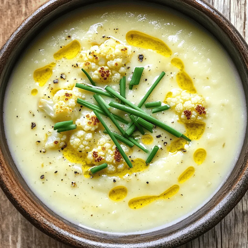 - 1 large head of cauliflower, chopped into bite-sized florets - 1 whole bulb of garlic - 2 tablespoons extra virgin olive oil, plus more for drizzling - 1 medium onion, finely chopped - 4 cups vegetable broth - 1 teaspoon dried thyme or 1 tablespoon fresh thyme, finely chopped - 1 cup coconut milk (for a creamy texture) or heavy cream (for a richer flavor) - Sea salt and freshly cracked black pepper to taste - Fresh chives or parsley, finely chopped, for garnish When you gather these ingredients, you set the stage for a rich and creamy soup. Cauliflower gives a wonderful texture and taste. Roasting the garlic adds a sweet, deep flavor. Olive oil brings it all together. Onions provide a savory base. The broth adds depth. Thyme adds an herbal touch that brightens the dish. For creaminess, you can choose coconut milk for a light flavor or heavy cream for richness. Salt and pepper give the final touch. Fresh herbs like chives or parsley add color and freshness to each bowl. Make sure to check the [Full Recipe] for detailed steps on how to create this delight. Happy cooking! - Preheat the Oven: Start by preheating your oven to 400°F (200°C). This heat will make the cauliflower and garlic perfectly roasted. - Prepare the Cauliflower and Garlic: On a large baking sheet, spread out one large head of cauliflower, chopped into bite-sized florets. Drizzle with 1 tablespoon of extra virgin olive oil. Season with sea salt and freshly cracked black pepper. Toss to coat. For the garlic, take a whole bulb and slice off the top. This exposes the cloves. Drizzle some olive oil on top, wrap the bulb in aluminum foil, and set it aside. - Roasting Cauliflower and Garlic: Place the baking sheet with cauliflower and the wrapped garlic in the preheated oven. Roast for about 25-30 minutes. Look for the cauliflower to become tender and golden brown around the edges. - Sautéing the Onion: In a large pot, heat the remaining tablespoon of olive oil over medium heat. Add one finely chopped medium onion. Sauté until it becomes translucent and tender, about 5-7 minutes. Stir occasionally to keep it from sticking. - Combine Ingredients: Once the cauliflower and garlic are done roasting, let them cool slightly. Squeeze the roasted garlic cloves out of their skins directly into the pot with the sautéed onions. Discard the skins. Add the roasted cauliflower to the pot. Pour in 4 cups of vegetable broth and sprinkle in 1 teaspoon of dried thyme or 1 tablespoon of fresh thyme. Bring the mixture to a gentle simmer and cook for 10 minutes to meld the flavors. - Blend the Soup: Use an immersion blender to puree the soup until it’s smooth and creamy. If you don’t have one, carefully transfer the soup in batches to a countertop blender and blend until smooth. - Finish with Creaminess: Stir in 1 cup of coconut milk or heavy cream. Season the soup with salt and freshly cracked black pepper to taste. Heat through gently until warm, but do not boil. This recipe for Roasted Garlic Cauliflower Soup is a rich and creamy delight that you can enjoy any time. For the full recipe, check out the link above! Importance of Proper Roasting Roasting brings out the best in cauliflower and garlic. It adds depth and a sweet flavor. When you roast these ingredients, they caramelize, making the soup richer. Perfect roasting yields a tender, golden brown cauliflower that enhances your dish. How to Avoid Burnt Garlic Burnt garlic can ruin your soup. To prevent this, wrap the garlic bulb in foil. This keeps it moist and helps it roast evenly. Always check the garlic after 20 minutes. If it’s brown but not burnt, it’s ready to use! Best Methods for Creamy Consistency A smooth soup is key for texture. Use an immersion blender to puree your soup right in the pot. This method avoids mess and gives you great control. If you prefer a countertop blender, work in small batches for the best results. Using an Immersion Blender vs. Countertop Blender An immersion blender is easy to use. It requires less cleanup than a countertop blender. However, if you want a super smooth texture, a countertop blender might be better. Just remember to let the soup cool a bit to avoid splatters! Creative Garnishes Garnishing adds beauty and flavor. Chopped chives or parsley give a pop of color. A drizzle of olive oil adds richness and a nice touch. For a special twist, add a sprinkle of smoked paprika for extra flavor. Pairing Options with Bread or Side Dishes Serve your soup with crusty bread for a satisfying meal. A slice of sourdough or a warm baguette pairs perfectly. You could also add a simple salad for a fresh contrast. These sides make for a complete dining experience. For the full recipe, check the details above. {{image_4}} For a vegan version, use coconut milk instead of heavy cream. This keeps the soup creamy without dairy. Coconut milk adds a hint of sweetness and richness. You still get that satisfying texture. For those needing gluten-free options, this soup is naturally gluten-free. Ensure your vegetable broth is gluten-free. You can easily change the flavor of this soup. Adding spices can give it a new twist. Try cumin for warmth or paprika for a smoky touch. This adds depth and interest. You can also incorporate additional vegetables like carrots or potatoes. This makes the soup heartier and adds more nutrients. Think about how you want the soup to feel. You can make it chunky or smooth. If you like some texture, reserve a few roasted cauliflower pieces. Add them back in after blending. For more protein, consider adding legumes like lentils or chickpeas. This makes the soup filling and nutritious. Explore different ways to enjoy this roasted garlic cauliflower soup. Each variation brings something unique to your bowl. Check out the Full Recipe for more details! How to store leftover soup? Let the soup cool down first. Pour it into a clean container. Make sure the lid seals tightly. Store it in the fridge. Leftover soup stays fresh up to four days. Best practices for reheating: When ready to eat, pour the soup into a pot. Heat it over medium heat. Stir often to prevent sticking. You can also use a microwave. Just heat in short bursts, stirring in between. Freezing the soup for later use: To freeze, let the soup cool completely. Pour it into freezer-safe bags or containers. Leave some space for it to expand. Label with the date, so you know how long it's been. It lasts up to three months in the freezer. Thawing and reheating techniques: When you’re ready to enjoy it, take it out of the freezer. Thaw it overnight in the fridge. You can also use the microwave on defrost mode. Once thawed, reheat it in a pot or microwave. Always stir to ensure even heating. How long does it last in the fridge? When stored properly, roasted garlic cauliflower soup lasts about four days in the fridge. After that, it may start to lose taste and quality. Signs of spoilage: Look for changes in color or smell. If the soup smells sour or off, it's time to toss it. Mold is another clear sign. Always trust your senses; they guide you well. To make this soup vegan, you can swap out the cream. Use coconut milk instead of heavy cream. It gives a rich, creamy taste without dairy. For the broth, use vegetable broth, which is already vegan. This keeps the flavor full and satisfying. Yes, you can use fresh garlic. But it will change the flavor a bit. Fresh garlic is sharper and more potent. Roasted garlic brings out sweetness. It creates a smooth, rich taste in the soup that fresh garlic cannot match. If you choose fresh, use less to avoid overpowering the dish. Cauliflower is a superfood packed with nutrients. It is low in calories but high in fiber. This helps you feel full longer. Cauliflower also contains vitamins C and K. These vitamins boost your immune system and keep your bones healthy. Plus, it has antioxidants that help fight disease. Using cauliflower in this soup adds both health benefits and a creamy texture. With the full recipe, you can enjoy a dish that is not only delicious but also good for you. In this article, we explored how to make delicious roasted garlic cauliflower soup. We covered key ingredients like cauliflower, garlic, and olive oil. The recipe included easy preparation and cooking steps for a smooth soup. You learned tips for perfect roasting and blending techniques. We highlighted variations to fit your diet and discussed storage tips to keep your soup fresh. Enjoy creating this warm, comforting dish. With each spoonful, you'll savor the rich flavors and health benefits!