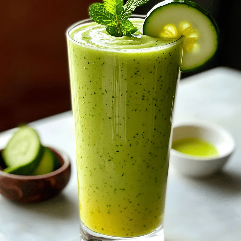 - 1 medium cucumber, peeled and diced - 1 cup fresh mint leaves, tightly packed - 1 ripe banana, sliced - 1 cup plain Greek yogurt (or dairy-free alternative) - 1 cup coconut water (or regular water) - 1 tablespoon honey or maple syrup (optional) - Juice of 1 lime, freshly squeezed - Ice cubes (optional) For yogurt, you can use almond or coconut yogurt as a dairy-free option. For sweeteners, both honey and maple syrup add great flavor. Honey is sweeter, while maple syrup gives a unique taste. Cucumber is low in calories and high in water. It keeps you hydrated and helps with digestion. Fresh mint not only adds a bright flavor but also aids digestion and freshens your breath. Greek yogurt is rich in protein, which helps build muscle and keeps you full longer. 1. First, prepare your cucumber. Peel it and dice it into small pieces. This helps it blend easily. 2. Next, slice your ripe banana into rounds. Set it aside for later. 3. Squeeze the juice from one lime into a small bowl. Make sure to catch any seeds. The lime adds a fresh zing to your drink. 1. Now it’s time to blend! In a high-speed blender, combine the diced cucumber, mint leaves, banana slices, Greek yogurt, and coconut water. 2. If you want a little sweetness, add honey or maple syrup. Then, pour in the lime juice you prepared earlier. 3. Blend everything on high speed until the mix is smooth and creamy. All the ingredients should be well combined. 4. If you like a colder drink, toss in some ice cubes. Blend again until the ice is crushed and mixed in. 5. Taste your smoothie. If you want more sweetness, slowly add extra honey or maple syrup. Blend briefly to mix it in. 1. Pour your smoothie into tall glasses. For a pretty touch, garnish each glass. A sprig of fresh mint or a slice of cucumber on the rim works great. 2. Use clear glassware to show off the beautiful green color. It makes your drink look even more appealing! Selecting ripe bananas is key for flavor. Look for bananas with a few brown spots. This shows they are sweet and ready to blend. Avoid green bananas, as they can taste starchy and bland. For fresh mint, you want bright, vibrant leaves. Check for any brown spots or wilting. It’s best to buy mint from a local market or grow your own if possible. Growing mint is easy and fun. Just keep it in a pot with good soil and water it regularly. To achieve a creamy texture, use plain Greek yogurt or a dairy-free option. Yogurt adds richness and helps bind the flavors. Make sure to blend on high speed. This ensures everything combines smoothly. If you prefer an icy consistency, add ice cubes before blending. Start with a handful and add more if needed. This gives your smoothie a frosty feel. Just be careful not to add too much, as it can dilute the taste. For low-calorie swaps, consider using yogurt alternatives like almond or coconut yogurt. These options can keep the flavor while cutting calories. They also work well for those who are lactose intolerant. When it comes to sweeteners, try natural options like honey or maple syrup. These provide a more authentic taste compared to refined sugars. If you want a healthier choice, use ripe bananas for sweetness instead. They blend well and are full of nutrients. For the full recipe, check the previous section! {{image_4}} You can boost the taste of your cucumber mint smoothie by adding fruits. Try berries, mango, or pineapple for a sweet twist. Each fruit adds its own unique flavor. For a green boost, mix in spinach or kale. These greens add nutrients without changing the taste much. They keep the smoothie fresh and healthy. Instead of coconut water, use almond milk for a creamier texture. Almond milk adds a nutty flavor that complements the mint. You can also create a smoothie bowl. Pour the smoothie into a bowl and add toppings like granola, seeds, or extra fruit. This makes your drink feel like a meal. Change things up with seasonal fruits. In summer, add peaches or berries. In fall or winter, consider apples or pears. These fruits add a cozy feel to the smoothie. You can also modify the recipe by adding spices like cinnamon or nutmeg. This makes the drink perfect for the colder months. For the complete recipe, check out the [Full Recipe]. To keep your cucumber mint smoothie fresh, store it in an airtight container. Use glass jars for the best results. Place the jar in the fridge right after making it. This helps retain its taste and texture. Your smoothie will last for about 24 hours. After that, it may lose some flavor and freshness. If you see any separation, just shake it up before drinking. You can prepare ingredients ahead of time. Peel and dice the cucumber and slice the banana. Store these in separate containers in the fridge. This way, you can make your smoothie faster. Another great idea is to freeze smoothie packs. Combine cucumber, mint, banana, and lime juice in bags. When you want a smoothie, just blend it with yogurt and coconut water. This saves time and keeps your smoothie cold. Don't throw away any leftover cucumber or mint! You can add cucumber slices to salads or sandwiches. Mint leaves are great in teas or as a garnish on desserts. If you have extra Greek yogurt, try mixing it with fruits for a tasty snack. You can also use it in dressings or dips. This way, nothing goes to waste and you enjoy more flavors in your meals. Yes, you can make this smoothie ahead of time. Store it in the fridge for up to 24 hours. Use an airtight container to keep it fresh. Shake or stir it well before drinking. The flavors will blend nicely as it sits. To make this smoothie vegan, simply swap Greek yogurt for a dairy-free alternative like almond or coconut yogurt. Use maple syrup instead of honey for sweetness. This way, you keep all the great flavors without animal products. You can use regular water instead of coconut water if you want a milder taste. Almond milk or oat milk are also great options. They add creaminess and flavor. This lets you customize the drink to your liking. To make your smoothie thicker, add more Greek yogurt or a frozen banana. You can also toss in some avocado for creaminess. Blend until smooth. This gives you a rich and satisfying drink. This post covered a refreshing smoothie recipe, perfect for warm days. You learned about the needed ingredients, helpful tips, and serving ideas. I shared health benefits and easy ways to modify the recipe. Remember, using fresh ingredients matters for flavor and nutrition. Don’t hesitate to get creative with fruits or adjust for the season. With a little prep, you can enjoy this tasty drink anytime. Make it your own, and have fun blending!